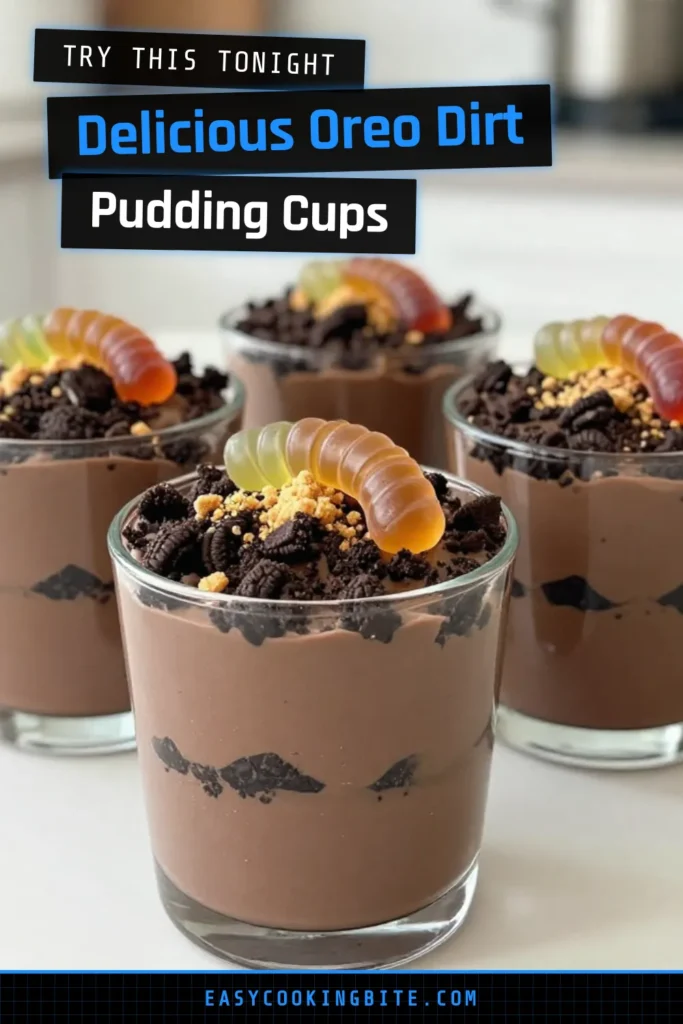 Indulge in these Oreo dirt pudding cups&mdash;a delightful no-bake Oreo dessert that's perfect for kids and adults alike! This easy dessert recipe features layers of creamy chocolate pudding and crushed Oreos, topped with edible soil and gummy worms for a fun presentation. Ready in just 20 minutes, it's an irresistible treat for any occasion. Try this chocolate pudding recipe today and watch your family enjoy every bite! #OreoDirtPuddingCups #EasyDessertRecipe #NoBakeDessert #FunDessertForKids