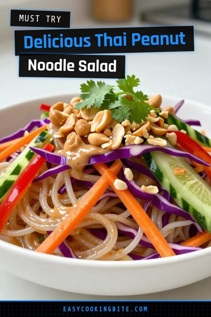 Looking for a refreshing and healthy meal? Try this Thai Peanut Noodle Salad! This vibrant rice noodle salad recipe combines crunchy veggies, creamy peanut sauce, and roasted peanuts for the perfect bite. Packed with flavor and easy to make, it&rsquo;s a must-try vegetarian noodle salad. Discover how to whip up this tasty peanut sauce recipe for a delightful healthy Asian salad. Save this recipe for your next meal! #ThaiPeanutNoodleSalad #HealthyEating #VegetarianRecipes #AsianCuisine