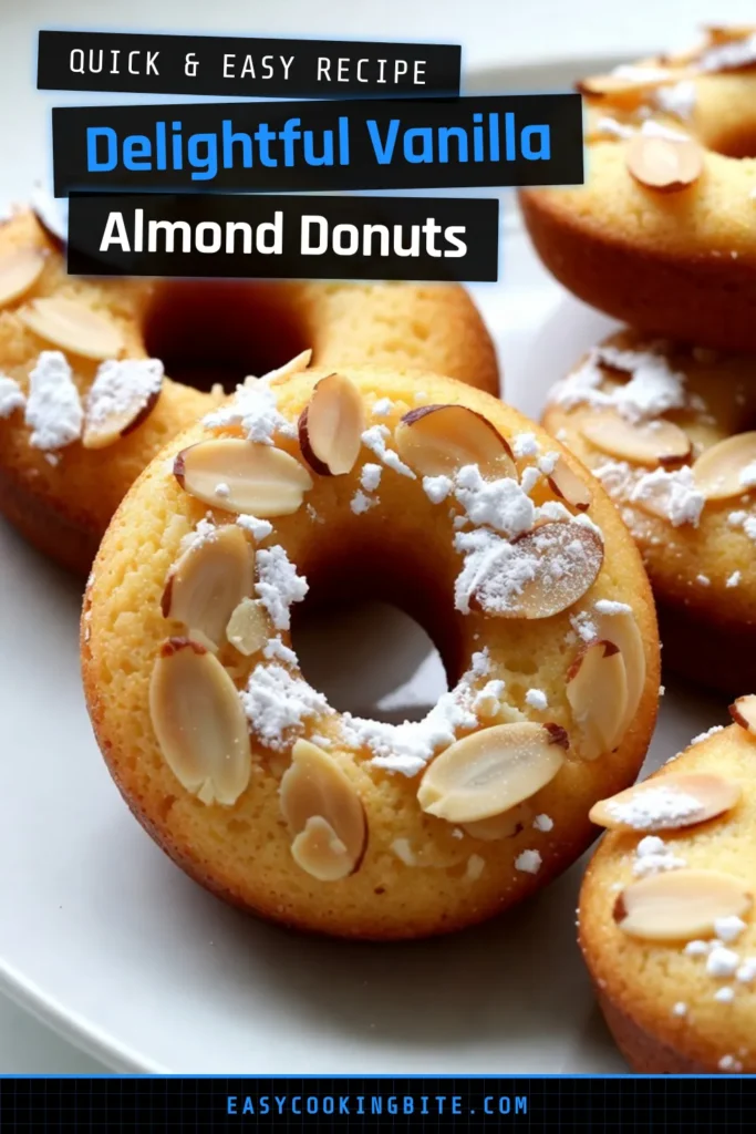 Indulge in the delightful taste of homemade vanilla almond cake donuts! This easy donut recipe features fluffy baked almond donuts, perfectly sweetened and topped with powdered sugar. Perfect for breakfast or a sweet treat, these vanilla donuts are a must-try. Ready in just 30 minutes, you'll love making this baked almond donuts recipe again and again. Save this recipe and delight your loved ones today! #VanillaAlmondDonuts #EasyDonutRecipe #BakedDonuts #HomemadeDonuts