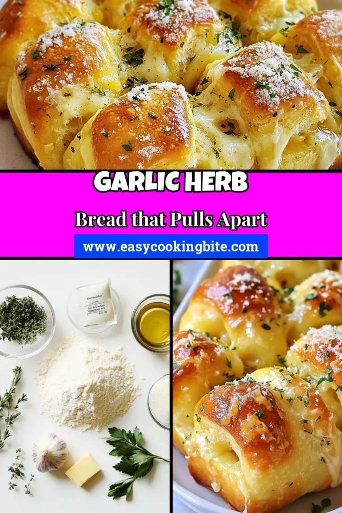 Discover the ultimate Garlic Herb Bread Recipe with this easy garlic pull-apart bread! This delightful Pull-Apart Bread with Garlic features a buttery, herb-infused dough that's perfect for sharing. Homemade garlic herb bread brings comfort to any meal. Learn how to make yeast bread with garlic and herbs that your family will love. Save this recipe today and enjoy the deliciousness! #GarlicHerbBread #PullApartBread #EasyGarlicBread #HomemadeBread