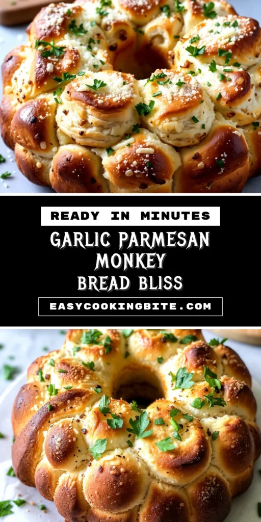 Indulge in this delicious Garlic Parmesan Monkey Bread, an easy monkey bread recipe perfect for any occasion. These baked garlic bread bites are made with simple ingredients, showcasing cheesy biscuit bread that everyone will love. Ideal for gatherings or as a comforting snack, this homemade monkey bread is sure to impress. Try it today and elevate your appetizer game! Save this recipe for later! #GarlicParmesanMonkeyBread #EasyMonkeyBreadRecipe #CheesyBiscuitBread #HomemadeMonkeyBread