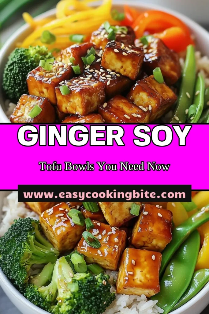 Discover a delicious and healthy tofu bowl recipe with these Ginger Soy Glazed Tofu Bowls! This vegan ginger tofu recipe is perfect for a quick tofu dinner or meal prep tofu bowls. Enjoy crispy, golden tofu coated in a flavorful ginger soy glaze, served over brown rice or quinoa with vibrant mixed vegetables. Try this easy recipe now and elevate your plant-based meals! Save and share for later! #VeganRecipes #HealthyEating #TofuBowls #MealPrepIdeas
