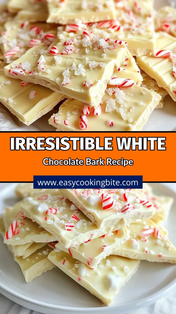 Indulge in the festive spirit with this easy Christmas dessert, White Chocolate Peppermint Bark! This homemade peppermint bark recipe makes for a delightful holiday candy. With just a few simple ingredients like white chocolate chips and crushed peppermint candies, you can create delicious white chocolate treats that everyone will love. Perfect for sharing or gifting, don't miss out on adding this treat to your holiday menu! Try it today! #WhiteChocolatePeppermintBark #EasyChristmasDessert #HolidayCandyRecipes #WhiteChocolateTreats