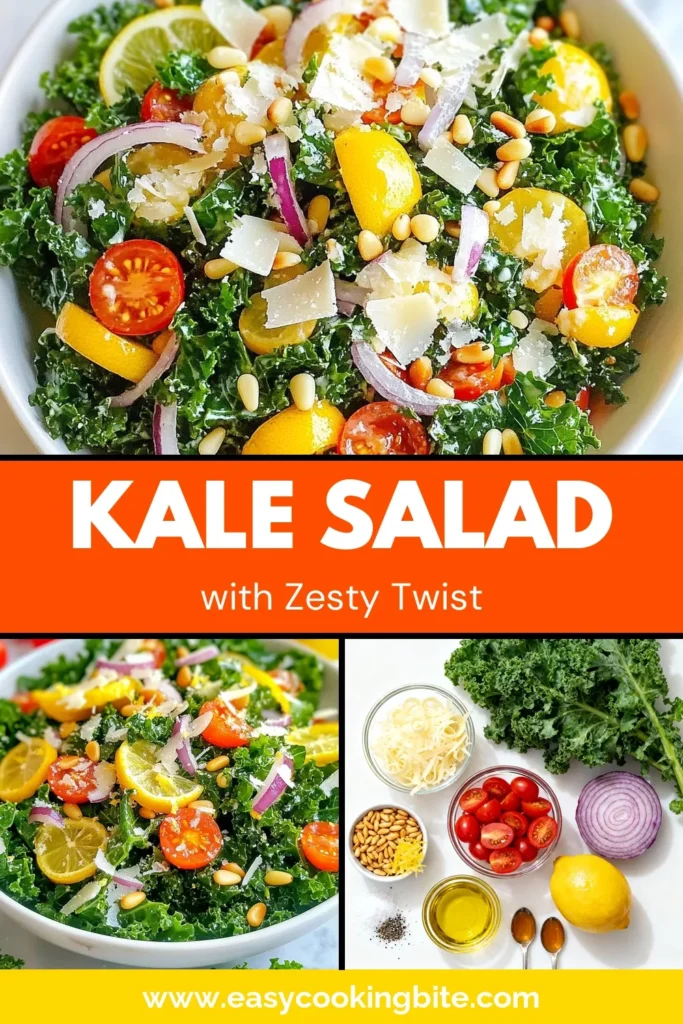 Experience the fresh and vibrant flavors of this Lemon Parmesan Kale Salad, an easy kale salad that's both delicious and nutrient-dense. Perfect as a side or a light meal, this healthy kale recipe combines massaged kale with a bright lemon dressing, cherry tomatoes, red onions, and toasted pine nuts. Whip it up in just 25 minutes and enjoy a tasty way to boost your veggie intake. Save this recipe for your next healthy meal! #LemonParmesanKaleSalad #HealthyKaleRecipes #EasyKaleSalad #NutrientDenseSalad