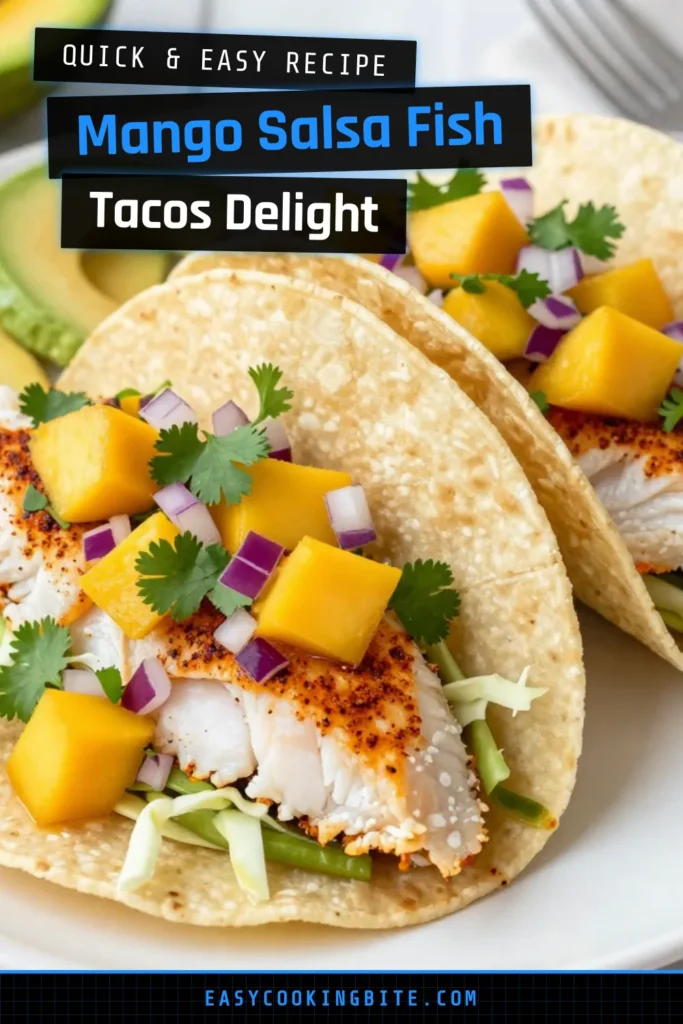 Discover the ultimate Mango Salsa Fish Tacos recipe that's both easy and healthy! This vibrant dish features flaky white fish topped with fresh mango salsa, creamy avocado, and crunchy cabbage&mdash;all wrapped in warm corn tortillas. Perfect for a quick weeknight dinner, these avocado fish tacos are sure to impress. Try this easy fish taco recipe today, and save it for your next meal! #MangoSalsaFishTacos #HealthyEating #FishTacos #QuickRecipes