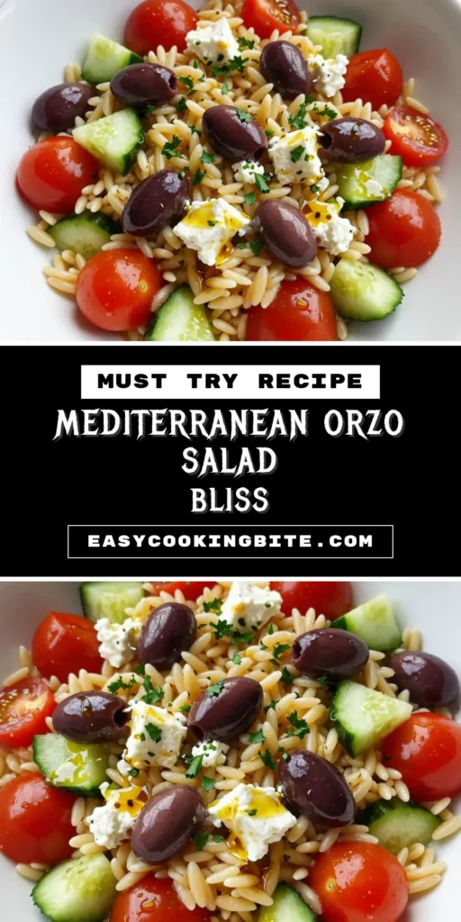 Dive into this delicious Mediterranean orzo salad, the perfect healthy pasta salad recipe for summer gatherings! Packed with fresh ingredients like feta cheese, cherry tomatoes, and Kalamata olives, this easy summer salad is a delightful addition to your Mediterranean diet recipes. Perfectly seasoned and quick to prepare, it's sure to impress. Save this recipe and enjoy a taste of the Mediterranean! #OrzoPastaSalad #HealthyEating #SummerRecipes #MediterraneanDiet