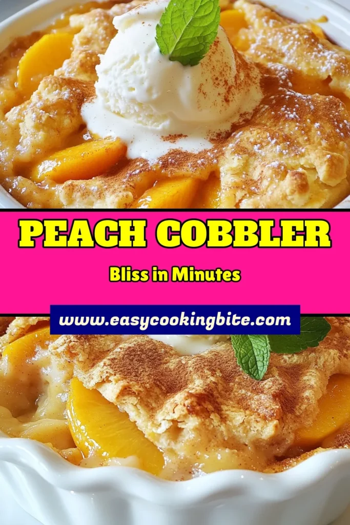 Indulge in the delight of this easy peach dessert with our mouthwatering fresh peach cobbler recipe. Perfect for summer gatherings, this baked peach cobbler features ripe peaches, a buttery crust, and warm spices. Ready in just 55 minutes, it's a homemade peach cobbler that everyone will love. Serve it warm with vanilla ice cream for an ultimate treat! Try this delicious summer peach dessert today. #PeachCobbler #EasyPeachDessert #SummerRecipes #HomemadeDesserts