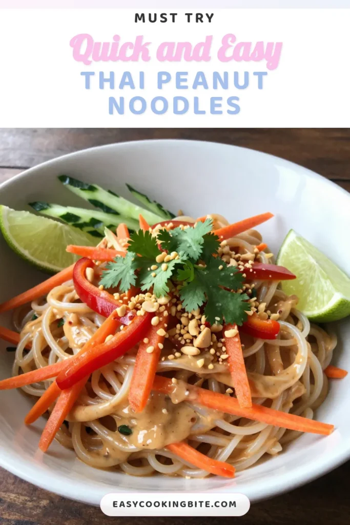 Looking for a quick and flavorful meal? Try these Spicy Thai Peanut Noodles, an easy Asian noodle dish perfect for any occasion! This Rice Noodle Recipe features a creamy Thai peanut sauce that combines the bold flavors of peanut butter, soy sauce, and sriracha. Ideal for vegetarians, these Vegetarian Thai Noodles come together in just 25 minutes. Save this recipe for your next dinner! #SpicyThaiPeanutNoodles #ThaiPeanutSauce #EasyNoodleDish #VegetarianRecipes