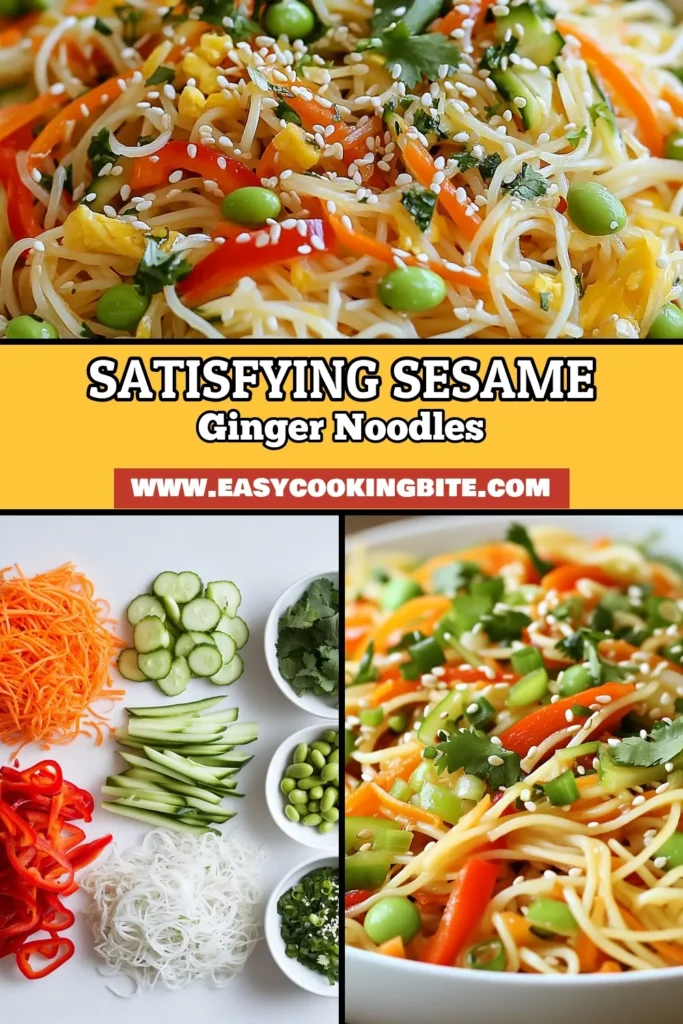 Discover the refreshing taste of our Sesame Ginger Noodle Salad! This delicious Rice Noodle Salad recipe is perfect for a quick meal and is a Healthy Asian Salad that everyone will love. Enjoy this Cold Noodle Salad packed with vibrant vegetables and make it a Vegan Salad with Sesame Dressing by using agave syrup. Easy to make and bursting with flavor, save this recipe for your next meal! #NoodleSalad #VeganRecipes #HealthyEating #AsianCuisine