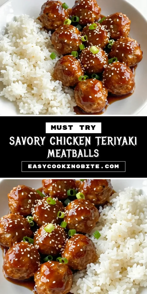 Discover the deliciousness of Chicken Teriyaki Meatballs! This easy teriyaki meatballs recipe featuring ground chicken is perfect for quick dinner ideas. With simple ingredients like garlic, ginger, and teriyaki sauce, you can whip up an amazing Asian meatball recipe in just 25 minutes. Ideal for busy weeknights! Try this recipe and elevate your mealtime. Save this post for later! #ChickenTeriyakiMeatballs #GroundChickenRecipes #EasyTeriyakiMeatballs #AsianMeatballRecipe