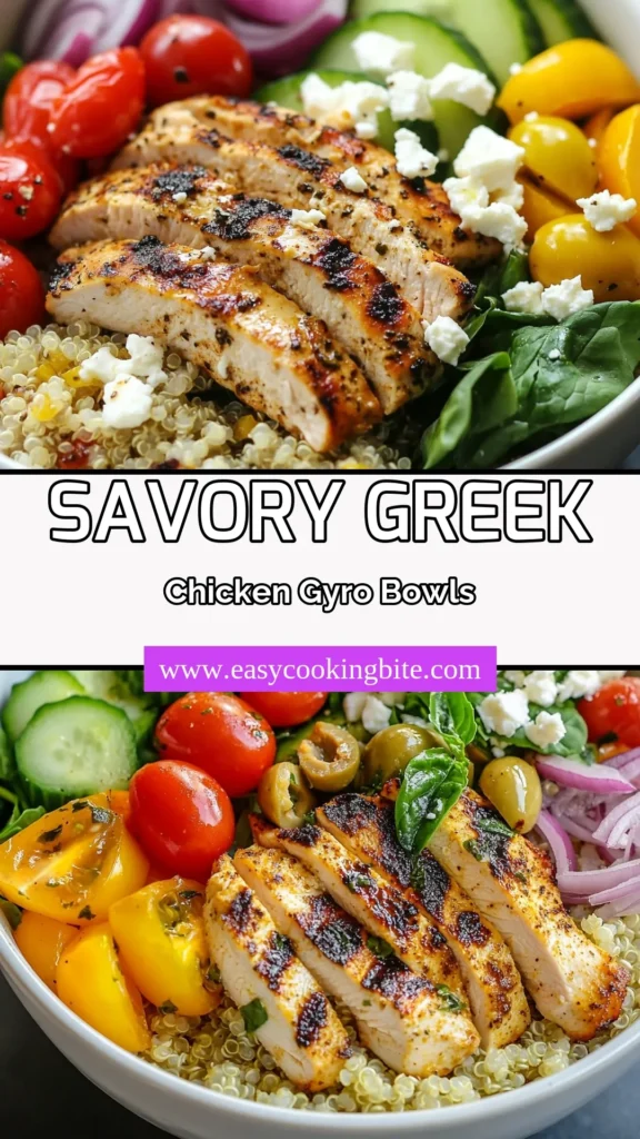 Discover the deliciousness of Greek chicken gyro bowls, a perfect blend of flavor and nutrition. This easy gyro recipe features grilled chicken with tzatziki, served atop Mediterranean quinoa bowls bursting with fresh veggies. Ideal for healthy chicken recipes, this dish is sure to impress. Try this simple, satisfying meal today! Save this recipe for fast weekday dinners or a fresh weekend feast! #GreekChickenGyroBowls #HealthyRecipes #MediterraneanFood #EasyDinners