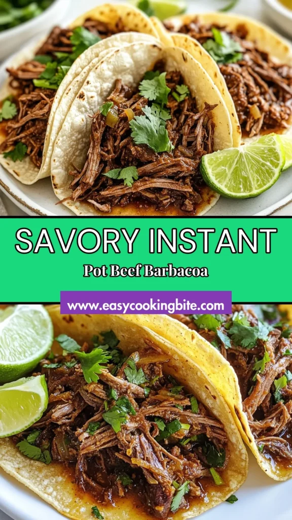 Discover the ultimate beef barbacoa recipe that's perfect for your next taco night! This Instant Pot barbacoa is a game-changer, cooking tender, flavorful shredded beef in a fraction of the time. Ideal for shredded beef tacos, this Mexican beef recipe is sure to impress! Whether you use an Instant Pot or a slow cooker, this dish will be a hit. Try it today and elevate your meal! Save this recipe for delicious barbacoa inspiration! #BeefBarbacoa #InstantPotBarbacoa #ShreddedBeefTacos #MexicanBeefRecipes