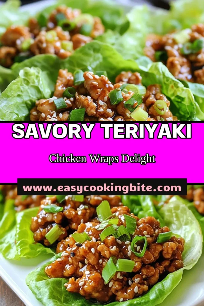 Discover this delicious Teriyaki Chicken recipe featuring healthy chicken wraps that are perfect for a quick dinner! Made with low sodium teriyaki sauce, these Lettuce Wraps are filled with savory ground chicken, water chestnuts, and fresh veggies. Perfect for a healthy meal that the whole family will love. Try it out tonight and enjoy a flavorful, nutritious dish! Save this recipe for later! #TeriyakiChicken #HealthyWraps #QuickDinnerIdeas #LowSodiumCooking