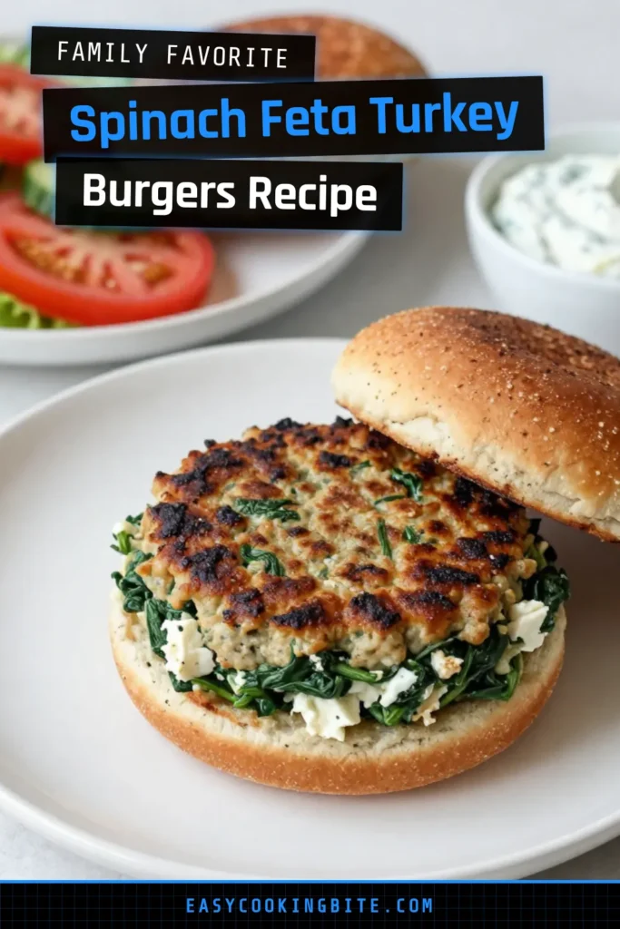 Looking for a delicious and nutritious meal? Try these Spinach Feta Turkey Burgers! This healthy turkey burger recipe blends ground turkey with fresh spinach and creamy feta cheese for a low-calorie burger recipe bursting with flavor. Perfect as a quick dinner option, these ground turkey burgers with spinach are easy to make and packed with protein. Save this recipe for a tasty and healthy twist on classic burgers! #HealthyEating #TurkeyBurgers #LowCalorieRecipes #MealPrepIdeas