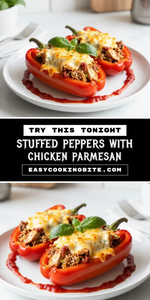 Discover a flavorful twist with Chicken Parmesan stuffed peppers! This ground chicken bell peppers recipe delivers a healthy and delicious meal that's easy to prepare. Packed with quinoa and topped with melty cheese, these Italian stuffed peppers are perfect for any night. Try this healthy stuffed bell peppers recipe today for a nutritious family favorite. Pin it now and delight in every bite! #HealthyRecipes #StuffedPeppers #ChickenParmesan #ItalianCuisine
