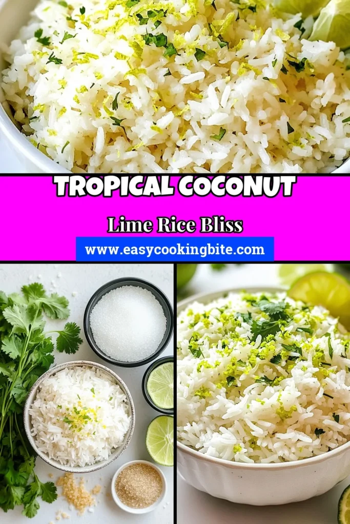 Elevate your meals with this delicious Coconut Lime Rice recipe! This easy coconut rice dish combines aromatic jasmine rice with creamy coconut milk and zesty lime for a tropical side that perfectly complements any main course. In just 30 minutes, you can whip up this lime zest rice recipe that serves 4. Ideal for family dinners or gatherings, it's a must-try tropical treat. Save this pin for an unforgettable dish! #CoconutLimeRice #JasmineRiceWithCoconutMilk #EasyCoconutRiceDish #TropicalSideDish