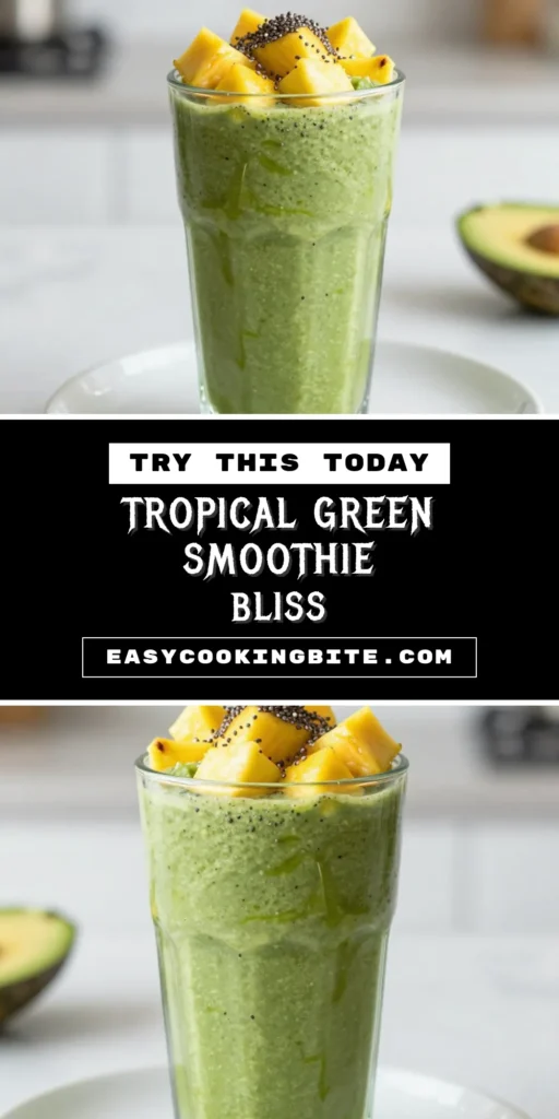 Revitalize your day with this delicious tropical green smoothie! This healthy spinach smoothie combines fresh spinach, ripe banana, and a vibrant mix of pineapple and mango for a refreshing twist. Blended with coconut water, this avocado smoothie recipe is packed with nutrients and flavor. Perfect for breakfast or a snack, it's an easy way to enjoy a tropical treat! Save this pineapple mango smoothie recipe and blend up a healthy delight today! #TropicalGreenSmoothie #HealthySpinachSmoothie #CoconutWaterSmoothie #AvocadoSmoothieRecipe