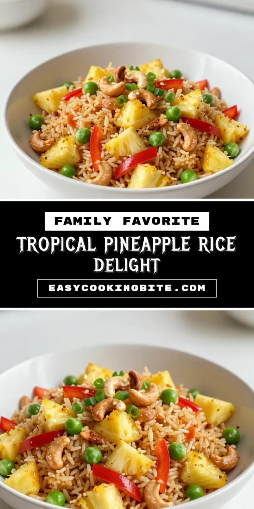 Indulge in this delicious tropical fried rice recipe that features fresh pineapple for a burst of flavor! This easy fried rice is a vegan tropical rice dish made with jasmine rice, bell peppers, and crispy cashews. Perfect for a quick meal, this pineapple fried rice can be ready in just 25 minutes. Save this recipe for a refreshing twist on your dinner routine! #TropicalFriedRice #PineappleFriedRice #JasmineRiceRecipe #EasyFriedRice