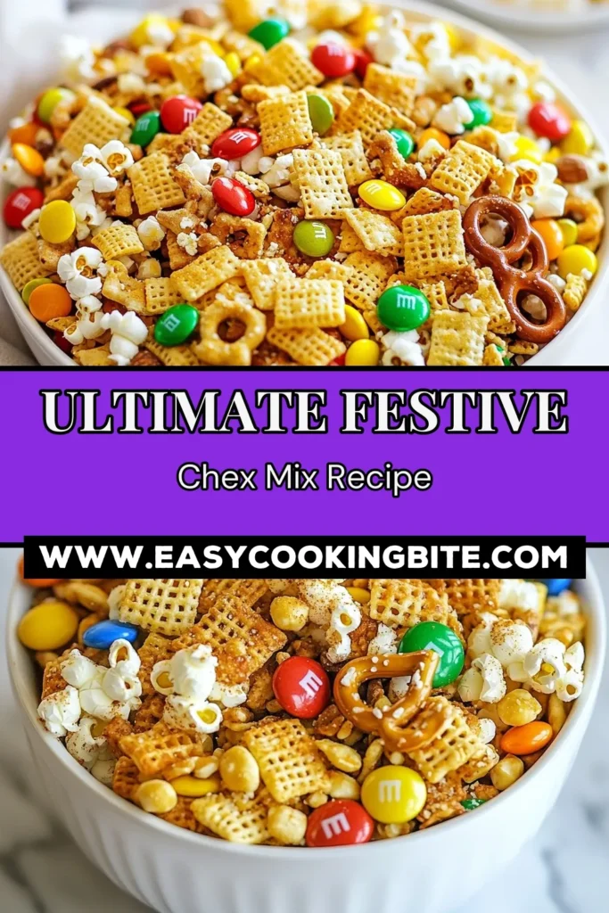 Celebrate the holidays with this delicious holiday Chex mix recipe! Perfect as a festive snack mix for your gatherings, this homemade Chex mix is loaded with Rice Chex, Corn Chex, and Wheat Chex, plus pretzels, mixed nuts, and holiday M&M's for a delightful twist. Ideal for holiday party snacks, this crunchy treat will be a hit! Try this easy recipe and make your festivities even more special. Save this post for later! #HolidayChexMix #FestiveSnackMix #ChexMixWithMMs #HomemadeChexMix