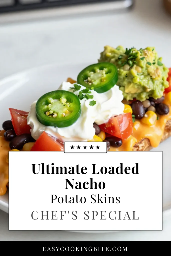 Get ready for the ultimate snack with these loaded nacho potato skins! This cheesy recipe combines cheese stuffed potato skins with delicious black beans, corn, and jalape&ntilde;os for the perfect vegetarian nacho snacks. Try this jalape&ntilde;o potato skins recipe that's a must-try for your next gathering! These baked potato skin appetizers are easy to make and will impress your guests. Save this recipe for a tasty treat! #LoadedNachoPotatoSkins #VegetarianNachoSnacks #BakedPotatoSkinAppetizers #JalapenoPotatoSkinsRecipe