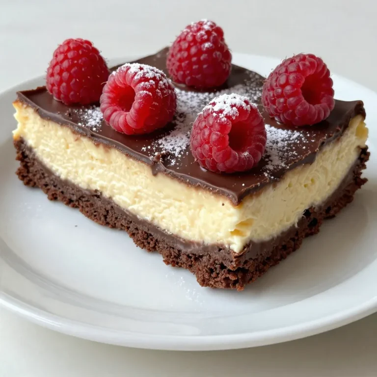 - 1/2 cup unsalted butter - 1 cup granulated sugar - 2 large eggs - 1 teaspoon vanilla extract - 1/3 cup unsweetened cocoa powder - 1/2 cup all-purpose flour - 1/4 teaspoon salt - 1/4 teaspoon baking powder - 1 cup fresh raspberries To make the brownie base, start with unsalted butter. This gives the brownies a rich flavor. You will need 1/2 cup, melted. Next, grab 1 cup of granulated sugar. This adds sweetness and helps with texture. Add in 2 large eggs. They provide moisture and richness. A teaspoon of vanilla extract gives a warm, sweet note. The cocoa powder, at 1/3 cup, gives the brownies their chocolatey base. For the dry mix, use 1/2 cup of all-purpose flour. This helps bind the brownies. You’ll also need a pinch of salt (1/4 teaspoon) to enhance flavor. The baking powder (1/4 teaspoon) helps the brownies rise. Lastly, toss in 1 cup of fresh raspberries. They add a tart burst that balances the sweetness. - 8 oz cream cheese - 1/4 cup granulated sugar - 1 large egg - 1 teaspoon vanilla extract - 1/2 cup fresh raspberries (for swirls) The cheesecake layer starts with 8 oz of softened cream cheese. This creates a creamy, dreamy texture. Add 1/4 cup of granulated sugar for sweetness. It helps balance the tartness of the raspberries. Next, use 1 large egg. This adds richness and helps set the cheesecake. A teaspoon of vanilla extract adds a lovely aroma. For the swirls, you’ll need 1/2 cup of fresh raspberries. These make the cheesecake layer pop with color and flavor. With these ingredients, you create a delightful treat. The contrast of chocolate brownies and creamy cheesecake is simply divine. {{ingredient_image_1}} 1. Step 1: Preheat and prepare the baking pan Start by preheating your oven to 350°F (175°C). Grease an 8x8 inch baking pan or line it with parchment paper for easy removal later. 2. Step 2: Mixing butter and sugar In a bowl, mix 1/2 cup of melted unsalted butter with 1 cup of granulated sugar. Whisk until the mixture is smooth and creamy. 3. Step 3: Adding eggs and vanilla extract Add 2 large eggs to the bowl, one at a time. Mix in 1 teaspoon of vanilla extract. Beat until well combined. 4. Step 4: Combining cream cheese and sugar In another bowl, combine 8 oz of softened cream cheese with 1/4 cup of granulated sugar. Mix until smooth. 5. Step 5: Incorporating egg and vanilla extract Add 1 large egg and 1 teaspoon of vanilla extract to the cream cheese mixture. Blend until it’s creamy and free of lumps. 6. Step 6: Preparing for the swirl Reserve 1/2 cup of fresh raspberries for swirling later. You will use them to create beautiful patterns in your cheesecake layer. 7. Step 7: Pouring half of the brownie mix Pour half of the brownie batter into your prepared baking pan. Spread it evenly across the bottom to form a solid base. 8. Step 8: Layering cream cheese and raspberries Drop spoonfuls of the cream cheese mixture over the brownie layer. Scatter half of the fresh raspberries on top. 9. Step 9: Finishing the top layer and swirling Pour the remaining brownie batter over the cream cheese layer. Add more spoonfuls of the cream cheese mixture and the remaining raspberries. Swirl gently with a knife. 10. Step 10: Baking instructions Bake in the preheated oven for about 30-35 minutes. Check if a toothpick comes out with a few moist crumbs. 11. Step 11: Cooling down and refrigerating Let the brownies cool in the pan for a bit. Then, refrigerate for at least 2 hours before cutting them into squares. To make the best brownies, avoid overmixing. Mix just until you see no dry flour. This keeps your brownies soft and chewy. For a smooth cheesecake layer, blend the cream cheese well. Make sure it's soft first. Add sugar, egg, and vanilla, then mix until creamy. This will help you achieve a nice, even layer. Garnish your brownies with powdered sugar. This adds a nice touch and looks great. You can also serve them with a scoop of ice cream or a dollop of whipped cream. The cold creaminess pairs well with the rich chocolate and tangy raspberries. Store your brownies in the fridge. Use an airtight container to keep them fresh. They taste best within three days. If you want to reheat them, warm them in the microwave for just a few seconds. This makes them soft and gooey again, perfect for enjoying. Pro Tips Use Room Temperature Cream Cheese: This ensures a smoother cheesecake layer, making it easier to swirl into the brownie batter. Don’t Overmix the Brownie Batter: Overmixing can lead to dense brownies. Fold just until the ingredients are combined for a fudgier texture. Fresh Raspberries are Key: Using fresh raspberries instead of frozen ones will give your brownies a bright flavor and lovely texture. Chill Before Serving: Allowing the brownies to chill in the refrigerator for a couple of hours helps set the layers and enhances the flavor. {{image_2}} You can play with flavors in your Raspberry Cheesecake Brownies. Try using different berries like blueberries or strawberries for a fresh twist. These berries will add unique tastes and colors. If you want to switch up the chocolate, you can use dark or white chocolate. Each type brings its own charm to the brownies. For those who need gluten-free treats, you can use almond flour or coconut flour. These flours work well and give great results. Just remember to adjust the baking time a bit. Gluten-free baking can be tricky, but it’s worth it for these brownies! Swirling the cheesecake layer can be fun. You can create different designs by using a knife or toothpick. Just draw gentle lines through the cream cheese and brownie layers. For a marble effect, make sure to swirl lightly. This will make your brownies look amazing and taste even better! To keep your Raspberry Cheesecake Brownies fresh, use an airtight container. This helps prevent them from drying out. Store them at room temperature for up to three days. If you want them to last longer, place them in the fridge. They will stay fresh in the fridge for about a week. If you want to freeze your brownies, wrap them tightly in plastic wrap. Then, place them in a freezer-safe bag. They can stay frozen for up to three months. When you're ready to enjoy them, take them out and let them thaw in the fridge overnight. This keeps the taste and texture just right. To check if your brownies are done, use a toothpick. Insert it into the center of the pan. If it comes out with a few moist crumbs, the brownies are ready. Look for a slightly firm texture on the top. The edges should pull away from the pan a bit, too. Yes, you can use frozen raspberries. They work well in this recipe. However, be aware that they may add extra moisture. This could change the texture a little. If you use frozen berries, do not thaw them. Add them straight from the freezer to keep the brownies firm. If you have leftover cream cheese mixture, don’t waste it! You can use it to make a small cheesecake. Just pour it into a crust and bake. You might also add it to pancakes or waffles for a tasty topping. Another idea is to mix it into yogurt for a sweet treat. In this post, I shared how to make delicious raspberry cheesecake brownies. We covered the key ingredients for both the brownie and cheesecake layers, along with simple, step-by-step instructions. I included essential tips for perfecting your brownies, serving ideas, and even storage advice. Remember, using fresh ingredients makes a big difference in taste. Enjoy experimenting with flavors and sharing these treats. You’ll impress friends and family with your baking skills! Trust me, these brownies are worth making.