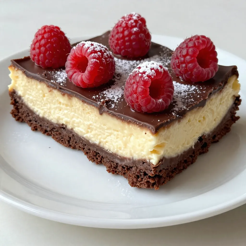 - 1/2 cup unsalted butter - 1 cup granulated sugar - 2 large eggs - 1 teaspoon vanilla extract - 1/3 cup unsweetened cocoa powder - 1/2 cup all-purpose flour - 1/4 teaspoon salt - 1/4 teaspoon baking powder - 1 cup fresh raspberries To make the brownie base, start with unsalted butter. This gives the brownies a rich flavor. You will need 1/2 cup, melted. Next, grab 1 cup of granulated sugar. This adds sweetness and helps with texture. Add in 2 large eggs. They provide moisture and richness. A teaspoon of vanilla extract gives a warm, sweet note. The cocoa powder, at 1/3 cup, gives the brownies their chocolatey base. For the dry mix, use 1/2 cup of all-purpose flour. This helps bind the brownies. You’ll also need a pinch of salt (1/4 teaspoon) to enhance flavor. The baking powder (1/4 teaspoon) helps the brownies rise. Lastly, toss in 1 cup of fresh raspberries. They add a tart burst that balances the sweetness. - 8 oz cream cheese - 1/4 cup granulated sugar - 1 large egg - 1 teaspoon vanilla extract - 1/2 cup fresh raspberries (for swirls) The cheesecake layer starts with 8 oz of softened cream cheese. This creates a creamy, dreamy texture. Add 1/4 cup of granulated sugar for sweetness. It helps balance the tartness of the raspberries. Next, use 1 large egg. This adds richness and helps set the cheesecake. A teaspoon of vanilla extract adds a lovely aroma. For the swirls, you’ll need 1/2 cup of fresh raspberries. These make the cheesecake layer pop with color and flavor. With these ingredients, you create a delightful treat. The contrast of chocolate brownies and creamy cheesecake is simply divine. {{ingredient_image_1}} 1. Step 1: Preheat and prepare the baking pan Start by preheating your oven to 350°F (175°C). Grease an 8x8 inch baking pan or line it with parchment paper for easy removal later. 2. Step 2: Mixing butter and sugar In a bowl, mix 1/2 cup of melted unsalted butter with 1 cup of granulated sugar. Whisk until the mixture is smooth and creamy. 3. Step 3: Adding eggs and vanilla extract Add 2 large eggs to the bowl, one at a time. Mix in 1 teaspoon of vanilla extract. Beat until well combined. 4. Step 4: Combining cream cheese and sugar In another bowl, combine 8 oz of softened cream cheese with 1/4 cup of granulated sugar. Mix until smooth. 5. Step 5: Incorporating egg and vanilla extract Add 1 large egg and 1 teaspoon of vanilla extract to the cream cheese mixture. Blend until it’s creamy and free of lumps. 6. Step 6: Preparing for the swirl Reserve 1/2 cup of fresh raspberries for swirling later. You will use them to create beautiful patterns in your cheesecake layer. 7. Step 7: Pouring half of the brownie mix Pour half of the brownie batter into your prepared baking pan. Spread it evenly across the bottom to form a solid base. 8. Step 8: Layering cream cheese and raspberries Drop spoonfuls of the cream cheese mixture over the brownie layer. Scatter half of the fresh raspberries on top. 9. Step 9: Finishing the top layer and swirling Pour the remaining brownie batter over the cream cheese layer. Add more spoonfuls of the cream cheese mixture and the remaining raspberries. Swirl gently with a knife. 10. Step 10: Baking instructions Bake in the preheated oven for about 30-35 minutes. Check if a toothpick comes out with a few moist crumbs. 11. Step 11: Cooling down and refrigerating Let the brownies cool in the pan for a bit. Then, refrigerate for at least 2 hours before cutting them into squares. To make the best brownies, avoid overmixing. Mix just until you see no dry flour. This keeps your brownies soft and chewy. For a smooth cheesecake layer, blend the cream cheese well. Make sure it's soft first. Add sugar, egg, and vanilla, then mix until creamy. This will help you achieve a nice, even layer. Garnish your brownies with powdered sugar. This adds a nice touch and looks great. You can also serve them with a scoop of ice cream or a dollop of whipped cream. The cold creaminess pairs well with the rich chocolate and tangy raspberries. Store your brownies in the fridge. Use an airtight container to keep them fresh. They taste best within three days. If you want to reheat them, warm them in the microwave for just a few seconds. This makes them soft and gooey again, perfect for enjoying. Pro Tips Use Room Temperature Cream Cheese: This ensures a smoother cheesecake layer, making it easier to swirl into the brownie batter. Don’t Overmix the Brownie Batter: Overmixing can lead to dense brownies. Fold just until the ingredients are combined for a fudgier texture. Fresh Raspberries are Key: Using fresh raspberries instead of frozen ones will give your brownies a bright flavor and lovely texture. Chill Before Serving: Allowing the brownies to chill in the refrigerator for a couple of hours helps set the layers and enhances the flavor. {{image_2}} You can play with flavors in your Raspberry Cheesecake Brownies. Try using different berries like blueberries or strawberries for a fresh twist. These berries will add unique tastes and colors. If you want to switch up the chocolate, you can use dark or white chocolate. Each type brings its own charm to the brownies. For those who need gluten-free treats, you can use almond flour or coconut flour. These flours work well and give great results. Just remember to adjust the baking time a bit. Gluten-free baking can be tricky, but it’s worth it for these brownies! Swirling the cheesecake layer can be fun. You can create different designs by using a knife or toothpick. Just draw gentle lines through the cream cheese and brownie layers. For a marble effect, make sure to swirl lightly. This will make your brownies look amazing and taste even better! To keep your Raspberry Cheesecake Brownies fresh, use an airtight container. This helps prevent them from drying out. Store them at room temperature for up to three days. If you want them to last longer, place them in the fridge. They will stay fresh in the fridge for about a week. If you want to freeze your brownies, wrap them tightly in plastic wrap. Then, place them in a freezer-safe bag. They can stay frozen for up to three months. When you're ready to enjoy them, take them out and let them thaw in the fridge overnight. This keeps the taste and texture just right. To check if your brownies are done, use a toothpick. Insert it into the center of the pan. If it comes out with a few moist crumbs, the brownies are ready. Look for a slightly firm texture on the top. The edges should pull away from the pan a bit, too. Yes, you can use frozen raspberries. They work well in this recipe. However, be aware that they may add extra moisture. This could change the texture a little. If you use frozen berries, do not thaw them. Add them straight from the freezer to keep the brownies firm. If you have leftover cream cheese mixture, don’t waste it! You can use it to make a small cheesecake. Just pour it into a crust and bake. You might also add it to pancakes or waffles for a tasty topping. Another idea is to mix it into yogurt for a sweet treat. In this post, I shared how to make delicious raspberry cheesecake brownies. We covered the key ingredients for both the brownie and cheesecake layers, along with simple, step-by-step instructions. I included essential tips for perfecting your brownies, serving ideas, and even storage advice. Remember, using fresh ingredients makes a big difference in taste. Enjoy experimenting with flavors and sharing these treats. You’ll impress friends and family with your baking skills! Trust me, these brownies are worth making.