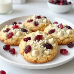 - 1 cup unsalted butter - 3/4 cup packed brown sugar - 1/2 cup granulated sugar - 1 large egg - 1 teaspoon vanilla extract - 2 cups all-purpose flour - 1 teaspoon baking soda - 1/2 teaspoon salt - 1 cup white chocolate chips - 1 cup dried cranberries - Zest of 1 orange (optional) To make these white chocolate cranberry cookies, gather these simple ingredients. You'll need butter, sugars, and an egg to create a rich base. The vanilla extract adds warmth and flavor. The flour, baking soda, and salt are key to the cookie's structure. White chocolate chips bring creaminess, while dried cranberries add a tart punch. Don't forget the orange zest! It adds a bright citrus note that makes these cookies shine. - Orange zest - Additional white chocolate for garnish Using extra orange zest will enhance the flavor. You can also add more white chocolate for a lovely finish. This will make your cookies even tastier and more appealing. - Butter substitutions (e.g., margarine) - Sugar alternatives (e.g., coconut sugar) - Gluten-free flour options If you need to substitute, consider margarine for butter. Coconut sugar works well instead of brown or white sugar. For gluten-free cookies, use a gluten-free flour blend. These swaps will keep your cookies delicious and enjoyable! {{ingredient_image_1}} - Preheat your oven to 350&deg;F (175&deg;C). Line a baking sheet with parchment paper. - In a large bowl, cream together 1 cup of softened unsalted butter, 3/4 cup of packed brown sugar, and 1/2 cup of granulated sugar. Do this until it looks light and fluffy. - Add 1 large egg and 1 teaspoon of vanilla extract to the mixture. Beat well until combined. - In another bowl, whisk together 2 cups of all-purpose flour, 1 teaspoon of baking soda, and 1/2 teaspoon of salt. - Gradually mix the dry ingredients into the wet ingredients. Stir until just combined; do not over-mix. - Gently fold in 1 cup of white chocolate chips and 1 cup of dried cranberries. If you want a citrus twist, add the zest of 1 orange. - Use a cookie scoop or tablespoon to drop balls of dough onto your prepared baking sheet. Space them about 2 inches apart. - Bake the cookies in the preheated oven for 10-12 minutes. Look for lightly golden edges while the centers remain soft. - The cookies will continue to cook a bit after you take them out of the oven. - Allow the cookies to cool on the baking sheet for about 5 minutes. This helps them set before moving. - Carefully transfer the cookies to a wire rack to cool completely. - For a lovely presentation, arrange the cookies on a decorative plate. Add some extra cranberries and white chocolate shavings around them. Enjoy these cookies with a glass of milk! To get the perfect cookie texture, start with softened butter. It helps create a light, fluffy mix. Measure your flour correctly by spooning it into the cup, then leveling it off. Too much flour leads to dry cookies. Don't over-mix your dough; mix until just combined. This keeps the cookies soft and chewy. For even baking, space your cookie dough balls about 2 inches apart. This allows hot air to flow around each cookie. Rotate your baking sheet halfway through the baking time. This ensures each cookie bakes evenly. Want richer flavor? Add the zest of one orange for a fresh twist. You can also add a pinch of cinnamon for warmth. It pairs nicely with the cranberries and white chocolate. Consider incorporating nuts like pecans or walnuts. They will add a nice crunch and make the cookies more filling. Mix in about half a cup for great texture. Display your cookies on a decorative plate for a charming look. Sprinkle a few extra cranberries and white chocolate shavings around for flair. Pair these cookies with a glass of cold milk or a warm cup of tea. For an extra touch, garnish with fresh cranberries or a light dusting of powdered sugar. This adds a pop of color and makes them look even more inviting. Pro Tips Chill the Dough: For thicker cookies, refrigerate the dough for at least 30 minutes before baking. This helps prevent them from spreading too much in the oven. Use Fresh Ingredients: Ensure your baking soda is fresh for the best rise and texture. Old baking soda can result in flat cookies. Perfect Baking Time: Keep an eye on the cookies as they bake. The edges should be golden, while the centers remain soft; they will continue to cook on the baking sheet after being removed from the oven. Storage Tip: Store cookies in an airtight container at room temperature for up to a week. For longer freshness, freeze them in a single layer and transfer to a freezer bag. {{image_2}} You can change up the flavor of your cookies in fun ways. Adding nuts like pecans or walnuts gives a nice crunch. These nuts pair well with the sweet white chocolate and tart cranberries. Want something richer? Make it double chocolate! Just mix in some cocoa powder. This twist adds a deep, chocolatey flavor that pairs perfectly with the white chocolate. You can also swap out the cranberries for other dried fruits. Dried cherries or blueberries work great. They add a nice touch and change the taste a bit. If you're looking for vegan options, you can use plant-based butter and a flax egg instead of regular egg. This keeps the cookies soft and tasty while being dairy-free. For gluten-free cookies, substitute the all-purpose flour with a gluten-free blend. Make sure it has xanthan gum to help with texture. If you're watching your sugar intake, try using a sugar substitute. Erythritol or stevia can lower the sugar content without losing sweetness. These options can help make low-sugar or keto-friendly cookies. You can also change your cookies for the seasons. For the holidays, add peppermint extract for a festive flavor. Peppermint and white chocolate are a perfect match. In the summer, think about adding citrus fruits. Lemon or lime zest can bring a fresh burst of flavor. This twist makes the cookies light and refreshing, perfect for warm days. To keep your white chocolate cranberry cookies fresh, follow these tips: - Room Temperature: Store cookies in a cool, dry place. Use a plate or a container with a lid. - Airtight Containers: An airtight container helps prevent cookies from drying out. This keeps them soft and tasty. - Freezing Cookies: For longer storage, freeze cookies. Place them in a single layer on a baking sheet. Once frozen, transfer them to a freezer bag. How long do these cookies last? When stored well, they last about one week at room temperature. If frozen, they can last up to three months. Look for these signs of freshness: - Color: A bright color shows they are fresh. - Smell: A sweet and fruity scent indicates they are still good. To enjoy cookies warm and soft, reheating works wonders. Here are some tips: - Microwave: Heat one cookie for about 10 seconds. Check if it&rsquo;s warm enough. - Oven: Preheat the oven to 350&deg;F (175&deg;C). Place cookies on a baking sheet and heat for 5 minutes. This keeps them soft and delicious. To stop cookies from spreading, chill your dough for at least 30 minutes. This helps keep the shape. Use good-quality butter and measure flour correctly. Too much sugar can also cause spreading. Yes, you can make the dough ahead of time. Store it in the fridge for up to three days. For longer storage, freeze the dough. Just scoop the dough into balls before freezing. When ready, bake straight from the freezer, adding a minute or two to the baking time. Your cookies are done when the edges turn lightly golden. The centers should look soft and puffy. They will firm up as they cool. Keep an eye on them during the last few minutes of baking. Absolutely! You can use dark chocolate in place of white chocolate. It gives a richer taste. Just remember, dark chocolate can be bitter, so adjust your sugar if needed. Yes, these cookies freeze well! Allow them to cool completely. Place them in an airtight container or a zip-top bag. They can last up to three months in the freezer. For chewier cookies, try these tips: - Use more brown sugar than white sugar. - Add an extra egg yolk. - Bake for a minute less than recommended. These tweaks will give your cookies a soft, chewy texture. You now have all the tools to make delicious cookies. Remember the key ingredients and techniques. Choosing the right flavors and options can make a big difference. Try mixing in nuts, spices, or even fruit for fun twists. Store your cookies properly to keep them fresh. With practice, you will perfect your baking skills. Enjoy the process and share your treats with others. Happy baking!