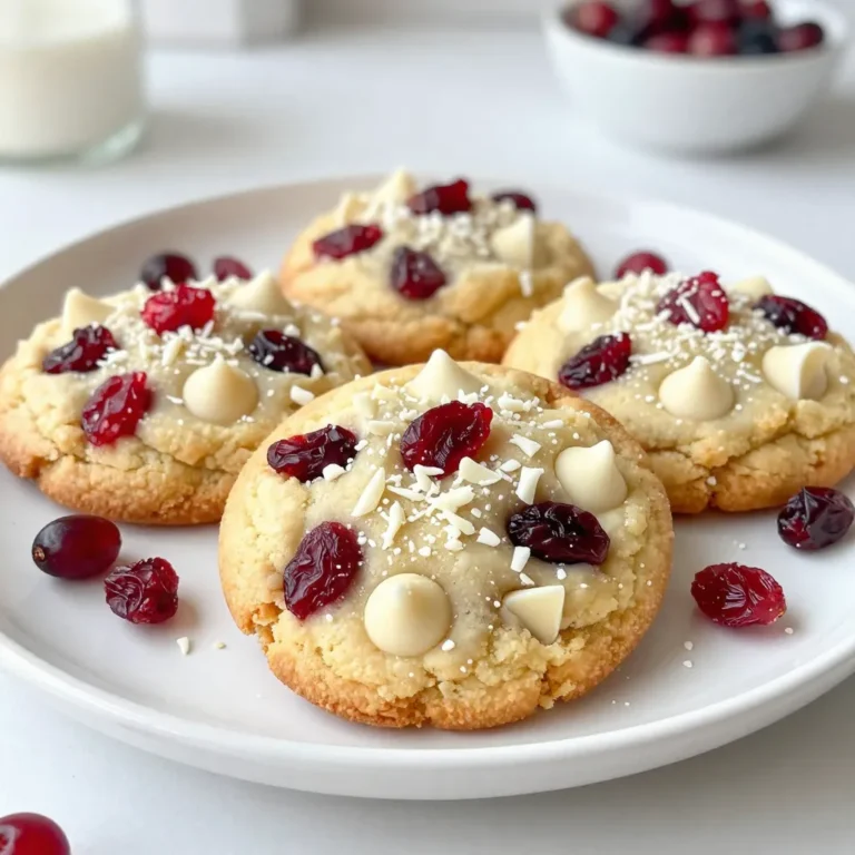 - 1 cup unsalted butter - 3/4 cup packed brown sugar - 1/2 cup granulated sugar - 1 large egg - 1 teaspoon vanilla extract - 2 cups all-purpose flour - 1 teaspoon baking soda - 1/2 teaspoon salt - 1 cup white chocolate chips - 1 cup dried cranberries - Zest of 1 orange (optional) To make these white chocolate cranberry cookies, gather these simple ingredients. You'll need butter, sugars, and an egg to create a rich base. The vanilla extract adds warmth and flavor. The flour, baking soda, and salt are key to the cookie's structure. White chocolate chips bring creaminess, while dried cranberries add a tart punch. Don't forget the orange zest! It adds a bright citrus note that makes these cookies shine. - Orange zest - Additional white chocolate for garnish Using extra orange zest will enhance the flavor. You can also add more white chocolate for a lovely finish. This will make your cookies even tastier and more appealing. - Butter substitutions (e.g., margarine) - Sugar alternatives (e.g., coconut sugar) - Gluten-free flour options If you need to substitute, consider margarine for butter. Coconut sugar works well instead of brown or white sugar. For gluten-free cookies, use a gluten-free flour blend. These swaps will keep your cookies delicious and enjoyable! {{ingredient_image_1}} - Preheat your oven to 350°F (175°C). Line a baking sheet with parchment paper. - In a large bowl, cream together 1 cup of softened unsalted butter, 3/4 cup of packed brown sugar, and 1/2 cup of granulated sugar. Do this until it looks light and fluffy. - Add 1 large egg and 1 teaspoon of vanilla extract to the mixture. Beat well until combined. - In another bowl, whisk together 2 cups of all-purpose flour, 1 teaspoon of baking soda, and 1/2 teaspoon of salt. - Gradually mix the dry ingredients into the wet ingredients. Stir until just combined; do not over-mix. - Gently fold in 1 cup of white chocolate chips and 1 cup of dried cranberries. If you want a citrus twist, add the zest of 1 orange. - Use a cookie scoop or tablespoon to drop balls of dough onto your prepared baking sheet. Space them about 2 inches apart. - Bake the cookies in the preheated oven for 10-12 minutes. Look for lightly golden edges while the centers remain soft. - The cookies will continue to cook a bit after you take them out of the oven. - Allow the cookies to cool on the baking sheet for about 5 minutes. This helps them set before moving. - Carefully transfer the cookies to a wire rack to cool completely. - For a lovely presentation, arrange the cookies on a decorative plate. Add some extra cranberries and white chocolate shavings around them. Enjoy these cookies with a glass of milk! To get the perfect cookie texture, start with softened butter. It helps create a light, fluffy mix. Measure your flour correctly by spooning it into the cup, then leveling it off. Too much flour leads to dry cookies. Don't over-mix your dough; mix until just combined. This keeps the cookies soft and chewy. For even baking, space your cookie dough balls about 2 inches apart. This allows hot air to flow around each cookie. Rotate your baking sheet halfway through the baking time. This ensures each cookie bakes evenly. Want richer flavor? Add the zest of one orange for a fresh twist. You can also add a pinch of cinnamon for warmth. It pairs nicely with the cranberries and white chocolate. Consider incorporating nuts like pecans or walnuts. They will add a nice crunch and make the cookies more filling. Mix in about half a cup for great texture. Display your cookies on a decorative plate for a charming look. Sprinkle a few extra cranberries and white chocolate shavings around for flair. Pair these cookies with a glass of cold milk or a warm cup of tea. For an extra touch, garnish with fresh cranberries or a light dusting of powdered sugar. This adds a pop of color and makes them look even more inviting. Pro Tips Chill the Dough: For thicker cookies, refrigerate the dough for at least 30 minutes before baking. This helps prevent them from spreading too much in the oven. Use Fresh Ingredients: Ensure your baking soda is fresh for the best rise and texture. Old baking soda can result in flat cookies. Perfect Baking Time: Keep an eye on the cookies as they bake. The edges should be golden, while the centers remain soft; they will continue to cook on the baking sheet after being removed from the oven. Storage Tip: Store cookies in an airtight container at room temperature for up to a week. For longer freshness, freeze them in a single layer and transfer to a freezer bag. {{image_2}} You can change up the flavor of your cookies in fun ways. Adding nuts like pecans or walnuts gives a nice crunch. These nuts pair well with the sweet white chocolate and tart cranberries. Want something richer? Make it double chocolate! Just mix in some cocoa powder. This twist adds a deep, chocolatey flavor that pairs perfectly with the white chocolate. You can also swap out the cranberries for other dried fruits. Dried cherries or blueberries work great. They add a nice touch and change the taste a bit. If you're looking for vegan options, you can use plant-based butter and a flax egg instead of regular egg. This keeps the cookies soft and tasty while being dairy-free. For gluten-free cookies, substitute the all-purpose flour with a gluten-free blend. Make sure it has xanthan gum to help with texture. If you're watching your sugar intake, try using a sugar substitute. Erythritol or stevia can lower the sugar content without losing sweetness. These options can help make low-sugar or keto-friendly cookies. You can also change your cookies for the seasons. For the holidays, add peppermint extract for a festive flavor. Peppermint and white chocolate are a perfect match. In the summer, think about adding citrus fruits. Lemon or lime zest can bring a fresh burst of flavor. This twist makes the cookies light and refreshing, perfect for warm days. To keep your white chocolate cranberry cookies fresh, follow these tips: - Room Temperature: Store cookies in a cool, dry place. Use a plate or a container with a lid. - Airtight Containers: An airtight container helps prevent cookies from drying out. This keeps them soft and tasty. - Freezing Cookies: For longer storage, freeze cookies. Place them in a single layer on a baking sheet. Once frozen, transfer them to a freezer bag. How long do these cookies last? When stored well, they last about one week at room temperature. If frozen, they can last up to three months. Look for these signs of freshness: - Color: A bright color shows they are fresh. - Smell: A sweet and fruity scent indicates they are still good. To enjoy cookies warm and soft, reheating works wonders. Here are some tips: - Microwave: Heat one cookie for about 10 seconds. Check if it’s warm enough. - Oven: Preheat the oven to 350°F (175°C). Place cookies on a baking sheet and heat for 5 minutes. This keeps them soft and delicious. To stop cookies from spreading, chill your dough for at least 30 minutes. This helps keep the shape. Use good-quality butter and measure flour correctly. Too much sugar can also cause spreading. Yes, you can make the dough ahead of time. Store it in the fridge for up to three days. For longer storage, freeze the dough. Just scoop the dough into balls before freezing. When ready, bake straight from the freezer, adding a minute or two to the baking time. Your cookies are done when the edges turn lightly golden. The centers should look soft and puffy. They will firm up as they cool. Keep an eye on them during the last few minutes of baking. Absolutely! You can use dark chocolate in place of white chocolate. It gives a richer taste. Just remember, dark chocolate can be bitter, so adjust your sugar if needed. Yes, these cookies freeze well! Allow them to cool completely. Place them in an airtight container or a zip-top bag. They can last up to three months in the freezer. For chewier cookies, try these tips: - Use more brown sugar than white sugar. - Add an extra egg yolk. - Bake for a minute less than recommended. These tweaks will give your cookies a soft, chewy texture. You now have all the tools to make delicious cookies. Remember the key ingredients and techniques. Choosing the right flavors and options can make a big difference. Try mixing in nuts, spices, or even fruit for fun twists. Store your cookies properly to keep them fresh. With practice, you will perfect your baking skills. Enjoy the process and share your treats with others. Happy baking!