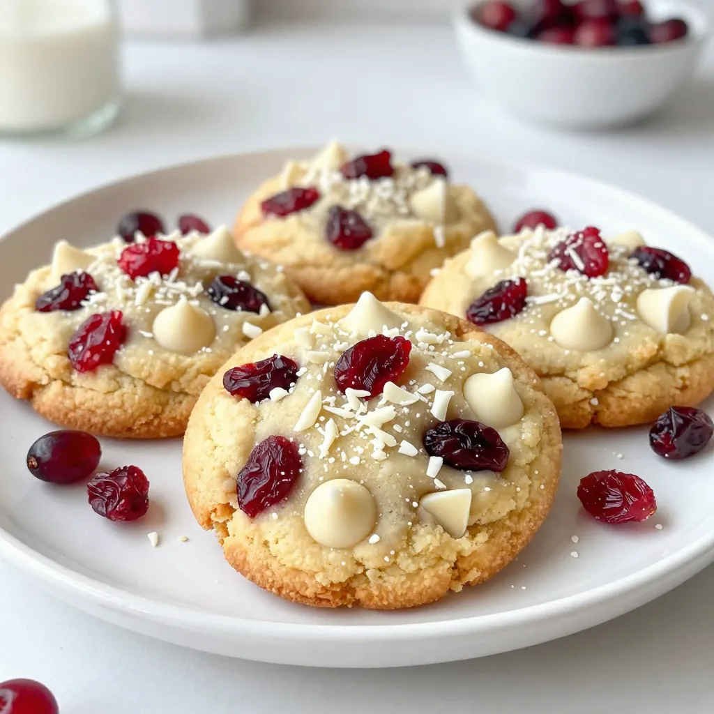 - 1 cup unsalted butter - 3/4 cup packed brown sugar - 1/2 cup granulated sugar - 1 large egg - 1 teaspoon vanilla extract - 2 cups all-purpose flour - 1 teaspoon baking soda - 1/2 teaspoon salt - 1 cup white chocolate chips - 1 cup dried cranberries - Zest of 1 orange (optional) To make these white chocolate cranberry cookies, gather these simple ingredients. You'll need butter, sugars, and an egg to create a rich base. The vanilla extract adds warmth and flavor. The flour, baking soda, and salt are key to the cookie's structure. White chocolate chips bring creaminess, while dried cranberries add a tart punch. Don't forget the orange zest! It adds a bright citrus note that makes these cookies shine. - Orange zest - Additional white chocolate for garnish Using extra orange zest will enhance the flavor. You can also add more white chocolate for a lovely finish. This will make your cookies even tastier and more appealing. - Butter substitutions (e.g., margarine) - Sugar alternatives (e.g., coconut sugar) - Gluten-free flour options If you need to substitute, consider margarine for butter. Coconut sugar works well instead of brown or white sugar. For gluten-free cookies, use a gluten-free flour blend. These swaps will keep your cookies delicious and enjoyable! {{ingredient_image_1}} - Preheat your oven to 350°F (175°C). Line a baking sheet with parchment paper. - In a large bowl, cream together 1 cup of softened unsalted butter, 3/4 cup of packed brown sugar, and 1/2 cup of granulated sugar. Do this until it looks light and fluffy. - Add 1 large egg and 1 teaspoon of vanilla extract to the mixture. Beat well until combined. - In another bowl, whisk together 2 cups of all-purpose flour, 1 teaspoon of baking soda, and 1/2 teaspoon of salt. - Gradually mix the dry ingredients into the wet ingredients. Stir until just combined; do not over-mix. - Gently fold in 1 cup of white chocolate chips and 1 cup of dried cranberries. If you want a citrus twist, add the zest of 1 orange. - Use a cookie scoop or tablespoon to drop balls of dough onto your prepared baking sheet. Space them about 2 inches apart. - Bake the cookies in the preheated oven for 10-12 minutes. Look for lightly golden edges while the centers remain soft. - The cookies will continue to cook a bit after you take them out of the oven. - Allow the cookies to cool on the baking sheet for about 5 minutes. This helps them set before moving. - Carefully transfer the cookies to a wire rack to cool completely. - For a lovely presentation, arrange the cookies on a decorative plate. Add some extra cranberries and white chocolate shavings around them. Enjoy these cookies with a glass of milk! To get the perfect cookie texture, start with softened butter. It helps create a light, fluffy mix. Measure your flour correctly by spooning it into the cup, then leveling it off. Too much flour leads to dry cookies. Don't over-mix your dough; mix until just combined. This keeps the cookies soft and chewy. For even baking, space your cookie dough balls about 2 inches apart. This allows hot air to flow around each cookie. Rotate your baking sheet halfway through the baking time. This ensures each cookie bakes evenly. Want richer flavor? Add the zest of one orange for a fresh twist. You can also add a pinch of cinnamon for warmth. It pairs nicely with the cranberries and white chocolate. Consider incorporating nuts like pecans or walnuts. They will add a nice crunch and make the cookies more filling. Mix in about half a cup for great texture. Display your cookies on a decorative plate for a charming look. Sprinkle a few extra cranberries and white chocolate shavings around for flair. Pair these cookies with a glass of cold milk or a warm cup of tea. For an extra touch, garnish with fresh cranberries or a light dusting of powdered sugar. This adds a pop of color and makes them look even more inviting. Pro Tips Chill the Dough: For thicker cookies, refrigerate the dough for at least 30 minutes before baking. This helps prevent them from spreading too much in the oven. Use Fresh Ingredients: Ensure your baking soda is fresh for the best rise and texture. Old baking soda can result in flat cookies. Perfect Baking Time: Keep an eye on the cookies as they bake. The edges should be golden, while the centers remain soft; they will continue to cook on the baking sheet after being removed from the oven. Storage Tip: Store cookies in an airtight container at room temperature for up to a week. For longer freshness, freeze them in a single layer and transfer to a freezer bag. {{image_2}} You can change up the flavor of your cookies in fun ways. Adding nuts like pecans or walnuts gives a nice crunch. These nuts pair well with the sweet white chocolate and tart cranberries. Want something richer? Make it double chocolate! Just mix in some cocoa powder. This twist adds a deep, chocolatey flavor that pairs perfectly with the white chocolate. You can also swap out the cranberries for other dried fruits. Dried cherries or blueberries work great. They add a nice touch and change the taste a bit. If you're looking for vegan options, you can use plant-based butter and a flax egg instead of regular egg. This keeps the cookies soft and tasty while being dairy-free. For gluten-free cookies, substitute the all-purpose flour with a gluten-free blend. Make sure it has xanthan gum to help with texture. If you're watching your sugar intake, try using a sugar substitute. Erythritol or stevia can lower the sugar content without losing sweetness. These options can help make low-sugar or keto-friendly cookies. You can also change your cookies for the seasons. For the holidays, add peppermint extract for a festive flavor. Peppermint and white chocolate are a perfect match. In the summer, think about adding citrus fruits. Lemon or lime zest can bring a fresh burst of flavor. This twist makes the cookies light and refreshing, perfect for warm days. To keep your white chocolate cranberry cookies fresh, follow these tips: - Room Temperature: Store cookies in a cool, dry place. Use a plate or a container with a lid. - Airtight Containers: An airtight container helps prevent cookies from drying out. This keeps them soft and tasty. - Freezing Cookies: For longer storage, freeze cookies. Place them in a single layer on a baking sheet. Once frozen, transfer them to a freezer bag. How long do these cookies last? When stored well, they last about one week at room temperature. If frozen, they can last up to three months. Look for these signs of freshness: - Color: A bright color shows they are fresh. - Smell: A sweet and fruity scent indicates they are still good. To enjoy cookies warm and soft, reheating works wonders. Here are some tips: - Microwave: Heat one cookie for about 10 seconds. Check if it’s warm enough. - Oven: Preheat the oven to 350°F (175°C). Place cookies on a baking sheet and heat for 5 minutes. This keeps them soft and delicious. To stop cookies from spreading, chill your dough for at least 30 minutes. This helps keep the shape. Use good-quality butter and measure flour correctly. Too much sugar can also cause spreading. Yes, you can make the dough ahead of time. Store it in the fridge for up to three days. For longer storage, freeze the dough. Just scoop the dough into balls before freezing. When ready, bake straight from the freezer, adding a minute or two to the baking time. Your cookies are done when the edges turn lightly golden. The centers should look soft and puffy. They will firm up as they cool. Keep an eye on them during the last few minutes of baking. Absolutely! You can use dark chocolate in place of white chocolate. It gives a richer taste. Just remember, dark chocolate can be bitter, so adjust your sugar if needed. Yes, these cookies freeze well! Allow them to cool completely. Place them in an airtight container or a zip-top bag. They can last up to three months in the freezer. For chewier cookies, try these tips: - Use more brown sugar than white sugar. - Add an extra egg yolk. - Bake for a minute less than recommended. These tweaks will give your cookies a soft, chewy texture. You now have all the tools to make delicious cookies. Remember the key ingredients and techniques. Choosing the right flavors and options can make a big difference. Try mixing in nuts, spices, or even fruit for fun twists. Store your cookies properly to keep them fresh. With practice, you will perfect your baking skills. Enjoy the process and share your treats with others. Happy baking!