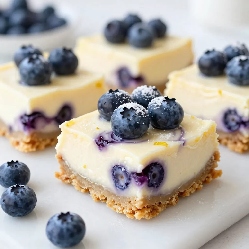 - 1 ½ cups graham cracker crumbs - ½ cup unsalted butter, melted - 2 cups cream cheese, softened - ¾ cup granulated sugar - 2 large eggs - 1 teaspoon vanilla extract - Zest of 1 lemon - ¼ cup freshly squeezed lemon juice - 1 cup fresh blueberries (plus extra for topping) - 1 tablespoon cornstarch - ½ teaspoon salt To make tasty blueberry lemon cheesecake bars, you need some key ingredients. First, graham cracker crumbs create a sweet and crunchy crust. You’ll also need melted unsalted butter to bind these crumbs together. Next, cream cheese is essential for that creamy texture we love. Granulated sugar sweetens the bars just right. You'll add two eggs for structure, and vanilla extract gives a warm flavor. Lemon zest and fresh juice add a bright, tangy kick. Fresh blueberries bring sweetness and color to the bars. Cornstarch helps thicken the filling, while a pinch of salt rounds out the flavors. - Alternative crust options - Dairy-free cream cheese options - Sugar substitutes If you want to switch things up, consider using crushed nuts for the crust. Almonds or pecans can add a nice crunch. For a dairy-free option, look for vegan cream cheese at the store. If you need a sugar substitute, try using stevia or monk fruit. These options can keep the sweetness without the calories. Just check for the right amount to use when swapping. - 9x9 inch baking pan - Mixing bowls - Electric mixer - Parchment paper You will need a few tools to make these bars. A 9x9 inch baking pan is perfect for this recipe. Mixing bowls are important for combining ingredients. An electric mixer helps beat the cream cheese quickly and easily. Don’t forget parchment paper! It makes lifting the bars out of the pan much easier. This way, you can cut them into neat squares without any mess. {{ingredient_image_1}} To start, preheat your oven to 350°F (175°C). This step helps get the crust nice and golden. In a medium bowl, mix together 1 ½ cups of graham cracker crumbs and ½ cup of melted unsalted butter. Stir until the crumbs are fully coated. Next, press this mixture firmly into the bottom of a greased 9x9 inch baking pan. Make sure it’s even. Bake the crust for 8-10 minutes until it looks set. Let it cool while you prepare the filling. In a large mixing bowl, beat 2 cups of softened cream cheese and ¾ cup of granulated sugar. Mix until it’s smooth and creamy, about 2-3 minutes. Then, add in 2 large eggs one at a time. Make sure to beat well after each egg. Next, mix in 1 teaspoon of vanilla extract, the zest of 1 lemon, and ¼ cup of freshly squeezed lemon juice until everything blends well. In a small bowl, toss 1 cup of fresh blueberries with 1 tablespoon of cornstarch. This helps the blueberries stay in place. Gently fold the blueberries into the cheesecake mixture. Now, pour the cheesecake filling over the cooled crust. Spread it evenly to cover the crust. Bake it in your preheated oven for 30-35 minutes. The edges should be set, but the center will still jiggle a bit. After baking, allow the cheesecake bars to cool to room temperature. Then, refrigerate them for at least 4 hours, but overnight is best for perfect texture. Once chilled, lift the bars out using the parchment paper overhang. Cut them into squares or rectangles, and they are ready to serve! Using room temperature ingredients is key. When cream cheese is cold, it stays lumpy. Let it sit out for about 30 minutes before mixing. This helps create a smooth filling. When adding blueberries, coat them in cornstarch first. This helps prevent them from sinking. Gently fold them into the batter with a spatula. Be careful not to mash them. To check if your bars are done, look for set edges. The center should still jiggle slightly. This means it will firm up as it cools. After baking, let the bars cool at room temperature first. Then, refrigerate them for at least 4 hours. Chilling overnight gives the best texture. Top your cheesecake bars with extra blueberries for color. A dusting of powdered sugar adds a nice touch. You can also drizzle with lemon glaze for more flavor. For drinks, serve with iced tea or lemonade. The tartness pairs well with the sweet bars. A cup of coffee also enhances the dessert experience. Pro Tips Use Room Temperature Cream Cheese: This ensures a smooth and creamy texture without lumps in your cheesecake mixture. Don’t Overbake: The center should be slightly jiggly when you take it out of the oven; it will continue to set as it cools. Chill Overnight: For the best flavor and texture, let the cheesecake bars chill in the refrigerator overnight. Fresh Blueberries: Using fresh blueberries will give the bars a burst of flavor; avoid using frozen as they may release too much moisture. {{image_2}} You can swap fruits to change the flavor of your bars. - Using different berries: Try using raspberries or strawberries. They add their own taste and color. - Incorporating citrus flavors: Lime or orange zest can add a fresh twist. They work well with the cream cheese. Changing the base can also make a big difference. - Gluten-free crust options: Use almond flour or gluten-free graham crackers. It tastes great and fits many diets. - Using a thicker or thinner base: Adjust the amount of crumbs and butter. A thicker base feels heartier while a thinner base is lighter. Adding new flavors can bring excitement to your bars. - Adding spices: A pinch of cinnamon or nutmeg can warm up the taste. Just a little can make a big impact. - Chocolate or white chocolate additions: Mix in chocolate chips for a sweet surprise. They pair well with the creamy filling. To keep your cheesecake bars fresh, first let them cool. Once cool, cut them into squares. Place the squares in an airtight container. Store them in the fridge. They will last about 4-5 days this way. If you want to save some for later, you can freeze them. Wrap each square in plastic wrap tightly. Then, place them in a freezer-safe bag or container. They can last up to three months in the freezer. To enjoy them later, take the bars out of the freezer. Let them thaw in the fridge overnight. This helps keep the taste and texture just right. In the fridge, your cheesecake bars stay fresh for about 4-5 days. If you freeze them, they last longer, around three months. Always label your containers with dates. This way, you know when they were made. Yes, you can make blueberry lemon cheesecake bars ahead of time. I often prepare them the day before serving. This allows the flavors to blend well and the texture to set properly. Just store them in the fridge until you are ready to serve. They taste even better after chilling overnight! If the center of your cheesecake bars is still jiggly, it might need more baking. The edges should look set while the center can jiggle a bit. This is normal. However, if it looks too wet, bake for a few more minutes. Just be careful not to overbake, as that can make them dry. To make your cheesecake bars more tart, add extra lemon juice or lemon zest. Start with an additional tablespoon of lemon juice. You can also use a bit of sour cream in the filling for more tang. Taste as you go to find the balance you love. Yes, you can substitute some ingredients. For the crust, try using crushed nuts or cookies instead of graham crackers. You can also use dairy-free cream cheese if needed. If you want less sugar, consider a sugar substitute like honey or agave. Just keep in mind, it may alter the taste and texture. In this blog post, I shared the essential steps to create delicious blueberry lemon cheesecake bars. I covered ingredients, equipment, and provided clear instructions for each stage of the process. Remember to use room temperature ingredients for the best texture. You can customize your bars by swapping fruits or altering the crust. Following my storage tips will keep your treats fresh. Enjoy making this tasty dessert that combines sweet blueberries and zesty lemon!