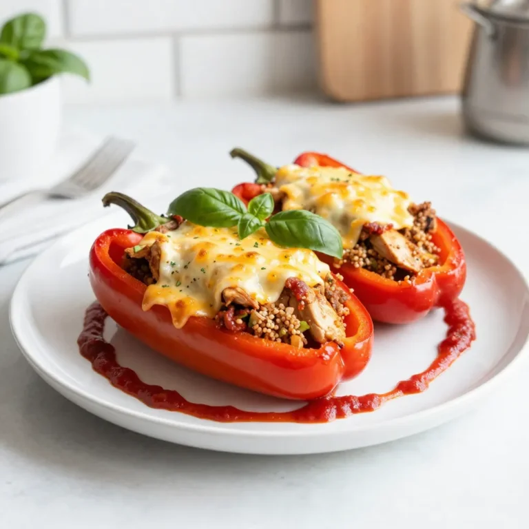 - 4 large bell peppers (any color) - 1 lb ground chicken - 1 cup marinara sauce - 1 cup shredded mozzarella cheese - 1/2 cup grated Parmesan cheese - 1 cup cooked quinoa (or rice) - 1 teaspoon Italian seasoning - 1/2 teaspoon garlic powder - Salt and pepper to taste - Fresh basil leaves for garnish You need these fresh and tasty ingredients for chicken Parmesan stuffed peppers. Each item adds flavor and makes the dish a delight for the family. I love using colorful bell peppers because they look great on the plate. - 1 small onion, diced - 1/2 cup chopped spinach - Red pepper flakes for heat - 1/4 cup sliced black olives These optional ingredients can boost the taste of your meal. Diced onion gives a sweet flavor. Chopped spinach adds color and nutrients. If you like heat, try adding red pepper flakes. Black olives give a nice briny taste. - Ground turkey instead of ground chicken - Cauliflower rice for a low-carb option - Any cheese blend you enjoy - Tomato sauce if you don't have marinara You can swap ingredients based on what you have. Ground turkey works well if you want a leaner meat. Cauliflower rice is great for a low-carb meal. Feel free to use any cheese you like, and tomato sauce can be a good stand-in for marinara. {{ingredient_image_1}} 1. Preheat your oven to 375°F (190°C). This heat helps cook the peppers well. 2. Slice the tops off each bell pepper. Remove the seeds and membranes gently. Place the peppers cut-side up in a baking dish. This makes a sturdy base for your filling. 3. Gather your ingredients. You need ground chicken, marinara sauce, cooked quinoa or rice, and spices. 1. Heat a drizzle of olive oil in a large skillet over medium heat. This helps the chicken cook nicely. 2. Add the ground chicken to the skillet. Cook it until it is browned and no longer pink, about 5-7 minutes. Stir it often. 3. Mix in the marinara sauce. Add the cooked quinoa, Italian seasoning, garlic powder, salt, and pepper. Stir well to combine everything. 4. Remove from heat. Now, stir in half of the mozzarella cheese and half of the Parmesan cheese. This makes the mixture creamy and tasty. 1. Spoon the chicken mixture into each bell pepper evenly. Make sure to pack it well. 2. Top the peppers with the remaining mozzarella and Parmesan cheeses. This will give a nice cheesy crust. 3. Pour some extra marinara sauce around the base of the peppers. This adds flavor and keeps them moist. 4. Cover the baking dish with aluminum foil. Bake for 25 minutes. 5. Remove the foil and bake for an additional 10-15 minutes. Look for bubbly and lightly golden cheese. 6. Let cool slightly before serving. Garnish with fresh basil leaves for a pop of flavor and color. When picking bell peppers, look for smooth skin. The peppers should feel firm and heavy. Bright colors like red, yellow, and green mean they are fresh. Avoid any with soft spots or wrinkles. These signs show they are old. Choose peppers that are medium to large in size. They will hold the stuffing better. For your chicken, use ground chicken for the best flavor. Cook it until it's no longer pink. This takes about 5 to 7 minutes over medium heat. Stir it often to avoid burning. Mixing in the marinara sauce adds moisture and flavor. Check the internal temperature. It should reach 165°F (74°C) for safety. Use fresh mozzarella for great melting. Mix it in while the chicken is still warm. This helps the cheese melt well. Layer the remaining cheese on top before baking. This creates a nice golden crust. For extra flavor, try blending in some Italian herbs. They enhance the taste of the cheese and chicken. Pro Tips Choose the Right Peppers: Opt for large, firm bell peppers that can hold the stuffing well. Red, yellow, or green peppers all work great for different flavors and presentations. Customize Your Filling: Feel free to add other vegetables or spices to the chicken mixture, such as diced onions, mushrooms, or spinach for extra flavor and nutrition. Use Fresh Herbs: Adding fresh basil or parsley to the filling enhances the flavors. You can also sprinkle some on top right before serving for a fresh touch. Make Ahead: Prepare the stuffed peppers ahead of time and store them in the refrigerator. Just bake them right before serving for a quick meal. {{image_2}} You can make a tasty vegetarian version of chicken parmesan stuffed peppers. Replace the ground chicken with 1 pound of plant-based meat or lentils. Use the same marinara sauce and cheese. This change keeps the dish filling and flavorful. You can also add chopped mushrooms or zucchini for extra veggies. This mix adds great taste and texture. If you love heat, try a spicy twist. Add 1 teaspoon of red pepper flakes to the chicken mix. You can also use spicy marinara sauce to kick up the flavor. If you like it really hot, add diced jalapeños inside the peppers. The spicy taste pairs well with the creamy cheese. Using a slow cooker makes this recipe simple. After you prepare the filling, spoon it into the peppers. Place the stuffed peppers in the slow cooker. Pour some marinara sauce over them. Cook on low for 4-6 hours. This method keeps the peppers soft and flavorful. Plus, it frees up your oven for other dishes! To keep your chicken Parmesan stuffed peppers fresh, place them in an airtight container. Let the peppers cool to room temperature first. Store them in the fridge. They will last for about 3 to 4 days. If you want to keep them longer, freezing is a great option. When you are ready to enjoy the leftovers, preheat your oven to 350°F (175°C). Place the stuffed peppers in a baking dish. Cover them with foil to keep moisture in. Heat for about 20 minutes or until they are warm throughout. You can also use a microwave. Simply heat them on high for about 2-3 minutes. To freeze the stuffed peppers, wrap each one tightly in plastic wrap. Then place them in a freezer-safe bag or container. They will be good for up to 3 months. When you are ready to eat them, thaw them in the fridge overnight. Then reheat as described above. This way, you always have a tasty meal ready to go! Yes, you can use different meats. Ground turkey or beef works well. You can even use shredded rotisserie chicken for a quick option. Each meat brings its own flavor. Just make sure to cook it fully before adding to the peppers. To make these stuffed peppers gluten-free, use gluten-free grains. Quinoa is a great choice. You can also use rice or gluten-free pasta. Check your marinara sauce too. Some sauces may have gluten. Always read the label to be sure. You can get creative with sauces. Alfredo sauce adds a creamy touch. Pesto gives a fresh and herb-like flavor. Salsa can give a spicy kick. Just make sure the sauce complements the chicken. This way, you’ll have a tasty meal every time. This blog post covered all aspects of making tasty stuffed peppers. We explored the key ingredients, step-by-step preparation, and cooking methods for perfect results. I shared tips for choosing bell peppers and cooking chicken just right. You also learned about variations for vegetarians and using a slow cooker. Remember to store leftovers properly and reheat them well. With these insights, you can create delicious stuffed peppers that fit your taste. Enjoy your cooking adventure!