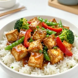 To make Teriyaki Tofu Stir-Fry, you will need: - 14 oz firm tofu, drained and pressed - 2 tablespoons cornstarch - 2 tablespoons vegetable oil - 1 red bell pepper, sliced - 1 green bell pepper, sliced - 1 cup broccoli florets - 1 cup snap peas - 3 green onions, chopped - 2 garlic cloves, minced - 1-inch piece ginger, grated - &frac12; cup teriyaki sauce - Sesame seeds for garnish Each serving of Teriyaki Tofu Stir-Fry provides a balanced mix of nutrients. Here&rsquo;s what you get: - Calories: Approximately 250 - Protein: 14g - Carbohydrates: 30g - Fats: 10g - Fiber: 5g This dish is high in protein from the tofu and packed with vitamins from the vegetables. You can easily swap some ingredients based on your taste or what you have at home: - Tofu: Use tempeh for a firmer texture. - Vegetable Oil: Substitute with coconut oil for a different flavor. - Bell Peppers: Any color bell pepper works well, or use zucchini. - Teriyaki Sauce: Create your own mix with soy sauce, honey, and rice vinegar. - Green Onions: Chives or shallots can replace them for a milder taste. These substitutions keep the dish tasty while matching your needs. {{ingredient_image_1}} To start, drain and press 14 ounces of firm tofu. This step is key to getting a nice texture. Once pressed, cut the tofu into bite-sized cubes. Next, toss these cubes in 2 tablespoons of cornstarch. The cornstarch coating helps the tofu crisp up when cooked. Make sure every piece is covered evenly. Heat 1 tablespoon of vegetable oil in a large non-stick skillet or wok over medium-high heat. Let the oil get hot before adding the tofu. Carefully place the tofu cubes in the skillet. Fry them for about 8 to 10 minutes. You want them to be golden brown and crispy on all sides. Once done, take the tofu out and set it aside. In the same skillet, add another tablespoon of vegetable oil. Now, toss in the sliced red and green bell peppers, broccoli florets, and snap peas. Stir-fry these veggies for about 5 to 7 minutes. You want them to be tender but still crisp. Then, add 2 minced garlic cloves and 1-inch grated ginger. Stir-fry for another 1 to 2 minutes until you can smell the aroma. Now, reduce the heat to medium. Return the crispy tofu to the skillet. Pour in &frac12; cup of teriyaki sauce. Gently toss everything together until well coated. Cook for an additional 2 to 3 minutes. This allows the sauce to thicken slightly and cling to your stir-fry. Before serving, remove the skillet from heat. Sprinkle with chopped green onions and sesame seeds for a lovely finish. Enjoy your colorful and tasty Teriyaki Tofu Stir-Fry! To get that perfect crispy tofu, start with firm tofu. Drain and press it well. This removes extra moisture. Cut the tofu into bite-sized cubes. Coat them in cornstarch. This helps create a nice crunch. Fry the tofu in hot oil until golden brown. This usually takes about 8-10 minutes. Don&rsquo;t crowd the pan; this keeps the tofu crispy. For this stir-fry, I love using bell peppers, broccoli, and snap peas. Red and green bell peppers add color and sweetness. Broccoli brings crunch and nutrition. Snap peas offer a fresh bite. You can mix in other veggies too. Carrots, mushrooms, or zucchini work great. Just make sure to cut them into similar sizes for even cooking. Want to amp up the flavor? Add minced garlic and grated ginger when you cook the veggies. They bring warmth and depth to the dish. You can also sprinkle in some sesame seeds for extra crunch. If you like heat, add a pinch of red pepper flakes. For a twist, try adding a splash of lime juice before serving. This brightens the flavors and adds zest. Pro Tips Use Extra Firm Tofu: For the best texture in your stir-fry, opt for extra firm tofu. It holds its shape better and becomes crispier when cooked. Prep Ahead: To save time on busy nights, pre-cut your vegetables and tofu in advance. Store them in the fridge until you're ready to cook. Customize Your Veggies: Feel free to swap out the vegetables based on your preference or what you have on hand. Carrots, zucchini, or mushrooms can add great flavor. Adjust Sauce to Taste: If you prefer a sweeter or saltier dish, adjust the amount of teriyaki sauce to your liking. You can also add a splash of soy sauce for extra flavor. {{image_2}} You can easily switch tofu with other proteins. Chicken, shrimp, or beef work well. Just cut them into bite-sized pieces, like the tofu. Cook them until golden brown before adding the veggies. Adjust the cooking time based on the protein you choose. Chicken may take longer, while shrimp cooks faster. This keeps the stir-fry quick and flavorful. If you want a vegan dish, tofu is perfect. Just ensure you use a gluten-free teriyaki sauce. Many brands offer this option. You can also use tamari, a gluten-free soy sauce, for a similar flavor. For a nutty taste, try adding toasted sesame oil instead of regular oil. This adds depth and keeps it vegan-friendly. To change the heat level, add chili flakes or sriracha. Mix these into the teriyaki sauce for a spicy kick. Start with a small amount, then taste as you go. If you prefer less heat, leave these out or use sweet chili sauce instead. This gives a nice balance of sweet and spicy without being too hot. To keep your teriyaki tofu stir-fry fresh, store it in an airtight container. Let it cool to room temperature first. Place it in the fridge within two hours of cooking. This helps keep the flavors strong. It should stay good for about 3 to 4 days. When you want to enjoy your leftovers, heat them gently. You can use a pan, microwave, or oven. If using a pan, add a little oil and heat over medium. Stir it often until it's warm. If you're in a hurry, the microwave is quick! Place your stir-fry in a microwave-safe bowl and cover it. Heat for 1 to 2 minutes. Stir halfway to ensure even heating. If you've made more than you can eat, freezing is a great option. Place cooled stir-fry in a freezer-safe container. It can last up to 3 months in the freezer. When you're ready to eat, thaw it overnight in the fridge. Then, reheat it on the stove or microwave as mentioned above. This way, you can enjoy a tasty meal later! Yes, you can make Teriyaki Tofu Stir-Fry in advance. Store the cooked stir-fry in an airtight container. Keep it in the fridge for up to three days. When ready to eat, just reheat it in a skillet or microwave. This meal holds its flavors well, making it great for meal prep. Serve Teriyaki Tofu Stir-Fry with steamed jasmine rice or quinoa. You can also pair it with a fresh salad or a side of edamame. For extra crunch, try crispy spring rolls. These sides enhance the dish and make a complete meal. To make this recipe healthier, use less oil when frying the tofu. You can also add more veggies like carrots or zucchini. Opt for low-sodium teriyaki sauce to reduce salt. Lastly, serve it over brown rice instead of white rice for more fiber. These tweaks keep the dish tasty while boosting nutrition. In this blog post, we covered how to create a tasty Teriyaki Tofu Stir-Fry. We looked at essential ingredients, step-by-step instructions, and useful tips for cooking. I shared variations to try and storage methods for leftovers. You can enjoy this dish while adjusting flavors and ingredients to your taste. Don't hesitate to experiment and find what works best for you. Happy cooking!