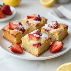 For these blondies, I use 1 cup of unsalted butter. I melt it to make the batter rich and smooth. You need both brown sugar and granulated sugar. Use 1 cup of brown sugar and 1/2 cup of granulated sugar. This mix adds depth and sweetness. Next, I add 2 large eggs to the bowl. One at a time, I mix them in well. Eggs help bind the blondies and keep them soft. I also add 2 teaspoons of vanilla extract for flavor. The vanilla gives a nice aroma and taste. In a separate bowl, I combine the dry ingredients. You will need 2 cups of all-purpose flour, 1 teaspoon of baking powder, and 1/2 teaspoon of salt. These ingredients create the base of the blondies. For flavor, I add the zest of 1 lemon and 1/4 cup of fresh lemon juice. This gives a bright, tangy taste that pairs well with strawberries. Finally, I use 1 cup of fresh strawberries, diced into small pieces. The strawberries make the blondies fresh and juicy. When you fold them into the batter, they add bursts of flavor with every bite. Make sure to handle them gently to keep them intact. {{ingredient_image_1}} First, you need to preheat your oven to 350&deg;F (175&deg;C). This step is key for even baking. While the oven heats, take a 9x9 inch baking pan. Grease it well or line it with parchment paper. This helps your blondies come out easily later. In a large bowl, add one cup of melted butter. Then, mix in one cup of brown sugar and half a cup of granulated sugar. Use a whisk to blend them until smooth. Next, crack in two large eggs. Beat them in one at a time. Finally, stir in two teaspoons of vanilla extract for that lovely flavor. In a different bowl, combine two cups of all-purpose flour, one teaspoon of baking powder, and half a teaspoon of salt. Add the zest of one lemon and a quarter cup of fresh lemon juice. Slowly mix this dry blend into the wet mixture. Stir until just combined; don&rsquo;t overmix! Now, it&rsquo;s time for the strawberries! Take one cup of diced fresh strawberries and gently fold them into the batter. Be careful not to mash them. This step adds a burst of flavor and color to your blondies. Pour the batter into your prepared pan. Use a spatula to spread it evenly. Bake your blondies for 25-30 minutes. Check for doneness by inserting a toothpick in the center. If it comes out clean, they are ready. Let them cool in the pan for about 10 minutes. After that, move them to a wire rack to cool completely. Once cool, slice them into squares and dust with powdered sugar if you like! To get the best texture for your blondies, start with melted butter. This helps create a rich and moist base. Use brown sugar for a chewy bite. Granulated sugar adds a bit of lift. Don't overmix the batter when you add the flour. This keeps your blondies soft and tender. Folding in the strawberries gently also preserves their shape and flavor. Make sure your oven is preheated to 350&deg;F (175&deg;C). This step is key for even baking. Grease your baking pan or line it with parchment paper. This helps with easy removal. Spread the batter evenly in the pan. If you want, you can tap the pan on the counter. This releases air bubbles and helps the batter settle. Keep an eye on the edges. They should turn golden brown when done. Once your blondies cool, slice them into squares. A sprinkle of powdered sugar makes them look fancy. They are great warm or at room temperature. You can serve them with whipped cream or a scoop of vanilla ice cream. For an extra touch, add fresh strawberries on the side. These blondies are perfect for picnics, parties, or just a sweet treat at home! Pro Tips Use Fresh Strawberries: For the best flavor and texture, opt for ripe, fresh strawberries. Frozen strawberries may release excess moisture, affecting the blondie texture. Don&rsquo;t Overmix the Batter: Gently fold in the strawberries and just mix until combined to maintain the blondies' soft and chewy texture. Check for Doneness: Since ovens can vary, start checking your blondies a few minutes before the recommended time. They should be golden around the edges and a toothpick inserted should come out with a few moist crumbs. Add a Lemon Glaze: For an extra zing, consider drizzling a simple lemon glaze made from powdered sugar and lemon juice over the cooled blondies before serving. {{image_2}} You can change the fruit in these blondies for fun. Instead of strawberries, try blueberries or raspberries. Both fruits add a nice tartness. You can also use diced peaches for a sweeter taste. Just make sure to adjust the amount. Keep the fruit fresh for the best flavor. Want to make these blondies gluten-free? Use a gluten-free flour blend instead of regular flour. This swap works well and keeps the texture nice. Look for blends that contain xanthan gum. This helps the blondies stay together. Always check labels to ensure no gluten is hiding. Add some extra flavors to your blondies for a twist. You can mix in a teaspoon of almond extract for a nutty taste. A pinch of cinnamon or nutmeg can warm up the flavor too. For a zesty kick, add more lemon juice or zest. This gives a bright, fresh taste. Feel free to experiment and find your favorite combo! To keep your strawberry lemon blondies fresh, let them cool completely. Once cool, place them in an airtight container. This helps keep them moist and prevents them from drying out. You can store them at room temperature for up to three days. If you want to keep them longer, refrigeration is a good option. Just be sure to seal them well. If you have leftovers, freezing is a great choice. Cut the blondies into squares. Wrap each piece in plastic wrap. Then, place the wrapped pieces in a freezer bag. They can last in the freezer for up to three months. When you&rsquo;re ready to enjoy them, just take out what you need. To reheat your blondies, preheat your oven to 350&deg;F (175&deg;C). Place the blondies on a baking sheet. Warm them for about 10 minutes. This helps restore their soft texture. You can also use the microwave. Heat for 10 to 15 seconds. Just be careful not to overheat them. Enjoy them warm for the best taste! Yes, you can use frozen strawberries. Just make sure to thaw and drain them first. This will help prevent excess moisture in your blondies. Frozen strawberries work well, but fresh berries give a better taste and texture. If you need a butter substitute, try coconut oil or applesauce. Both will give moisture and flavor. Coconut oil adds a light coconut taste, while applesauce keeps the blondies soft. Choose what fits your diet best. Check the blondies around 25 minutes of baking. The edges should be golden brown. Insert a toothpick in the center. If it comes out clean or with a few crumbs, they are ready. Don&rsquo;t overbake, or they will dry out. Yes, you can make these blondies a day early. Once cooled, cover them tightly to keep them fresh. Store them at room temperature. If you want to keep them longer, freeze them and thaw when you&rsquo;re ready to enjoy. This blog post covered all the steps to make delicious blondies. We talked about the needed ingredients, from butter and sugars to fresh strawberries. You learned how to prepare your pan, mix ingredients, and fold in strawberries. Tips for perfect texture and serving ideas were shared, as well as variations to try. Storing and reheating were also discussed to keep your blondies fresh. Now, you can enjoy baking and experimenting with flavors. Happy baking!