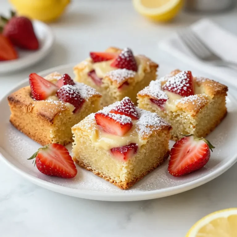For these blondies, I use 1 cup of unsalted butter. I melt it to make the batter rich and smooth. You need both brown sugar and granulated sugar. Use 1 cup of brown sugar and 1/2 cup of granulated sugar. This mix adds depth and sweetness. Next, I add 2 large eggs to the bowl. One at a time, I mix them in well. Eggs help bind the blondies and keep them soft. I also add 2 teaspoons of vanilla extract for flavor. The vanilla gives a nice aroma and taste. In a separate bowl, I combine the dry ingredients. You will need 2 cups of all-purpose flour, 1 teaspoon of baking powder, and 1/2 teaspoon of salt. These ingredients create the base of the blondies. For flavor, I add the zest of 1 lemon and 1/4 cup of fresh lemon juice. This gives a bright, tangy taste that pairs well with strawberries. Finally, I use 1 cup of fresh strawberries, diced into small pieces. The strawberries make the blondies fresh and juicy. When you fold them into the batter, they add bursts of flavor with every bite. Make sure to handle them gently to keep them intact. {{ingredient_image_1}} First, you need to preheat your oven to 350°F (175°C). This step is key for even baking. While the oven heats, take a 9x9 inch baking pan. Grease it well or line it with parchment paper. This helps your blondies come out easily later. In a large bowl, add one cup of melted butter. Then, mix in one cup of brown sugar and half a cup of granulated sugar. Use a whisk to blend them until smooth. Next, crack in two large eggs. Beat them in one at a time. Finally, stir in two teaspoons of vanilla extract for that lovely flavor. In a different bowl, combine two cups of all-purpose flour, one teaspoon of baking powder, and half a teaspoon of salt. Add the zest of one lemon and a quarter cup of fresh lemon juice. Slowly mix this dry blend into the wet mixture. Stir until just combined; don’t overmix! Now, it’s time for the strawberries! Take one cup of diced fresh strawberries and gently fold them into the batter. Be careful not to mash them. This step adds a burst of flavor and color to your blondies. Pour the batter into your prepared pan. Use a spatula to spread it evenly. Bake your blondies for 25-30 minutes. Check for doneness by inserting a toothpick in the center. If it comes out clean, they are ready. Let them cool in the pan for about 10 minutes. After that, move them to a wire rack to cool completely. Once cool, slice them into squares and dust with powdered sugar if you like! To get the best texture for your blondies, start with melted butter. This helps create a rich and moist base. Use brown sugar for a chewy bite. Granulated sugar adds a bit of lift. Don't overmix the batter when you add the flour. This keeps your blondies soft and tender. Folding in the strawberries gently also preserves their shape and flavor. Make sure your oven is preheated to 350°F (175°C). This step is key for even baking. Grease your baking pan or line it with parchment paper. This helps with easy removal. Spread the batter evenly in the pan. If you want, you can tap the pan on the counter. This releases air bubbles and helps the batter settle. Keep an eye on the edges. They should turn golden brown when done. Once your blondies cool, slice them into squares. A sprinkle of powdered sugar makes them look fancy. They are great warm or at room temperature. You can serve them with whipped cream or a scoop of vanilla ice cream. For an extra touch, add fresh strawberries on the side. These blondies are perfect for picnics, parties, or just a sweet treat at home! Pro Tips Use Fresh Strawberries: For the best flavor and texture, opt for ripe, fresh strawberries. Frozen strawberries may release excess moisture, affecting the blondie texture. Don’t Overmix the Batter: Gently fold in the strawberries and just mix until combined to maintain the blondies' soft and chewy texture. Check for Doneness: Since ovens can vary, start checking your blondies a few minutes before the recommended time. They should be golden around the edges and a toothpick inserted should come out with a few moist crumbs. Add a Lemon Glaze: For an extra zing, consider drizzling a simple lemon glaze made from powdered sugar and lemon juice over the cooled blondies before serving. {{image_2}} You can change the fruit in these blondies for fun. Instead of strawberries, try blueberries or raspberries. Both fruits add a nice tartness. You can also use diced peaches for a sweeter taste. Just make sure to adjust the amount. Keep the fruit fresh for the best flavor. Want to make these blondies gluten-free? Use a gluten-free flour blend instead of regular flour. This swap works well and keeps the texture nice. Look for blends that contain xanthan gum. This helps the blondies stay together. Always check labels to ensure no gluten is hiding. Add some extra flavors to your blondies for a twist. You can mix in a teaspoon of almond extract for a nutty taste. A pinch of cinnamon or nutmeg can warm up the flavor too. For a zesty kick, add more lemon juice or zest. This gives a bright, fresh taste. Feel free to experiment and find your favorite combo! To keep your strawberry lemon blondies fresh, let them cool completely. Once cool, place them in an airtight container. This helps keep them moist and prevents them from drying out. You can store them at room temperature for up to three days. If you want to keep them longer, refrigeration is a good option. Just be sure to seal them well. If you have leftovers, freezing is a great choice. Cut the blondies into squares. Wrap each piece in plastic wrap. Then, place the wrapped pieces in a freezer bag. They can last in the freezer for up to three months. When you’re ready to enjoy them, just take out what you need. To reheat your blondies, preheat your oven to 350°F (175°C). Place the blondies on a baking sheet. Warm them for about 10 minutes. This helps restore their soft texture. You can also use the microwave. Heat for 10 to 15 seconds. Just be careful not to overheat them. Enjoy them warm for the best taste! Yes, you can use frozen strawberries. Just make sure to thaw and drain them first. This will help prevent excess moisture in your blondies. Frozen strawberries work well, but fresh berries give a better taste and texture. If you need a butter substitute, try coconut oil or applesauce. Both will give moisture and flavor. Coconut oil adds a light coconut taste, while applesauce keeps the blondies soft. Choose what fits your diet best. Check the blondies around 25 minutes of baking. The edges should be golden brown. Insert a toothpick in the center. If it comes out clean or with a few crumbs, they are ready. Don’t overbake, or they will dry out. Yes, you can make these blondies a day early. Once cooled, cover them tightly to keep them fresh. Store them at room temperature. If you want to keep them longer, freeze them and thaw when you’re ready to enjoy. This blog post covered all the steps to make delicious blondies. We talked about the needed ingredients, from butter and sugars to fresh strawberries. You learned how to prepare your pan, mix ingredients, and fold in strawberries. Tips for perfect texture and serving ideas were shared, as well as variations to try. Storing and reheating were also discussed to keep your blondies fresh. Now, you can enjoy baking and experimenting with flavors. Happy baking!