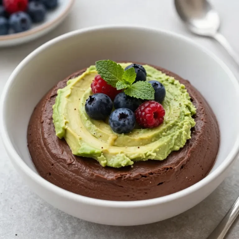 To make a rich and creamy avocado chocolate mousse, gather these ingredients: - 2 ripe avocados - ¼ cup unsweetened cocoa powder - ¼ cup pure maple syrup (or honey) - 2 tablespoons almond milk (or any plant-based milk) - 1 teaspoon vanilla extract - A pinch of sea salt - Fresh berries and mint leaves for garnish (optional) Ripe avocados are key for a smooth texture. Look for dark green skin that yields slightly when pressed. Unsweetened cocoa powder gives the mousse its rich chocolate flavor. Pure maple syrup or honey adds sweetness without overpowering the taste. You can use almond milk or any other plant-based milk you prefer. Vanilla extract enhances the flavor, while sea salt balances the sweetness. Finally, fresh berries and mint leaves make lovely garnishes that add color and freshness. With these ingredients, you create a dessert that feels indulgent but is made from wholesome foods. Enjoy the process of blending these simple items into a decadent treat! {{ingredient_image_1}} - Halve and pit avocados - Scoop flesh into a blender - Add cocoa powder, maple syrup, almond milk, vanilla, and salt Start by cutting the ripe avocados in half. Remove the pit carefully with a spoon or knife. Use a spoon to scoop the green flesh into your blender. Make sure to get all the creamy goodness. Next, add the unsweetened cocoa powder for that rich chocolate taste. Pour in the pure maple syrup for sweetness. If you prefer honey, that works too. Then, add two tablespoons of almond milk to make it smooth. Don’t forget one teaspoon of vanilla extract for flavor. Finally, add a pinch of sea salt to enhance the taste. - Blend until silky smooth - Taste and adjust sweetness Now, blend the mixture on high. Keep blending until it gets really smooth and creamy. You may need to stop and scrape down the sides of the blender. After blending, taste the mousse. If it needs more sweetness, add a little extra maple syrup. Blend it again quickly to mix it in. - Transfer to serving bowls - Chill before serving Once it’s blended perfectly, transfer the mousse into serving bowls or small cups. Chill them in the fridge for at least 30 minutes. This helps the flavors mix and makes the mousse set nicely. When ready to serve, you can add fresh berries and a sprig of mint on top for a lovely touch. Enjoy your creamy, rich dessert! To make a great avocado chocolate mousse, you need ripe avocados. Look for avocados that yield slightly to gentle pressure. This means they are soft enough to blend easily. If they are too hard, wait a few days for them to ripen. Next, adjust the sweetness and chocolate intensity to your taste. Start with ¼ cup of maple syrup. After blending, taste the mousse. If you want it sweeter, add a bit more syrup. You can also play with cocoa powder. More cocoa gives a richer chocolate flavor. Get creative with your garnishes. Fresh berries add a burst of color and flavor. Try strawberries, raspberries, or blueberries on top. A sprig of mint adds a nice touch too. Pair your mousse with other desserts for a fun treat. It goes well with cookies or brownies. You can also serve it with a scoop of ice cream for extra delight. Enjoy mixing flavors and textures! Pro Tips Use Ripe Avocados: Make sure your avocados are perfectly ripe for the creamiest texture and the best flavor. They should yield slightly to gentle pressure when squeezed. Sweetness Adjustment: Taste the mousse before chilling. You can easily adjust the sweetness by adding a little more maple syrup or honey if desired. Chill for Best Results: Allowing the mousse to chill for at least 30 minutes enhances the flavors and helps it set to the perfect consistency. Garnish Creatively: Elevate the presentation with fresh berries and mint leaves. Not only do they add color, but they also provide a refreshing contrast to the rich mousse. {{image_2}} You can make your avocado chocolate mousse even better. One way is to add espresso or coffee. The coffee gives the mousse a rich depth. Just a small amount can enhance the chocolate flavor. Try starting with one teaspoon of brewed coffee. Blend it in with the other ingredients. Another fun option is to use nut butter. Adding almond or peanut butter makes the mousse creamier. It adds a nice nutty taste, too. Just mix in one or two tablespoons. This will give your mousse a new twist and keep it smooth. If you want a vegan treat, you can easily swap out some ingredients. Use maple syrup instead of honey for sweetness. Stick with almond milk or any plant-based milk. This keeps the mousse vegan-friendly without losing flavor. For those looking to cut sugar, there are sugar-free options. You can use a sugar substitute like stevia or erythritol. Just remember to adjust the amount to taste. This way, you can enjoy your mousse without added sugar. To keep your avocado chocolate mousse fresh, store it in an airtight container. This method prevents air from making it brown and keeps it creamy. You can also cover the surface with plastic wrap. Make sure it touches the mousse to avoid oxidation. The mousse can last in the fridge for up to three days. You don’t need to reheat avocado chocolate mousse. It tastes best chilled. If it thickens in the fridge, just stir in a splash of almond milk to refresh it. Serve the mousse topped with fresh berries and mint again for a lovely touch. Enjoy the rich taste as you did the first time! Yes, you can make avocado chocolate mousse ahead of time. It keeps well in the fridge. Prepare it a day before serving. Just cover it with plastic wrap to prevent browning. Avocado chocolate mousse lasts about three days in the fridge. Store it in an airtight container to keep it fresh. After a couple of days, check for any changes in smell or texture. Yes, this dessert is vegan! It uses ripe avocados and plant-based ingredients. You can enjoy it without any animal products. Just make sure to use maple syrup instead of honey. You can use agave syrup or honey if not vegan. Both will add sweetness. If you like a low-calorie option, try stevia. Adjust the amount based on your taste preference. You can create a rich and creamy avocado chocolate mousse with just a few simple ingredients. We covered ripe avocados, cocoa powder, and sweeteners like maple syrup. I showed you how to prepare, blend, and serve this delightful treat. Plus, we discussed tips for perfecting your mousse and fun variations to try. Overall, this dessert is not just tasty, but also healthy and versatile. With a little creativity, you can impress anyone with this easy recipe. Enjoy making it your own!