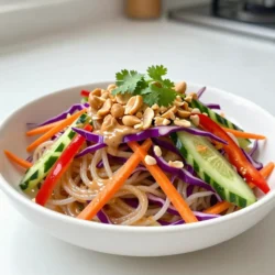 - 8 oz rice noodles - 1 cup shredded purple cabbage - 1 cup shredded carrots - 1 red bell pepper, thinly sliced - 1/2 cup cucumber, julienned - 1/4 cup green onions, sliced - 1/4 cup fresh cilantro, chopped - 1/4 cup roasted peanuts, chopped Thai Peanut Noodle Salad starts with rice noodles. They are light and soak up flavors well. You can find them in most grocery stores. Fresh vegetables add crunch and color. Shredded cabbage and carrots bring a nice bite. Sliced bell pepper and cucumber keep it refreshing. Green onions and cilantro give it a bright taste. Chopped roasted peanuts add a tasty crunch on top. - 1/3 cup creamy peanut butter - 2 tablespoons soy sauce - 1 tablespoon maple syrup - 1 tablespoon rice vinegar - 1 teaspoon sesame oil - 1-2 teaspoons Sriracha (to taste) - Water (to thin the sauce) The peanut sauce is the star of this dish. Creamy peanut butter gives it richness. Soy sauce adds a salty, umami flavor. Maple syrup brings sweetness that balances the salt. Rice vinegar adds tang, while sesame oil gives depth. Sriracha can bring a kick, so adjust it to your taste. If the sauce is too thick, add water until it&rsquo;s just right. - Additional veggies - Extra spices - Protein add-ins Feel free to customize your salad! You can add more veggies like snap peas or broccoli. Extra spices can enhance the flavor, such as garlic or ginger. If you want protein, consider adding grilled chicken, shrimp, or tofu. This makes the salad more filling and satisfying. Personalize it to suit your taste! {{ingredient_image_1}} 1. Start by boiling water in a large pot. Make sure it bubbles well. 2. Add 8 oz of rice noodles to the boiling water. Cook them according to the package instructions. 3. Once they are al dente, drain the noodles in a colander. Rinse them under cold water. This stops the cooking and cools them down. Set the noodles aside for later. 1. Grab a large mixing bowl. Add 1 cup of shredded purple cabbage, 1 cup of shredded carrots, 1 thinly sliced red bell pepper, 1/2 cup of julienned cucumber, 1/4 cup of sliced green onions, and 1/4 cup of chopped fresh cilantro. 2. Use a large spoon to toss the veggies together. Make sure they mix evenly. This step adds color and crunch to your salad. 1. In a small bowl, whisk together 1/3 cup of creamy peanut butter, 2 tablespoons of soy sauce, 1 tablespoon of maple syrup, 1 tablespoon of rice vinegar, and 1 teaspoon of sesame oil. 2. Add 1-2 teaspoons of Sriracha for some heat. If the sauce is too thick, add a teaspoon of water at a time until it reaches the right consistency. You want it smooth, not runny. 1. Now, add the cooled rice noodles to the bowl with the veggies. 2. Pour the peanut sauce over the noodle and vegetable mix. Toss everything gently until the noodles and veggies are well coated. 3. For serving, transfer the salad to large bowls or a platter. 4. Sprinkle chopped roasted peanuts on top for added crunch. You can also garnish with extra cilantro and lime wedges for a fresh touch. To adjust the flavor, start with the basics. You can add more soy sauce for saltiness or maple syrup for sweetness. If you want a kick, increase the Sriracha. Taste your sauce as you mix. This helps you find the right balance. For thickening or thinning, if your sauce is too thick, add water. Do this one teaspoon at a time. Stir well after each addition. If it&rsquo;s too thin, add more peanut butter. This will give it a nice creamy texture. For the right texture, cook rice noodles until they are al dente. This means they should still have a little bite. Overcooking can make them mushy. Rinse them under cold water right after draining. This stops the cooking and helps them stay firm. Common mistakes include not watching the cooking time and skipping the rinse. Always follow the package instructions. If you forget to rinse, the noodles can stick together. To keep your salad fresh, store it in an airtight container. This helps keep the veggies crisp. You can separate the peanut sauce and noodles if you want to keep them fresh longer. For reheating, avoid microwaving the salad as it can make the veggies soggy. Instead, heat the noodles with a little water in a pan. This will warm them without losing crunch. Pro Tips Perfectly Cooked Noodles: To avoid mushy noodles, make sure to cook the rice noodles until just al dente and rinse them in cold water immediately after draining. This stops the cooking process and keeps them firm. Customize Your Veggies: Feel free to swap or add any vegetables you like! Bell peppers, snap peas, or even edamame can add great flavor and texture to your salad. Make It Ahead: This salad can be prepared in advance! Just keep the peanut sauce separate until you're ready to serve to prevent the noodles from soaking up too much moisture. Extra Crunch: For an added crunch, try topping the salad with toasted sesame seeds or additional chopped peanuts before serving. {{image_2}} You can easily make this dish vegetarian or vegan. - Substitutions for non-vegan ingredients: Use maple syrup in place of honey. This keeps the sweetness without animal products. - Adding plant-based proteins: Try chickpeas or tofu for protein. They blend well with the noodles and veggies. If you need a gluten-free dish, there are great options. - Alternative noodles: Use rice noodles, which are already gluten-free. You can also try quinoa noodles for a different taste. - Gluten-free condiments: Choose gluten-free soy sauce or tamari. This keeps the flavors strong without gluten. You can change up the taste to suit your mood. - Spicy version ideas: Add more Sriracha or red pepper flakes for heat. This gives the salad a nice kick. - Alternative sauces to try: Experiment with almond butter or sunflower seed butter instead of peanut butter. Each will give a unique flavor twist. To keep your Thai Peanut Noodle Salad fresh, use an airtight container. This helps lock in moisture and flavor. You can store it in the fridge for up to three days. Always check for any signs of spoilage before eating. Can you freeze the salad? Yes, but it&rsquo;s best to freeze just the noodles and sauce separately. Freezing the veggies can make them mushy. For freezing, place the noodles and sauce in freezer bags. Squeeze out as much air as possible. When you are ready to eat, thaw them in the fridge overnight. Now that you have leftovers, let&rsquo;s get creative! You can mix the salad into a stir-fry for a new dish. Add some protein like chicken or tofu for a hearty meal. You can also use it as a filling for wraps or lettuce cups. This way, you can enjoy the flavors in different ways. You can use several alternatives for rice noodles. Here are a few options: - Soba noodles: Made from buckwheat, these give a nice flavor. - Whole wheat spaghetti: This is a good pantry-friendly choice. - Zucchini noodles: Great for a low-carb option; use a spiralizer. - Shirataki noodles: These are very low in calories and carbs. These substitutes can work well, but adjust the cooking time as needed. Thai Peanut Noodle Salad can last in the fridge for about 3 to 5 days. Store it in an airtight container. Over time, the veggies may get softer, so enjoy it fresh for the best taste. Yes, you can make this salad ahead of time. Here are some tips: - Prep the noodles and veggies: Cook and chop them a day before. - Make the peanut sauce: It keeps well in the fridge. Just mix it in before serving. - Store separately: Keep noodles, veggies, and sauce apart until you are ready to eat. This keeps everything fresh and crunchy. In this article, I covered how to make a tasty Thai Peanut Noodle Salad. We explored key ingredients like rice noodles, fresh veggies, and a creamy peanut sauce. I shared step-by-step instructions and helpful tips for perfecting your dish. You can customize it with extra ingredients or try unique variations. Remember, you can store leftovers or use them in new ways. Enjoy crafting your salad, and don&rsquo;t be afraid to experiment with flavors. Your kitchen is a great place for creativity!