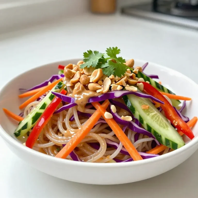- 8 oz rice noodles - 1 cup shredded purple cabbage - 1 cup shredded carrots - 1 red bell pepper, thinly sliced - 1/2 cup cucumber, julienned - 1/4 cup green onions, sliced - 1/4 cup fresh cilantro, chopped - 1/4 cup roasted peanuts, chopped Thai Peanut Noodle Salad starts with rice noodles. They are light and soak up flavors well. You can find them in most grocery stores. Fresh vegetables add crunch and color. Shredded cabbage and carrots bring a nice bite. Sliced bell pepper and cucumber keep it refreshing. Green onions and cilantro give it a bright taste. Chopped roasted peanuts add a tasty crunch on top. - 1/3 cup creamy peanut butter - 2 tablespoons soy sauce - 1 tablespoon maple syrup - 1 tablespoon rice vinegar - 1 teaspoon sesame oil - 1-2 teaspoons Sriracha (to taste) - Water (to thin the sauce) The peanut sauce is the star of this dish. Creamy peanut butter gives it richness. Soy sauce adds a salty, umami flavor. Maple syrup brings sweetness that balances the salt. Rice vinegar adds tang, while sesame oil gives depth. Sriracha can bring a kick, so adjust it to your taste. If the sauce is too thick, add water until it’s just right. - Additional veggies - Extra spices - Protein add-ins Feel free to customize your salad! You can add more veggies like snap peas or broccoli. Extra spices can enhance the flavor, such as garlic or ginger. If you want protein, consider adding grilled chicken, shrimp, or tofu. This makes the salad more filling and satisfying. Personalize it to suit your taste! {{ingredient_image_1}} 1. Start by boiling water in a large pot. Make sure it bubbles well. 2. Add 8 oz of rice noodles to the boiling water. Cook them according to the package instructions. 3. Once they are al dente, drain the noodles in a colander. Rinse them under cold water. This stops the cooking and cools them down. Set the noodles aside for later. 1. Grab a large mixing bowl. Add 1 cup of shredded purple cabbage, 1 cup of shredded carrots, 1 thinly sliced red bell pepper, 1/2 cup of julienned cucumber, 1/4 cup of sliced green onions, and 1/4 cup of chopped fresh cilantro. 2. Use a large spoon to toss the veggies together. Make sure they mix evenly. This step adds color and crunch to your salad. 1. In a small bowl, whisk together 1/3 cup of creamy peanut butter, 2 tablespoons of soy sauce, 1 tablespoon of maple syrup, 1 tablespoon of rice vinegar, and 1 teaspoon of sesame oil. 2. Add 1-2 teaspoons of Sriracha for some heat. If the sauce is too thick, add a teaspoon of water at a time until it reaches the right consistency. You want it smooth, not runny. 1. Now, add the cooled rice noodles to the bowl with the veggies. 2. Pour the peanut sauce over the noodle and vegetable mix. Toss everything gently until the noodles and veggies are well coated. 3. For serving, transfer the salad to large bowls or a platter. 4. Sprinkle chopped roasted peanuts on top for added crunch. You can also garnish with extra cilantro and lime wedges for a fresh touch. To adjust the flavor, start with the basics. You can add more soy sauce for saltiness or maple syrup for sweetness. If you want a kick, increase the Sriracha. Taste your sauce as you mix. This helps you find the right balance. For thickening or thinning, if your sauce is too thick, add water. Do this one teaspoon at a time. Stir well after each addition. If it’s too thin, add more peanut butter. This will give it a nice creamy texture. For the right texture, cook rice noodles until they are al dente. This means they should still have a little bite. Overcooking can make them mushy. Rinse them under cold water right after draining. This stops the cooking and helps them stay firm. Common mistakes include not watching the cooking time and skipping the rinse. Always follow the package instructions. If you forget to rinse, the noodles can stick together. To keep your salad fresh, store it in an airtight container. This helps keep the veggies crisp. You can separate the peanut sauce and noodles if you want to keep them fresh longer. For reheating, avoid microwaving the salad as it can make the veggies soggy. Instead, heat the noodles with a little water in a pan. This will warm them without losing crunch. Pro Tips Perfectly Cooked Noodles: To avoid mushy noodles, make sure to cook the rice noodles until just al dente and rinse them in cold water immediately after draining. This stops the cooking process and keeps them firm. Customize Your Veggies: Feel free to swap or add any vegetables you like! Bell peppers, snap peas, or even edamame can add great flavor and texture to your salad. Make It Ahead: This salad can be prepared in advance! Just keep the peanut sauce separate until you're ready to serve to prevent the noodles from soaking up too much moisture. Extra Crunch: For an added crunch, try topping the salad with toasted sesame seeds or additional chopped peanuts before serving. {{image_2}} You can easily make this dish vegetarian or vegan. - Substitutions for non-vegan ingredients: Use maple syrup in place of honey. This keeps the sweetness without animal products. - Adding plant-based proteins: Try chickpeas or tofu for protein. They blend well with the noodles and veggies. If you need a gluten-free dish, there are great options. - Alternative noodles: Use rice noodles, which are already gluten-free. You can also try quinoa noodles for a different taste. - Gluten-free condiments: Choose gluten-free soy sauce or tamari. This keeps the flavors strong without gluten. You can change up the taste to suit your mood. - Spicy version ideas: Add more Sriracha or red pepper flakes for heat. This gives the salad a nice kick. - Alternative sauces to try: Experiment with almond butter or sunflower seed butter instead of peanut butter. Each will give a unique flavor twist. To keep your Thai Peanut Noodle Salad fresh, use an airtight container. This helps lock in moisture and flavor. You can store it in the fridge for up to three days. Always check for any signs of spoilage before eating. Can you freeze the salad? Yes, but it’s best to freeze just the noodles and sauce separately. Freezing the veggies can make them mushy. For freezing, place the noodles and sauce in freezer bags. Squeeze out as much air as possible. When you are ready to eat, thaw them in the fridge overnight. Now that you have leftovers, let’s get creative! You can mix the salad into a stir-fry for a new dish. Add some protein like chicken or tofu for a hearty meal. You can also use it as a filling for wraps or lettuce cups. This way, you can enjoy the flavors in different ways. You can use several alternatives for rice noodles. Here are a few options: - Soba noodles: Made from buckwheat, these give a nice flavor. - Whole wheat spaghetti: This is a good pantry-friendly choice. - Zucchini noodles: Great for a low-carb option; use a spiralizer. - Shirataki noodles: These are very low in calories and carbs. These substitutes can work well, but adjust the cooking time as needed. Thai Peanut Noodle Salad can last in the fridge for about 3 to 5 days. Store it in an airtight container. Over time, the veggies may get softer, so enjoy it fresh for the best taste. Yes, you can make this salad ahead of time. Here are some tips: - Prep the noodles and veggies: Cook and chop them a day before. - Make the peanut sauce: It keeps well in the fridge. Just mix it in before serving. - Store separately: Keep noodles, veggies, and sauce apart until you are ready to eat. This keeps everything fresh and crunchy. In this article, I covered how to make a tasty Thai Peanut Noodle Salad. We explored key ingredients like rice noodles, fresh veggies, and a creamy peanut sauce. I shared step-by-step instructions and helpful tips for perfecting your dish. You can customize it with extra ingredients or try unique variations. Remember, you can store leftovers or use them in new ways. Enjoy crafting your salad, and don’t be afraid to experiment with flavors. Your kitchen is a great place for creativity!