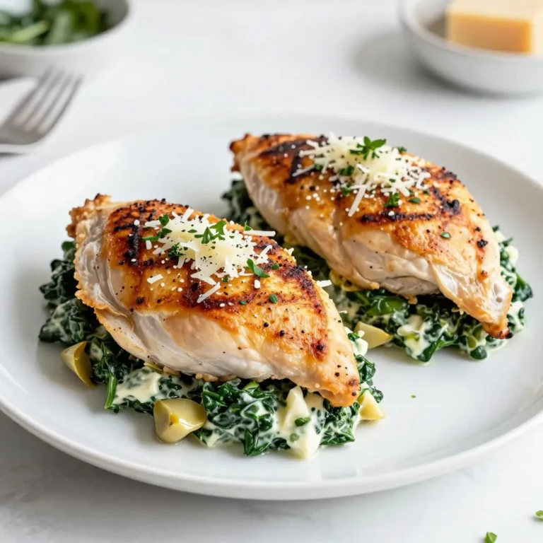 - 4 boneless, skinless chicken breasts - 1 cup fresh spinach, chopped - 1 cup marinated artichoke hearts, drained and chopped - 1 cup cream cheese, softened - 1/2 cup grated parmesan cheese - 1/2 cup shredded mozzarella cheese - 2 cloves garlic, minced - 1 teaspoon onion powder - Salt and pepper to taste - 1 tablespoon olive oil - Fresh herbs (like parsley or basil) for garnish When you gather your ingredients, you want the right amounts. If you need less, you can halve the recipe. For a richer taste, use more cream cheese or cheese. You can swap the artichokes for sun-dried tomatoes if you prefer. This gives a different flavor but still tastes great. If you want to make it lighter, consider using low-fat cream cheese. Choosing fresh veggies is key to great taste. Look for bright green spinach leaves without brown spots. The artichokes should smell fresh, not sour. When picking chicken, choose breasts that feel firm and are pink. Avoid any that look grey or feel slimy. Always check the sell-by date for dairy products like cream cheese. Fresh herbs should smell strong and look vibrant. With these tips, you can make a dish that truly shines. {{ingredient_image_1}} Start by gathering your ingredients. You will need: - 4 boneless, skinless chicken breasts - 1 cup fresh spinach, chopped - 1 cup marinated artichoke hearts, drained and chopped - 1 cup cream cheese, softened - 1/2 cup grated parmesan cheese - 1/2 cup shredded mozzarella cheese - 2 cloves garlic, minced - 1 teaspoon onion powder - Salt and pepper to taste - 1 tablespoon olive oil - Fresh herbs for garnish Next, preheat your oven to 375°F (190°C). This step is key for even cooking. In a medium bowl, mix the chopped spinach, artichoke hearts, cream cheese, parmesan, mozzarella, minced garlic, onion powder, salt, and pepper. Stir until you have a creamy, well-blended filling. Now it's time to prepare the chicken. Take each chicken breast and butterfly it. Slice it horizontally without cutting all the way through. This creates a pocket for the filling. Stuff each chicken breast generously with the spinach-artichoke mixture. You might use toothpicks to close them if needed. Heat the olive oil in a large oven-safe skillet over medium-high heat. Once hot, add the stuffed chicken breasts. Sear them for 3-4 minutes on each side until they turn golden brown. This step adds flavor and texture. After searing, transfer the skillet to the oven. Bake for 25-30 minutes. Check that the chicken reaches an internal temperature of 165°F (74°C) for safety. To ensure your chicken is cooked, use a meat thermometer. Insert it into the thickest part of the breast. When it reads 165°F (74°C), your chicken is done. If you don't have a thermometer, cut into the chicken. The juices should run clear, and there should be no pink inside. Once cooked, remove the skillet from the oven. Let the chicken rest for 5 minutes. This helps the juices redistribute, keeping it moist. Finish by garnishing with fresh herbs. Enjoy your delicious spinach artichoke stuffed chicken! When making spinach artichoke stuffed chicken, many people make some common mistakes. First, don’t overstuff the chicken. If you add too much filling, it may spill out while cooking. Second, remember to season your filling well. A pinch of salt and pepper can make a big difference. Also, don’t skip the browning step. Searing the chicken gives it a nice color and flavor. Lastly, let the chicken rest before slicing. This keeps the juices inside, making it moist. To boost flavor, use fresh ingredients whenever possible. Fresh spinach and artichoke hearts add a vibrant taste. Using high-quality cheeses like parmesan and mozzarella makes a big difference too. Don’t forget the garlic! It adds a wonderful aroma and depth. You can also mix in some fresh herbs to your filling, like parsley or basil. These small additions can transform the dish. For an extra kick, try adding a pinch of red pepper flakes to the mixture. For this recipe, you need a few key tools. First, a sharp knife is essential for butterflying the chicken. A cutting board will make your prep easier. You’ll also need a medium mixing bowl for your filling. An oven-safe skillet is important for searing and baking the chicken. Consider using a meat thermometer to check if the chicken is fully cooked. It should reach an internal temperature of 165°F (74°C). Finally, toothpicks can help keep the filling inside the chicken while it cooks. Pro Tips Use Fresh Ingredients: Fresh spinach and high-quality artichoke hearts will enhance the flavor and texture of your stuffing. Let the Cheese Soften: Make sure your cream cheese is fully softened to room temperature for easier mixing and a creamier filling. Secure the Stuffing: If the chicken breasts are not holding the stuffing well, use toothpicks to secure them before cooking, ensuring nothing spills out. Rest the Chicken: Allow the stuffed chicken to rest for a few minutes after baking to let the juices redistribute, resulting in juicier meat. {{image_2}} You can play with the filling for your Spinach Artichoke Stuffed Chicken. Swap out the cream cheese for goat cheese or ricotta for a unique twist. Try adding some chopped sun-dried tomatoes for extra flavor. If you want more protein, mix in some cooked and crumbled bacon or shredded chicken. For a spicy kick, consider adding crushed red pepper flakes. While baking gives a nice finish, grilling adds a smoky flavor. If you grill, keep the heat medium to avoid burning. Sear the chicken pockets first, then move them to indirect heat to cook through. You can also use an air fryer for a crispy texture with less oil. Cook at 375°F for around 20 minutes, checking the internal temperature. You can easily make this dish fit various diets. To make it gluten-free, ensure your artichokes and other ingredients are certified gluten-free. For a dairy-free version, use cashew cream or a dairy-free cheese option. Always check labels to confirm there are no hidden dairy ingredients. This way, everyone can enjoy your delicious stuffed chicken! To keep your leftover spinach artichoke stuffed chicken fresh, follow these steps: - Let the chicken cool down to room temperature. - Place the chicken in an airtight container. - Store the container in the fridge for up to three days. This method helps keep the flavors intact and prevents dryness. When you're ready to enjoy your leftovers, reheating is simple: - Preheat the oven to 350°F (175°C). - Place the chicken in an oven-safe dish, covering it with foil. - Heat for about 15-20 minutes or until warmed through. You can also use a microwave: - Place the chicken on a microwave-safe plate. - Heat in 1-minute bursts, checking often, until hot. Make sure the internal temperature reaches 165°F (74°C) for safety. If you want to freeze your stuffed chicken, here’s how to do it: - Allow the cooked chicken to cool completely. - Wrap each piece tightly in plastic wrap or aluminum foil. - Place the wrapped chicken in a freezer bag or container. You can freeze it for up to three months. To reheat, thaw overnight in the fridge and then follow the reheating instructions above. You can check if the chicken is done by using a meat thermometer. The chicken should reach an internal temperature of 165°F (74°C). If you don’t have a thermometer, cut into the thickest part of the chicken. The juices should run clear, not pink. Yes, you can use frozen chicken breasts. Just make sure to thaw them completely before cooking. Thawing helps the chicken cook evenly and makes it easier to stuff. You can thaw them in the fridge overnight or use the microwave for a quick thaw. Spinach Artichoke Stuffed Chicken goes well with many sides. Here are some great options: - Sautéed mixed greens - Roasted vegetables - Garlic mashed potatoes - Quinoa salad - Steamed asparagus These sides add color and flavor to your meal. Plus, they complement the rich filling of the chicken. In this blog post, we explored the key ingredients for Spinach Artichoke Stuffed Chicken and how to cook it. I shared tips on selecting fresh items and avoiding common mistakes. You learned how to vary the recipe with different fillings and cooking methods. Lastly, I provided storage tips for leftovers. Cooking can be rewarding, so take these tips and enjoy your dish. Happy cooking!