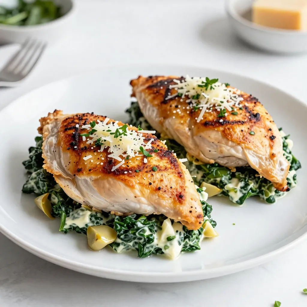 - 4 boneless, skinless chicken breasts - 1 cup fresh spinach, chopped - 1 cup marinated artichoke hearts, drained and chopped - 1 cup cream cheese, softened - 1/2 cup grated parmesan cheese - 1/2 cup shredded mozzarella cheese - 2 cloves garlic, minced - 1 teaspoon onion powder - Salt and pepper to taste - 1 tablespoon olive oil - Fresh herbs (like parsley or basil) for garnish When you gather your ingredients, you want the right amounts. If you need less, you can halve the recipe. For a richer taste, use more cream cheese or cheese. You can swap the artichokes for sun-dried tomatoes if you prefer. This gives a different flavor but still tastes great. If you want to make it lighter, consider using low-fat cream cheese. Choosing fresh veggies is key to great taste. Look for bright green spinach leaves without brown spots. The artichokes should smell fresh, not sour. When picking chicken, choose breasts that feel firm and are pink. Avoid any that look grey or feel slimy. Always check the sell-by date for dairy products like cream cheese. Fresh herbs should smell strong and look vibrant. With these tips, you can make a dish that truly shines. {{ingredient_image_1}} Start by gathering your ingredients. You will need: - 4 boneless, skinless chicken breasts - 1 cup fresh spinach, chopped - 1 cup marinated artichoke hearts, drained and chopped - 1 cup cream cheese, softened - 1/2 cup grated parmesan cheese - 1/2 cup shredded mozzarella cheese - 2 cloves garlic, minced - 1 teaspoon onion powder - Salt and pepper to taste - 1 tablespoon olive oil - Fresh herbs for garnish Next, preheat your oven to 375°F (190°C). This step is key for even cooking. In a medium bowl, mix the chopped spinach, artichoke hearts, cream cheese, parmesan, mozzarella, minced garlic, onion powder, salt, and pepper. Stir until you have a creamy, well-blended filling. Now it's time to prepare the chicken. Take each chicken breast and butterfly it. Slice it horizontally without cutting all the way through. This creates a pocket for the filling. Stuff each chicken breast generously with the spinach-artichoke mixture. You might use toothpicks to close them if needed. Heat the olive oil in a large oven-safe skillet over medium-high heat. Once hot, add the stuffed chicken breasts. Sear them for 3-4 minutes on each side until they turn golden brown. This step adds flavor and texture. After searing, transfer the skillet to the oven. Bake for 25-30 minutes. Check that the chicken reaches an internal temperature of 165°F (74°C) for safety. To ensure your chicken is cooked, use a meat thermometer. Insert it into the thickest part of the breast. When it reads 165°F (74°C), your chicken is done. If you don't have a thermometer, cut into the chicken. The juices should run clear, and there should be no pink inside. Once cooked, remove the skillet from the oven. Let the chicken rest for 5 minutes. This helps the juices redistribute, keeping it moist. Finish by garnishing with fresh herbs. Enjoy your delicious spinach artichoke stuffed chicken! When making spinach artichoke stuffed chicken, many people make some common mistakes. First, don’t overstuff the chicken. If you add too much filling, it may spill out while cooking. Second, remember to season your filling well. A pinch of salt and pepper can make a big difference. Also, don’t skip the browning step. Searing the chicken gives it a nice color and flavor. Lastly, let the chicken rest before slicing. This keeps the juices inside, making it moist. To boost flavor, use fresh ingredients whenever possible. Fresh spinach and artichoke hearts add a vibrant taste. Using high-quality cheeses like parmesan and mozzarella makes a big difference too. Don’t forget the garlic! It adds a wonderful aroma and depth. You can also mix in some fresh herbs to your filling, like parsley or basil. These small additions can transform the dish. For an extra kick, try adding a pinch of red pepper flakes to the mixture. For this recipe, you need a few key tools. First, a sharp knife is essential for butterflying the chicken. A cutting board will make your prep easier. You’ll also need a medium mixing bowl for your filling. An oven-safe skillet is important for searing and baking the chicken. Consider using a meat thermometer to check if the chicken is fully cooked. It should reach an internal temperature of 165°F (74°C). Finally, toothpicks can help keep the filling inside the chicken while it cooks. Pro Tips Use Fresh Ingredients: Fresh spinach and high-quality artichoke hearts will enhance the flavor and texture of your stuffing. Let the Cheese Soften: Make sure your cream cheese is fully softened to room temperature for easier mixing and a creamier filling. Secure the Stuffing: If the chicken breasts are not holding the stuffing well, use toothpicks to secure them before cooking, ensuring nothing spills out. Rest the Chicken: Allow the stuffed chicken to rest for a few minutes after baking to let the juices redistribute, resulting in juicier meat. {{image_2}} You can play with the filling for your Spinach Artichoke Stuffed Chicken. Swap out the cream cheese for goat cheese or ricotta for a unique twist. Try adding some chopped sun-dried tomatoes for extra flavor. If you want more protein, mix in some cooked and crumbled bacon or shredded chicken. For a spicy kick, consider adding crushed red pepper flakes. While baking gives a nice finish, grilling adds a smoky flavor. If you grill, keep the heat medium to avoid burning. Sear the chicken pockets first, then move them to indirect heat to cook through. You can also use an air fryer for a crispy texture with less oil. Cook at 375°F for around 20 minutes, checking the internal temperature. You can easily make this dish fit various diets. To make it gluten-free, ensure your artichokes and other ingredients are certified gluten-free. For a dairy-free version, use cashew cream or a dairy-free cheese option. Always check labels to confirm there are no hidden dairy ingredients. This way, everyone can enjoy your delicious stuffed chicken! To keep your leftover spinach artichoke stuffed chicken fresh, follow these steps: - Let the chicken cool down to room temperature. - Place the chicken in an airtight container. - Store the container in the fridge for up to three days. This method helps keep the flavors intact and prevents dryness. When you're ready to enjoy your leftovers, reheating is simple: - Preheat the oven to 350°F (175°C). - Place the chicken in an oven-safe dish, covering it with foil. - Heat for about 15-20 minutes or until warmed through. You can also use a microwave: - Place the chicken on a microwave-safe plate. - Heat in 1-minute bursts, checking often, until hot. Make sure the internal temperature reaches 165°F (74°C) for safety. If you want to freeze your stuffed chicken, here’s how to do it: - Allow the cooked chicken to cool completely. - Wrap each piece tightly in plastic wrap or aluminum foil. - Place the wrapped chicken in a freezer bag or container. You can freeze it for up to three months. To reheat, thaw overnight in the fridge and then follow the reheating instructions above. You can check if the chicken is done by using a meat thermometer. The chicken should reach an internal temperature of 165°F (74°C). If you don’t have a thermometer, cut into the thickest part of the chicken. The juices should run clear, not pink. Yes, you can use frozen chicken breasts. Just make sure to thaw them completely before cooking. Thawing helps the chicken cook evenly and makes it easier to stuff. You can thaw them in the fridge overnight or use the microwave for a quick thaw. Spinach Artichoke Stuffed Chicken goes well with many sides. Here are some great options: - Sautéed mixed greens - Roasted vegetables - Garlic mashed potatoes - Quinoa salad - Steamed asparagus These sides add color and flavor to your meal. Plus, they complement the rich filling of the chicken. In this blog post, we explored the key ingredients for Spinach Artichoke Stuffed Chicken and how to cook it. I shared tips on selecting fresh items and avoiding common mistakes. You learned how to vary the recipe with different fillings and cooking methods. Lastly, I provided storage tips for leftovers. Cooking can be rewarding, so take these tips and enjoy your dish. Happy cooking!