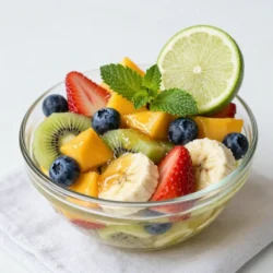 - 2 cups strawberries, hulled and sliced - 1 cup blueberries - 2 ripe kiwis, peeled and diced - 1 large mango, diced - 1 medium-sized banana, sliced - 3 tablespoons honey - 2 tablespoons lime juice - Zest of 1 lime - 1 tablespoon fresh mint leaves, finely chopped To make a tasty Honey Lime Fruit Salad, you need a mix of fresh fruits. Strawberries, blueberries, kiwis, mangoes, and bananas work great together. I love how colorful and vibrant this salad looks. Each fruit adds its own sweet and juicy flavor. Next, you need the dressing. The honey brings a nice sweetness. The lime juice adds a tangy twist. The lime zest gives extra zing. This dressing coats the fruits and takes them to the next level. Finally, don&rsquo;t forget the mint leaves. They add a fresh touch. The mint makes the salad feel bright and lively. You can easily find these ingredients at your local store. Enjoy creating this refreshing dish! {{ingredient_image_1}} Start by gathering all your fresh fruits. You will need: - 2 cups strawberries, hulled and sliced - 1 cup blueberries - 2 ripe kiwis, peeled and diced - 1 large mango, diced - 1 medium-sized banana, sliced In a large mixing bowl, combine the sliced strawberries, blueberries, diced kiwi, mango, and sliced banana. Make sure to toss them gently so they mix well without bruising. This colorful mix will make the salad look lovely. For the dressing, you need: - 3 tablespoons honey - 2 tablespoons lime juice - Zest of 1 lime In a small bowl, whisk together the honey, lime juice, and lime zest until smooth. This dressing adds a sweet and tangy flavor that brightens the fruits. The lime zest gives it a nice punch, enhancing the salad's taste. Now it&rsquo;s time to put it all together. Drizzle the honey-lime mixture over the mixed fruits. Toss gently to coat all the fruit pieces evenly. Be careful not to mash any fruits. Finally, sprinkle the finely chopped mint leaves on top for a fresh touch. Give it one last gentle toss. Let the fruit salad sit for about 10 minutes. This resting time allows the flavors to meld together nicely. Enjoy your refreshing and vibrant honey lime fruit salad! Let your salad sit for 10 minutes. This helps the flavors blend together. The honey and lime juice soak into the fruits, making each bite tasty. You will notice a big difference after the wait. Serve your fruit salad in a large glass bowl. This makes it look bright and inviting. Add extra mint leaves on top for color. A slice of lime also adds a nice touch. Your guests will love the way it looks! This salad is great as a dessert or side dish. It is refreshing for warm days and perfect for gatherings. Pair it with grilled meats or enjoy it alone. Everyone will appreciate this light and bright dish! Pro Tips Choose Ripe Fruits: For the best flavor and sweetness, make sure your fruits are perfectly ripe. Check for slight softness and vibrant color. Mint Freshness: To enhance the mint flavor, gently bruise the leaves before chopping them. This releases more of their essential oils. Chill Before Serving: For a refreshing taste, chill the fruit salad in the refrigerator for at least 30 minutes before serving. Variations are Key: Feel free to swap in other seasonal fruits such as peaches, nectarines, or grapes for a different twist each time. {{image_2}} You can change the fruit in this salad easily. Try adding pineapple for a tropical twist. Orange segments bring a bright flavor. Grapes add a nice crunch. Mix and match your favorites to create your own version. If you want a different sweet taste, try agave nectar. Maple syrup also works well as a substitute for honey. Both sweeteners blend nicely with lime juice. Adjust the amount to fit your taste. Herbs can add a fun twist to this salad. Fresh basil gives a sweet and savory flavor. Cilantro adds a fresh and bright note. Just a little bit can change the whole dish. Don't be afraid to experiment! To keep your Honey Lime Fruit Salad fresh, store it in an airtight container. This helps lock in moisture and flavor. Place the container in your refrigerator right after you make it. Avoid leaving it out at room temperature for too long. For best freshness, eat the salad within 1-2 days. After that, the fruits can lose their crispness and flavor. Each fruit has a different rate of spoilage. Eating it sooner ensures you enjoy the bright, sweet taste. I do not recommend freezing this salad. Freezing can change the texture of the fruits. They may become mushy when thawed. Enjoy the salad fresh to appreciate its vibrant flavors and textures. Yes, but it&rsquo;s best to add mint just before serving. This keeps the mint fresh and bright. If you make it early, the fruits will soak in the dressing. The taste will still be good, but the mint will lose its crispness. Other berries, stone fruits, and melons can be great additions. You can add raspberries, peaches, or even cantaloupe. The key is to choose ripe, sweet fruits. They blend well with the honey and lime. Feel free to mix and match based on your favorites. Customize honey or lime juice to taste during preparation. If you like it sweeter, add more honey. If you prefer a tart taste, use extra lime juice. Always taste as you mix. This way, you can find the perfect balance for your salad. This blog post outlines how to make a fresh and tasty fruit salad. You start with vibrant fruits like strawberries, kiwi, and mango. Then, you mix a sweet honey-lime dressing. After that, toss everything together with fresh mint. For best taste, let the salad rest for a bit. You can also try different fruits or sweeteners as you like. Store leftovers in a cool, airtight container. Enjoy your fruit salad as a sweet treat or side dish for any gathering!