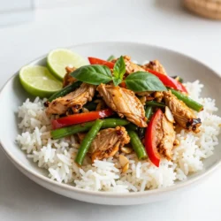 To make spicy Thai basil chicken, gather these key ingredients: - 1 lb (450g) boneless chicken breast, sliced thinly - 2 tablespoons vegetable oil - 4 cloves garlic, minced - 2-3 Thai bird's eye chilies, finely chopped - 1 red bell pepper, sliced - 1 cup green beans, trimmed - 1 onion, sliced - 2 tablespoons fish sauce - 1 tablespoon soy sauce - 1 tablespoon oyster sauce - 1 teaspoon sugar - 1 cup fresh Thai basil leaves - Cooked jasmine rice, for serving When you shop for ingredients, freshness matters. Look for bright, vibrant vegetables. Choose chicken breast that feels firm and looks pink. Avoid any meat with spots or discoloration. For basil, smell it! Fresh basil has a strong, sweet scent. Also, select firm green beans. They should snap when bent. Pick chilies that are smooth and shiny. These will pack the best heat and flavor. You can swap some items if needed. If you can&rsquo;t find Thai bird's eye chilies, use jalape&ntilde;os for a milder kick. If fresh Thai basil is hard to find, regular basil works well. For a gluten-free option, try tamari instead of soy sauce. If you want a vegetarian dish, replace chicken with tofu or mushrooms. These options still keep the great taste. {{ingredient_image_1}} 1. Start by heating 2 tablespoons of vegetable oil in a large pan or wok on medium-high heat. 2. Once hot, add 4 minced garlic cloves and 2-3 finely chopped Thai bird's eye chilies. Saut&eacute; for about 30 seconds. Watch closely to avoid burning the garlic. 3. Next, add 1 pound of thinly sliced boneless chicken breast. Stir-fry for 5-7 minutes until the chicken is cooked through and no longer pink. 4. After that, add 1 sliced onion, 1 sliced red bell pepper, and 1 cup of trimmed green beans. Stir-fry for another 3-4 minutes until the veggies are tender-crisp. 5. Now, mix 2 tablespoons of fish sauce, 1 tablespoon of soy sauce, 1 tablespoon of oyster sauce, and 1 teaspoon of sugar in a small bowl. Pour this sauce over the chicken and veggies. Toss everything to coat evenly. Cook for an extra 2 minutes. 6. Finally, remove the pan from heat and fold in 1 cup of fresh Thai basil leaves. Stir just until the basil wilts. 7. Serve your spicy Thai basil chicken over jasmine rice. This recipe uses stir-frying, a quick and high-heat cooking method. You want the oil hot to sear the chicken and veggies. Stir-frying keeps the food crisp and full of flavor. Saut&eacute;ing garlic and chilies first builds a great base of taste. Mixing sauces at the end adds depth without overcooking. - Prep Time: 10 minutes - Cook Time: 15 minutes - Total Time: 25 minutes - Serving Temp: Serve hot over jasmine rice for the best experience. Aim for a pan temperature around 375&deg;F (190&deg;C) during cooking for optimal results. To change the spice level, use fewer or more chilies. Thai bird's eye chilies are very hot. If you want less heat, start with one chili. Always taste as you go. You can also add sugar to balance the heat. For more spice, add more chilies or a dash of chili sauce. You need a large pan or wok for this dish. A wok helps with even cooking. A wooden spoon or spatula works great for stirring. If you have a meat thermometer, use it to check the chicken. It should reach 165&deg;F (75&deg;C) for safety. Serve the spicy Thai basil chicken over jasmine rice. The rice helps balance the heat. You can also add a side of lime wedges. They add a fresh burst of flavor. For a crunchy side, serve with a simple cucumber salad. This dish is great for family dinners or meal prep. Pro Tips Adjust Spice Level: Feel free to modify the number of bird's eye chilies based on your heat preference. Start with fewer chilies and add more if you like it spicier! Use Fresh Ingredients: For the best flavor, use fresh Thai basil and crisp vegetables. They enhance the overall taste and texture of the dish. Marinate the Chicken: For added depth of flavor, consider marinating the chicken in a mixture of soy sauce and garlic for about 30 minutes before cooking. Serve with Lime: Adding a squeeze of fresh lime juice before serving can brighten the flavors and add a delightful tang to the dish. {{image_2}} You can easily switch the chicken for other proteins. Tofu works great for a meat-free dish. Firm tofu absorbs flavors well. Simply press it to remove excess water before cooking. Shrimp also makes a quick and tasty option. Cook them until they turn pink, about 3-4 minutes. For a vegetarian or vegan twist, use tofu or tempeh. Both offer nice textures and flavors. Swap fish sauce with soy sauce or mushroom sauce. This keeps the umami taste without meat. Use plenty of fresh veggies like bell peppers, broccoli, or carrots. Different regions have unique takes on this dish. In some parts of Thailand, they add fresh lime leaves for a citrus kick. You can also toss in baby corn or snap peas for crunch. Try adding cashews for extra texture. Whatever you choose, these add-ins keep the dish fresh and exciting. After enjoying your spicy Thai basil chicken, let it cool down. Place the leftovers in an airtight container. This helps keep the flavors fresh. Store them in the fridge for up to three days. If you want to keep it longer, consider freezing. To reheat, take your chicken out of the fridge. You can use a microwave or a skillet. If using a microwave, heat it in short bursts. Stir in between to warm evenly. If using a skillet, add a splash of water or oil. Heat over low heat until warm. This method keeps the chicken juicy and tasty. Freezing is great for meal prep. Portion the chicken into small, airtight containers. Be sure to leave some space for expansion. Label each container with the date. You can freeze it for up to three months. When ready to eat, thaw in the fridge overnight. Then, reheat as mentioned before. Enjoy your meal anytime! Spicy Thai Basil Chicken is a quick and tasty stir-fry. It features chicken, fresh basil, and chilies. This dish has bold flavors from garlic, fish sauce, and soy sauce. You can serve it over jasmine rice for a complete meal. The fresh basil adds a unique and fresh taste. To make this dish less spicy, reduce the number of chilies. Use just one or skip them altogether. You can also add more vegetables to balance the heat. Adding sugar can help tone down the spice as well. Remember, the flavor will still be great without the heat. Yes, you can make Spicy Thai Basil Chicken ahead of time. Cook the dish and let it cool before storing. Keep it in the fridge for up to three days. Reheat it on the stove or in the microwave. Fresh basil can be added right before serving for the best flavor. This blog post shared a simple recipe for Spicy Thai Basil Chicken. We explored the best ingredients, tips for cooking, and ways to adjust spice levels. You learned about storing leftovers and reheating them. In the end, cooking can be fun and tasty. Feel free to try variations that suit your taste. Enjoy your meal, and share your creations with others!