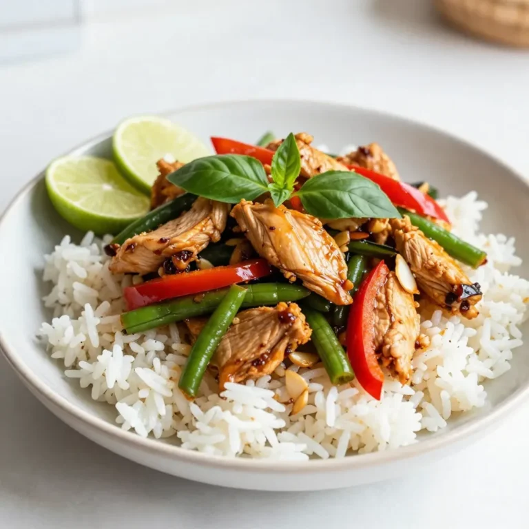 To make spicy Thai basil chicken, gather these key ingredients: - 1 lb (450g) boneless chicken breast, sliced thinly - 2 tablespoons vegetable oil - 4 cloves garlic, minced - 2-3 Thai bird's eye chilies, finely chopped - 1 red bell pepper, sliced - 1 cup green beans, trimmed - 1 onion, sliced - 2 tablespoons fish sauce - 1 tablespoon soy sauce - 1 tablespoon oyster sauce - 1 teaspoon sugar - 1 cup fresh Thai basil leaves - Cooked jasmine rice, for serving When you shop for ingredients, freshness matters. Look for bright, vibrant vegetables. Choose chicken breast that feels firm and looks pink. Avoid any meat with spots or discoloration. For basil, smell it! Fresh basil has a strong, sweet scent. Also, select firm green beans. They should snap when bent. Pick chilies that are smooth and shiny. These will pack the best heat and flavor. You can swap some items if needed. If you can’t find Thai bird's eye chilies, use jalapeños for a milder kick. If fresh Thai basil is hard to find, regular basil works well. For a gluten-free option, try tamari instead of soy sauce. If you want a vegetarian dish, replace chicken with tofu or mushrooms. These options still keep the great taste. {{ingredient_image_1}} 1. Start by heating 2 tablespoons of vegetable oil in a large pan or wok on medium-high heat. 2. Once hot, add 4 minced garlic cloves and 2-3 finely chopped Thai bird's eye chilies. Sauté for about 30 seconds. Watch closely to avoid burning the garlic. 3. Next, add 1 pound of thinly sliced boneless chicken breast. Stir-fry for 5-7 minutes until the chicken is cooked through and no longer pink. 4. After that, add 1 sliced onion, 1 sliced red bell pepper, and 1 cup of trimmed green beans. Stir-fry for another 3-4 minutes until the veggies are tender-crisp. 5. Now, mix 2 tablespoons of fish sauce, 1 tablespoon of soy sauce, 1 tablespoon of oyster sauce, and 1 teaspoon of sugar in a small bowl. Pour this sauce over the chicken and veggies. Toss everything to coat evenly. Cook for an extra 2 minutes. 6. Finally, remove the pan from heat and fold in 1 cup of fresh Thai basil leaves. Stir just until the basil wilts. 7. Serve your spicy Thai basil chicken over jasmine rice. This recipe uses stir-frying, a quick and high-heat cooking method. You want the oil hot to sear the chicken and veggies. Stir-frying keeps the food crisp and full of flavor. Sautéing garlic and chilies first builds a great base of taste. Mixing sauces at the end adds depth without overcooking. - Prep Time: 10 minutes - Cook Time: 15 minutes - Total Time: 25 minutes - Serving Temp: Serve hot over jasmine rice for the best experience. Aim for a pan temperature around 375°F (190°C) during cooking for optimal results. To change the spice level, use fewer or more chilies. Thai bird's eye chilies are very hot. If you want less heat, start with one chili. Always taste as you go. You can also add sugar to balance the heat. For more spice, add more chilies or a dash of chili sauce. You need a large pan or wok for this dish. A wok helps with even cooking. A wooden spoon or spatula works great for stirring. If you have a meat thermometer, use it to check the chicken. It should reach 165°F (75°C) for safety. Serve the spicy Thai basil chicken over jasmine rice. The rice helps balance the heat. You can also add a side of lime wedges. They add a fresh burst of flavor. For a crunchy side, serve with a simple cucumber salad. This dish is great for family dinners or meal prep. Pro Tips Adjust Spice Level: Feel free to modify the number of bird's eye chilies based on your heat preference. Start with fewer chilies and add more if you like it spicier! Use Fresh Ingredients: For the best flavor, use fresh Thai basil and crisp vegetables. They enhance the overall taste and texture of the dish. Marinate the Chicken: For added depth of flavor, consider marinating the chicken in a mixture of soy sauce and garlic for about 30 minutes before cooking. Serve with Lime: Adding a squeeze of fresh lime juice before serving can brighten the flavors and add a delightful tang to the dish. {{image_2}} You can easily switch the chicken for other proteins. Tofu works great for a meat-free dish. Firm tofu absorbs flavors well. Simply press it to remove excess water before cooking. Shrimp also makes a quick and tasty option. Cook them until they turn pink, about 3-4 minutes. For a vegetarian or vegan twist, use tofu or tempeh. Both offer nice textures and flavors. Swap fish sauce with soy sauce or mushroom sauce. This keeps the umami taste without meat. Use plenty of fresh veggies like bell peppers, broccoli, or carrots. Different regions have unique takes on this dish. In some parts of Thailand, they add fresh lime leaves for a citrus kick. You can also toss in baby corn or snap peas for crunch. Try adding cashews for extra texture. Whatever you choose, these add-ins keep the dish fresh and exciting. After enjoying your spicy Thai basil chicken, let it cool down. Place the leftovers in an airtight container. This helps keep the flavors fresh. Store them in the fridge for up to three days. If you want to keep it longer, consider freezing. To reheat, take your chicken out of the fridge. You can use a microwave or a skillet. If using a microwave, heat it in short bursts. Stir in between to warm evenly. If using a skillet, add a splash of water or oil. Heat over low heat until warm. This method keeps the chicken juicy and tasty. Freezing is great for meal prep. Portion the chicken into small, airtight containers. Be sure to leave some space for expansion. Label each container with the date. You can freeze it for up to three months. When ready to eat, thaw in the fridge overnight. Then, reheat as mentioned before. Enjoy your meal anytime! Spicy Thai Basil Chicken is a quick and tasty stir-fry. It features chicken, fresh basil, and chilies. This dish has bold flavors from garlic, fish sauce, and soy sauce. You can serve it over jasmine rice for a complete meal. The fresh basil adds a unique and fresh taste. To make this dish less spicy, reduce the number of chilies. Use just one or skip them altogether. You can also add more vegetables to balance the heat. Adding sugar can help tone down the spice as well. Remember, the flavor will still be great without the heat. Yes, you can make Spicy Thai Basil Chicken ahead of time. Cook the dish and let it cool before storing. Keep it in the fridge for up to three days. Reheat it on the stove or in the microwave. Fresh basil can be added right before serving for the best flavor. This blog post shared a simple recipe for Spicy Thai Basil Chicken. We explored the best ingredients, tips for cooking, and ways to adjust spice levels. You learned about storing leftovers and reheating them. In the end, cooking can be fun and tasty. Feel free to try variations that suit your taste. Enjoy your meal, and share your creations with others!