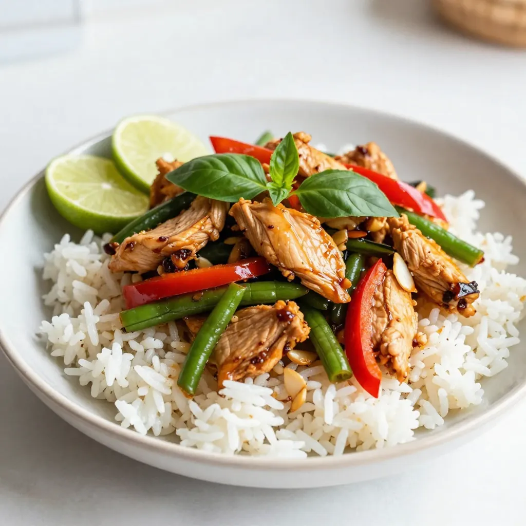 To make spicy Thai basil chicken, gather these key ingredients: - 1 lb (450g) boneless chicken breast, sliced thinly - 2 tablespoons vegetable oil - 4 cloves garlic, minced - 2-3 Thai bird's eye chilies, finely chopped - 1 red bell pepper, sliced - 1 cup green beans, trimmed - 1 onion, sliced - 2 tablespoons fish sauce - 1 tablespoon soy sauce - 1 tablespoon oyster sauce - 1 teaspoon sugar - 1 cup fresh Thai basil leaves - Cooked jasmine rice, for serving When you shop for ingredients, freshness matters. Look for bright, vibrant vegetables. Choose chicken breast that feels firm and looks pink. Avoid any meat with spots or discoloration. For basil, smell it! Fresh basil has a strong, sweet scent. Also, select firm green beans. They should snap when bent. Pick chilies that are smooth and shiny. These will pack the best heat and flavor. You can swap some items if needed. If you can’t find Thai bird's eye chilies, use jalapeños for a milder kick. If fresh Thai basil is hard to find, regular basil works well. For a gluten-free option, try tamari instead of soy sauce. If you want a vegetarian dish, replace chicken with tofu or mushrooms. These options still keep the great taste. {{ingredient_image_1}} 1. Start by heating 2 tablespoons of vegetable oil in a large pan or wok on medium-high heat. 2. Once hot, add 4 minced garlic cloves and 2-3 finely chopped Thai bird's eye chilies. Sauté for about 30 seconds. Watch closely to avoid burning the garlic. 3. Next, add 1 pound of thinly sliced boneless chicken breast. Stir-fry for 5-7 minutes until the chicken is cooked through and no longer pink. 4. After that, add 1 sliced onion, 1 sliced red bell pepper, and 1 cup of trimmed green beans. Stir-fry for another 3-4 minutes until the veggies are tender-crisp. 5. Now, mix 2 tablespoons of fish sauce, 1 tablespoon of soy sauce, 1 tablespoon of oyster sauce, and 1 teaspoon of sugar in a small bowl. Pour this sauce over the chicken and veggies. Toss everything to coat evenly. Cook for an extra 2 minutes. 6. Finally, remove the pan from heat and fold in 1 cup of fresh Thai basil leaves. Stir just until the basil wilts. 7. Serve your spicy Thai basil chicken over jasmine rice. This recipe uses stir-frying, a quick and high-heat cooking method. You want the oil hot to sear the chicken and veggies. Stir-frying keeps the food crisp and full of flavor. Sautéing garlic and chilies first builds a great base of taste. Mixing sauces at the end adds depth without overcooking. - Prep Time: 10 minutes - Cook Time: 15 minutes - Total Time: 25 minutes - Serving Temp: Serve hot over jasmine rice for the best experience. Aim for a pan temperature around 375°F (190°C) during cooking for optimal results. To change the spice level, use fewer or more chilies. Thai bird's eye chilies are very hot. If you want less heat, start with one chili. Always taste as you go. You can also add sugar to balance the heat. For more spice, add more chilies or a dash of chili sauce. You need a large pan or wok for this dish. A wok helps with even cooking. A wooden spoon or spatula works great for stirring. If you have a meat thermometer, use it to check the chicken. It should reach 165°F (75°C) for safety. Serve the spicy Thai basil chicken over jasmine rice. The rice helps balance the heat. You can also add a side of lime wedges. They add a fresh burst of flavor. For a crunchy side, serve with a simple cucumber salad. This dish is great for family dinners or meal prep. Pro Tips Adjust Spice Level: Feel free to modify the number of bird's eye chilies based on your heat preference. Start with fewer chilies and add more if you like it spicier! Use Fresh Ingredients: For the best flavor, use fresh Thai basil and crisp vegetables. They enhance the overall taste and texture of the dish. Marinate the Chicken: For added depth of flavor, consider marinating the chicken in a mixture of soy sauce and garlic for about 30 minutes before cooking. Serve with Lime: Adding a squeeze of fresh lime juice before serving can brighten the flavors and add a delightful tang to the dish. {{image_2}} You can easily switch the chicken for other proteins. Tofu works great for a meat-free dish. Firm tofu absorbs flavors well. Simply press it to remove excess water before cooking. Shrimp also makes a quick and tasty option. Cook them until they turn pink, about 3-4 minutes. For a vegetarian or vegan twist, use tofu or tempeh. Both offer nice textures and flavors. Swap fish sauce with soy sauce or mushroom sauce. This keeps the umami taste without meat. Use plenty of fresh veggies like bell peppers, broccoli, or carrots. Different regions have unique takes on this dish. In some parts of Thailand, they add fresh lime leaves for a citrus kick. You can also toss in baby corn or snap peas for crunch. Try adding cashews for extra texture. Whatever you choose, these add-ins keep the dish fresh and exciting. After enjoying your spicy Thai basil chicken, let it cool down. Place the leftovers in an airtight container. This helps keep the flavors fresh. Store them in the fridge for up to three days. If you want to keep it longer, consider freezing. To reheat, take your chicken out of the fridge. You can use a microwave or a skillet. If using a microwave, heat it in short bursts. Stir in between to warm evenly. If using a skillet, add a splash of water or oil. Heat over low heat until warm. This method keeps the chicken juicy and tasty. Freezing is great for meal prep. Portion the chicken into small, airtight containers. Be sure to leave some space for expansion. Label each container with the date. You can freeze it for up to three months. When ready to eat, thaw in the fridge overnight. Then, reheat as mentioned before. Enjoy your meal anytime! Spicy Thai Basil Chicken is a quick and tasty stir-fry. It features chicken, fresh basil, and chilies. This dish has bold flavors from garlic, fish sauce, and soy sauce. You can serve it over jasmine rice for a complete meal. The fresh basil adds a unique and fresh taste. To make this dish less spicy, reduce the number of chilies. Use just one or skip them altogether. You can also add more vegetables to balance the heat. Adding sugar can help tone down the spice as well. Remember, the flavor will still be great without the heat. Yes, you can make Spicy Thai Basil Chicken ahead of time. Cook the dish and let it cool before storing. Keep it in the fridge for up to three days. Reheat it on the stove or in the microwave. Fresh basil can be added right before serving for the best flavor. This blog post shared a simple recipe for Spicy Thai Basil Chicken. We explored the best ingredients, tips for cooking, and ways to adjust spice levels. You learned about storing leftovers and reheating them. In the end, cooking can be fun and tasty. Feel free to try variations that suit your taste. Enjoy your meal, and share your creations with others!