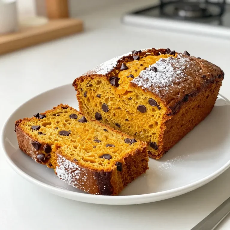 - 1 cup pure pumpkin puree (canned or freshly made) - 1/2 cup vegetable oil - 1 cup brown sugar - 1/2 cup granulated sugar - 3 large eggs - 1 teaspoon vanilla extract - 1 1/2 cups all-purpose flour - 1 teaspoon baking soda - 1/2 teaspoon baking powder - 1 teaspoon cinnamon - 1/2 teaspoon nutmeg - 1/4 teaspoon clove - 1/2 teaspoon salt - 1 cup semi-sweet chocolate chips - 1/2 cup chopped walnuts (optional) When I create pumpkin chocolate chip bread, I focus on fresh, rich flavors. The pumpkin puree is the star of this recipe. You can use canned or make your own. I often choose canned for ease. It gives a smooth texture and great taste. The sugars in the recipe balance the bread's flavors. I use brown sugar for its deep flavor and granulated sugar for sweetness. The mix of both creates a lovely moist crumb. Next, I add eggs, which bind all the ingredients. Eggs also help the bread rise. Don't skip the vegetable oil; it keeps the bread rich and moist. Vanilla extract adds warmth and depth. For the dry ingredients, I sift together flour, baking soda, and baking powder. This process adds air and keeps the bread light. The spices—cinnamon, nutmeg, and clove—bring warmth and a hint of spice. Salt enhances all these flavors. Finally, I fold in semi-sweet chocolate chips and walnuts. They add crunch and richness. The chocolate melts and creates pockets of sweetness. If you want a nutty taste, add walnuts. If not, the bread is great without them. {{ingredient_image_1}} First, you need to preheat your oven to 350°F (175°C). This step is key for even baking. While your oven heats up, grab a 9x5 inch loaf pan and grease it well. You can use butter or cooking spray. This helps the bread release easily after baking. In a large bowl, combine 1 cup of pure pumpkin puree, 1/2 cup of vegetable oil, 1 cup of brown sugar, and 1/2 cup of granulated sugar. Crack in 3 large eggs and add 1 teaspoon of vanilla extract. Whisk everything together until the mixture is smooth and creamy. The pumpkin adds moisture and flavor, while the sugars give it sweetness. In another bowl, sift together 1 1/2 cups of all-purpose flour, 1 teaspoon of baking soda, and 1/2 teaspoon of baking powder. Add 1 teaspoon of cinnamon, 1/2 teaspoon of nutmeg, 1/4 teaspoon of clove, and 1/2 teaspoon of salt. Sifting ensures no lumps and blends the spices evenly into the flour. Now, slowly add the dry mixture to the wet mixture. Stir gently until just combined. Be careful not to overmix; this keeps the bread tender. Once combined, fold in 1 cup of semi-sweet chocolate chips and 1/2 cup of chopped walnuts if you like. This adds extra flavor and crunch. Pour the batter into the greased loaf pan. Use a spatula to smooth the top. Place the pan in the oven and bake for 60-70 minutes. Check for doneness by inserting a toothpick into the center. If it comes out clean, your bread is ready. After baking, remove the loaf from the oven. Let it cool in the pan for about 10 minutes. Then, transfer it to a wire rack to cool completely. This helps the bread set and makes slicing easier. Enjoy the rich smell as it cools! Set your oven to 350°F (175°C). This heat is perfect for baking pumpkin bread. Use the middle rack for even cooking. Always check the bread at 60 minutes. Insert a toothpick in the center. If it comes out clean, the bread is done. If not, bake for another 5-10 minutes. Let the bread cool for 10 minutes in the pan before moving it. This helps it stay moist and rich. Mix the wet ingredients gently. Start with pumpkin puree, oil, sugars, eggs, and vanilla. Once mixed, add the dry ingredients. Stir until just combined. Be careful not to overmix. Overmixing makes the bread tough. You want it light and fluffy. If you see flour pockets, that's okay. The batter should be thick but not dry. Slice your pumpkin bread after it cools. Serve it warm or at room temp. For a fun twist, dust powdered sugar on top. You can also add a dollop of whipped cream or cream cheese frosting. These toppings enhance the flavors. Serve alongside a hot drink for the perfect treat. Enjoy sharing this delicious bread with friends and family! Pro Tips Use Fresh Pumpkin: For a more robust flavor, consider using freshly roasted pumpkin instead of canned puree. It adds a delightful depth to your bread. Don’t Overmix: When combining wet and dry ingredients, mix until just combined. Overmixing can make the bread tough instead of tender. Chocolate Chip Quality: Opt for high-quality semi-sweet chocolate chips for a richer taste. You can also experiment with dark chocolate for a more intense flavor. Storage Tip: Store any leftover bread in an airtight container at room temperature for up to 3 days, or freeze for longer storage. Just make sure to slice it first for easy thawing! {{image_2}} You can change the spices to make this bread unique. Try adding cardamom for warmth. Ginger adds a nice kick too. For a twist, use different extracts. Almond or maple can bring a delightful flavor. If you want to cut sugar, use honey or maple syrup. Coconut oil can replace vegetable oil for a lighter taste. For gluten-free options, almond or oat flour works well too. These swaps keep the bread tasty while meeting your needs. You can mix in other goodies beyond chocolate chips and walnuts. Dried cranberries or raisins add sweetness. For a crunchy bite, try chopped pecans or sunflower seeds. You can even add a swirl of cream cheese for richness. To keep your pumpkin chocolate chip bread fresh, store it in an airtight container. You can place it at room temperature for up to three days. If you prefer, wrap the bread in plastic wrap before putting it in the container. This extra layer helps keep it moist. Freezing is a great way to save extra bread. First, let the bread cool completely. Then, wrap it tightly in plastic wrap. After that, place the wrapped bread in a freezer bag. Make sure to remove as much air as possible. To thaw, take it out of the freezer and leave it at room temperature for several hours. You can also thaw it in the microwave for a quick treat. This bread stays fresh for about three days at room temperature. If you store it in the fridge, it can last up to a week. When frozen, the bread can stay good for about three months. Just remember to check for any signs of freezer burn when you take it out. Yes, you can use fresh pumpkin. Just cook and mash it first. Make sure to drain extra moisture. This helps keep the bread from getting too wet. Fresh pumpkin gives a rich taste and texture. You can use flax eggs, applesauce, or mashed banana. For one flax egg, mix one tablespoon of flaxseed meal with two and a half tablespoons of water. Let it sit for five minutes. Applesauce adds moisture and sweetness. Use 1/4 cup for one egg. To adjust for a different pan, change the baking time. A smaller pan needs less time, while a larger pan needs more. Check for doneness by inserting a toothpick into the center. If it comes out clean, your bread is ready. I recommend semi-sweet chocolate chips. They melt well and balance the pumpkin flavor. Dark chocolate chips also work if you want a richer taste. You can also try milk chocolate for a sweeter option. This blog post covered how to make delicious pumpkin chocolate chip bread. We discussed the right ingredients, from pumpkin puree to optional mix-ins like nuts. I shared step-by-step directions for baking and cooling your bread to perfection. You now have tips for serving and storing your creation. Remember, you can customize flavors to suit your taste. Enjoy this fun baking adventure, and share it with friends for a tasty treat! Happy baking!