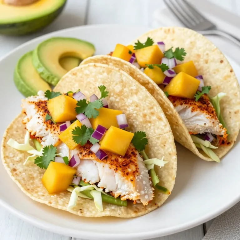 - 1 lb white fish fillets (tilapia or cod) - Spices: cumin and paprika - Fresh produce: ripe mango, red onion, jalapeño, cilantro, lime, avocado, shredded cabbage - Tortillas: 8 small corn tortillas - Olive oil for cooking These ingredients are key to making great fish tacos. The white fish brings a mild flavor that works well with the spices. I love using tilapia or cod since they cook fast and stay flaky. Cumin and paprika add warmth and depth to the fish. Just a teaspoon of each can make a big difference. Don't forget the salt and pepper to enhance the taste. The fresh produce plays a vital role. A ripe mango gives a sweet punch, while red onion adds crunch. If you like heat, the jalapeño is perfect. Be sure to remove the seeds for less spice. Cilantro brightens the salsa with its fresh taste. Lime juice brings acidity, balancing out the sweetness of the mango. Slices of avocado add creaminess to the tacos. Shredded cabbage gives a nice crunch and a pop of color. For the tortillas, I recommend small corn tortillas. They hold the filling well and add a lovely corn flavor. Lastly, use olive oil for cooking the fish. It helps achieve a nice golden crust. These ingredients come together to create a vibrant and tasty dish. Enjoy the flavors of each bite! {{ingredient_image_1}} Start by seasoning the fish fillets. Use cumin, paprika, salt, and pepper. This mix adds great flavor. I recommend using about one teaspoon of each spice. Rub the spices on both sides of the fillets. Next, heat two tablespoons of olive oil in a skillet. Set the heat to medium-high. When the oil is hot, add the seasoned fish. Cook it for three to four minutes on each side. You want the fish to be flaky and cooked through. Once done, remove the fish from the skillet. Let it cool slightly before flaking it into bite-sized pieces. For the salsa, grab a medium-sized bowl. Combine diced mango, finely chopped red onion, minced jalapeño, chopped cilantro, and lime juice. Make sure to remove the seeds from the jalapeño if you want less heat. Gently toss the ingredients together. This mix brings out the best flavors. Add salt to taste. Let the salsa marinate for about ten minutes. This helps the flavors blend well. Now it’s time to assemble the tacos. First, warm the corn tortillas in a dry skillet. Heat them for about 20 to 30 seconds on each side. This makes them soft and easy to fold. On each tortilla, place a couple of spoonfuls of flaked fish. Top it with a generous helping of mango salsa. Add a few slices of avocado and some shredded cabbage for crunch. Serve the tacos right away while they are warm. You can add extra lime wedges on the side for a zesty touch. Enjoy your delicious mango salsa fish tacos! To cook fish well, focus on timing. Fish cooks quickly, so watch it closely. For flaky texture, aim for an internal temperature of 145°F. This ensures it’s cooked but not dry. - Best methods: Pan-searing is great for tilapia or cod. This method gives a nice crust. Baking is also good for thicker fish. Grill fish for a smoky flavor. You can change the salsa to fit your taste. Want it spicy? Add more jalapeño or a pinch of cayenne. For sweetness, mix in a bit of honey or sugar. - Ingredient swaps: If you have allergies, use peaches instead of mango. You can also try pineapple or even strawberries. These fruits add a fresh twist. Serve your tacos with sides for a full meal. Rice and beans pair well with fish tacos. For drinks, try a light beer or a fruity mocktail. - Creative ideas: For a fun party, set up a taco bar. Let guests build their own tacos. Provide different toppings like cheese, sour cream, or hot sauce. This makes for a great gathering! Pro Tips Fresh Fish is Key: Always choose the freshest fish available for the best flavor and texture in your tacos. Customize Your Spice Level: Adjust the amount of jalapeño in your mango salsa to suit your spice preference. For milder salsa, remove all the seeds. Let the Salsa Marinate: Allow the mango salsa to sit for at least 10 minutes after mixing to enhance the flavors and allow the ingredients to meld together. Warm Tortillas for Better Texture: Warming the tortillas not only makes them more pliable but also enhances their flavor. Consider lightly toasting them for an added crunch. {{image_2}} You can use many fish types for these tacos. Cod and tilapia are great, but try mahi-mahi or snapper for a twist. Each fish brings its own flavor. Grilling adds a smoky taste, while frying gives a crispy texture. Both methods work, so choose what you like best. If you want to mix it up, swap mango for other fruits. Peaches, pineapples, or even avocados can work well. Each fruit adds a unique taste. You can also try different salsa styles. For example, a spicy peach salsa or a sweet pineapple salsa can change the whole dish. Corn tortillas are traditional, but flour tortillas can be softer. If you're low-carb, try using lettuce wraps instead. They are fresh and crunchy. This way, you enjoy the flavors without the added carbs. Choose what fits your taste and diet best! To keep your tacos fresh, store them correctly. First, do not assemble the tacos until you are ready to eat. This helps keep the tortillas crisp. Place the fish, salsa, and toppings in separate containers. Use airtight containers for the best results. The fish can stay in the fridge for up to two days. Salsa can last for about three days. - Best practices for storing assembled tacos: Assemble just before serving. - How to keep ingredients fresh in the fridge: Use airtight containers and keep them chilled. Freezing your fish and salsa is easy and effective. Start by cooking the fish and letting it cool. Then, place the fish in a freezer-safe bag. Squeeze out all the air before sealing. For salsa, use a separate container. It can also go into a freezer-safe bag. Make sure to label each bag with the date. - Steps for freezing fish and salsa separately: Cool, bag, and seal tightly. - Thawing and reheating guidelines: Thaw overnight in the fridge. Reheat fish in a skillet or microwave. Enjoy fresh salsa straight from the fridge. Yes, you can use frozen fish for this recipe. Just make sure to thaw it first. Place the fillets in the fridge overnight, or run them under cold water for quicker thawing. Once thawed, season and cook as you would fresh fish. Frozen fish may take a minute longer to cook. Check for doneness by ensuring the fish flakes easily with a fork. To add heat to this recipe, consider these options: - Use more jalapeño in the salsa. - Add chopped serrano peppers for a stronger kick. - Incorporate a dash of hot sauce into the fish seasoning. - Sprinkle red pepper flakes over the tacos just before serving. These spices can elevate the flavor and bring a nice warmth to your dish. If you’re allergic to mango, you have some tasty alternatives. Try using diced pineapple for a sweet twist. Papaya also works well, giving a similar texture. For a tart flavor, opt for diced kiwi. These fruits will still provide a fresh taste and complement the fish nicely. In this blog post, we explored how to make delicious fish tacos. We covered key ingredients like white fish, spices, and fresh produce. You learned to prepare fish, make mango salsa, and assemble the perfect taco. I shared tips for cooking fish and customizing your salsa. We also discussed variations and storage methods. Fish tacos are fun and easy to make. With these steps, you can create tasty meals for any occasion. Enjoy experimenting with flavors and ingredients to make them your own. Happy cooking!