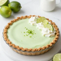 To make a no-bake key lime pie, you need these fresh and simple ingredients: - 1 &frac12; cups graham cracker crumbs - &frac12; cup granulated sugar - &frac12; cup unsalted butter, melted - 1 can (14 ounces) sweetened condensed milk - &frac12; cup fresh lime juice - Zest of 2 limes - 1 teaspoon vanilla extract - 1 cup heavy whipping cream - 2 tablespoons powdered sugar These ingredients work together to create a creamy, zesty pie. The graham cracker crust gives a nice crunch. The sweetened condensed milk adds creaminess. Fresh lime juice and zest bring bright flavor. I love using fresh lime juice for the best taste. The whipped cream makes the filling light and airy. This simple list helps you create a delightful dessert that everyone will enjoy. {{ingredient_image_1}} 1. In a mixing bowl, combine 1 &frac12; cups of graham cracker crumbs and &frac12; cup of granulated sugar. 2. Pour in &frac12; cup of melted butter. Mix until the texture looks like wet sand. 3. Press this mixture firmly into the bottom and up the sides of a 9-inch pie dish. 4. Chill this crust in the fridge for about 30 minutes to set. 1. In a separate bowl, whisk together one can (14 ounces) of sweetened condensed milk, &frac12; cup of fresh lime juice, lime zest from 2 limes, and 1 teaspoon of vanilla extract. Mix until smooth. 2. In another bowl, whip 1 cup of heavy cream with 2 tablespoons of powdered sugar until it reaches stiff peaks. 1. Gently fold the whipped cream into the lime mixture. Be careful not to deflate the cream. 2. Pour the key lime filling into the chilled crust. Smooth the top with a spatula. 3. Cover the pie with plastic wrap and refrigerate for at least 4 hours or overnight for best results. This helps the filling firm up. 4. Once set, slice the pie and serve it chilled. You can add lime slices or a dollop of whipped cream for garnish if you'd like. Using fresh lime juice makes a big difference. Fresh juice gives the pie its bright taste. It adds a zesty kick that bottled juice cannot match. When you squeeze your limes, aim for about half a cup. This usually means 4-5 limes, depending on their size. Folding the whipped cream into the lime mixture is key. Start by adding a small bit of the whipped cream to the lime mix. This helps lighten the mixture. Then, gently fold in the rest. Use a spatula and scoop from the bottom up. Be careful not to deflate the whipped cream. You want it light and fluffy. Garnish your pie for that extra touch. Lime slices look beautiful on top. They add a pop of color and hint at the flavor inside. You can also add a dollop of whipped cream. This adds creaminess and makes each bite delightful. If you want more color, try adding some lime zest on top. Finding the right balance is important. If you like sweeter pies, add a bit more sugar. You can adjust the sweetness in the filling. Start by adding a tablespoon of sugar and taste. If it needs more, add more slowly. For those who love tart flavors, add more lime juice. Just a teaspoon or two can make a big change. Remember, the key is to taste as you go. You can always adjust to make it just right for you. Pro Tips Use Fresh Limes: For the best flavor, always use fresh limes instead of bottled lime juice. This ensures your pie has that zesty kick! Chill the Crust: Make sure to chill the crust for at least 30 minutes. This helps it set properly and makes it easier to slice later. Whip Cream to Stiff Peaks: When whipping the cream, aim for stiff peaks. This will give your filling a light and airy texture. Let it Set Overnight: For the best flavor and texture, let the pie set in the refrigerator overnight. This allows the filling to firm up perfectly. {{image_2}} You can easily switch up the flavors in your No-Bake Key Lime Pie. For a tropical twist, add shredded coconut. Just fold in about a cup of unsweetened coconut before you pour in the filling. If you enjoy berries, try a raspberry version. Simply blend fresh or frozen raspberries into the lime mixture. For a brighter taste, switch to other citrus fruits. Oranges or lemons work well too. Each option brings a new surprise to your taste buds. If you need a gluten-free crust, use almond flour instead of graham cracker crumbs. Mix it with melted butter and a bit of sugar. Press this into your pie dish just like the original recipe. For a fun twist, try a chocolate crust. Use crushed chocolate cookies mixed with melted butter. This chocolatey base pairs great with the tart lime filling and adds a rich flavor. Each crust option offers a unique bite to your pie. You can store your no-bake key lime pie in the fridge for up to three days. Keep it covered with plastic wrap to maintain freshness. If you want to enjoy it later, remember to check on its texture. The pie should be firm but still creamy. Freezing this pie is simple. First, slice the pie into pieces. Wrap each slice in plastic wrap, then place them in a freezer-safe bag. This helps to keep the pie fresh. You can freeze it for up to three months. When you're ready to eat, take a slice out and let it thaw in the fridge for a few hours. This way, it stays tasty and fresh. Enjoy your pie at any time! You can use bottled lime juice, but fresh juice is best. Fresh lime juice has a bright taste. Bottled juice may taste flat. This can affect your pie's flavor. If you choose bottled juice, look for one labeled 100% juice. It should have no added sugars or preservatives. The pie is set when the filling is firm. You can check by gently shaking the pie dish. If the center jiggles slightly, it might need more time. Also, the filling should not feel sticky. After chilling, it should be smooth and creamy. Yes, you can make this pie ahead of time. It stores well in the fridge for up to three days. Just cover it with plastic wrap. For best taste, let the pie chill overnight. This helps the flavors blend. You can serve it chilled, and it will still taste fresh. This recipe shows how to make a delicious lime pie. We covered the key ingredients, step-by-step instructions, and helpful tips. You learned about variations, storage options, and answered common questions. Try adding your flavors or using a different crust. Serve it with a garnish to impress friends and family. Enjoy the bright taste of lime with each bite. This pie is a treat you can make anytime and share with others. Happy baking!