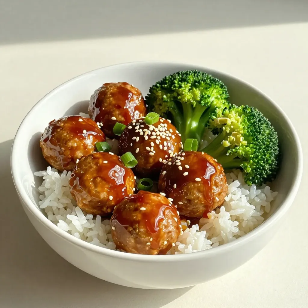 - 1 pound ground chicken or turkey - 1/2 cup panko breadcrumbs - 1/4 cup green onions, finely chopped - 1 teaspoon ginger, grated - 1 tablespoon garlic, minced For the meatballs, I like to use ground chicken or turkey. They stay moist and soak up flavors well. Panko breadcrumbs add a nice crunch and help keep the meatballs light. Green onions and garlic bring fresh taste and aroma to the dish. Grated ginger gives a warm zing, making each bite exciting. - 1/4 cup soy sauce (low sodium) - 2 tablespoons honey or agave syrup - 1 tablespoon sesame oil - 1 tablespoon rice vinegar In the teriyaki sauce, low sodium soy sauce is key. It gives a salty kick without being too strong. Honey or agave syrup adds sweetness, balancing the flavors. Sesame oil gives a nutty taste, while rice vinegar adds a bit of tang. Together, they create a sauce that is rich and savory. - 1 cup cooked jasmine rice (or brown rice) - 1 cup steamed broccoli florets - Sesame seeds for garnish - Extra green onions for garnish When serving, I like to use jasmine or brown rice as a base. The fluffy rice soaks up the sauce well. Steamed broccoli adds color and nutrition. For the final touch, sprinkle sesame seeds and extra green onions on top. These garnishes not only look good but also add crunch and fresh flavor. {{ingredient_image_1}} First, preheat your oven to 400°F (200°C). This makes sure the meatballs cook evenly. While the oven warms up, line a baking sheet with parchment paper. This helps with easy cleanup after baking. In a large mixing bowl, combine the ground chicken or turkey, panko breadcrumbs, chopped green onions, grated ginger, minced garlic, and one tablespoon of soy sauce. Mix everything well until it’s combined. This is where the magic begins. Shape the mixture into meatballs, about 1.5 inches wide. Place each meatball on the lined baking sheet. Bake them in the oven for 15-20 minutes. You want them golden brown and fully cooked. This step fills your kitchen with a lovely aroma. For the teriyaki sauce, take a small saucepan and add the remaining soy sauce, honey or agave syrup, sesame oil, and rice vinegar. Stir until it’s all mixed. Cook over medium heat until it simmers. This usually takes about 3-5 minutes. You’ll notice the sauce thickening up nicely. Once the meatballs are done, place them in a large bowl. Pour the teriyaki sauce over the meatballs. Toss them gently to coat each meatball well. Now, in serving bowls, add a scoop of cooked jasmine rice. Top it with those delicious teriyaki meatballs and some steamed broccoli. For the final touch, sprinkle sesame seeds and extra chopped green onions on top. This adds color and more flavor. Your teriyaki meatball bowls look fantastic and taste even better! For moist meatballs, I recommend using ground chicken or turkey. These meats keep the meatballs juicy. Add panko breadcrumbs to help with texture. They hold moisture well and give a nice bite. Keep the meatballs around 1.5 inches in size. This helps them cook evenly. Bake them at 400°F for 15-20 minutes. Check that they turn golden brown and are cooked all the way through. An instant-read thermometer should read 165°F in the center. To adjust the teriyaki sauce, start with low-sodium soy sauce. This keeps the dish from being too salty. You can add honey or agave syrup for sweetness. If you like it sweeter, add more honey. If you want less sweetness, cut back on the honey. A little rice vinegar gives the sauce a nice tang. Taste the sauce as you go. This way, you can find the right balance of sweet and salty. Stir the sauce well before pouring it over the meatballs. When serving, use colorful bowls to make the dish pop. Start with jasmine or brown rice as the base. Next, add the teriyaki meatballs on top. Place steamed broccoli beside the meatballs for color and nutrition. For extra flair, sprinkle sesame seeds and chopped green onions on top. These add flavor and a nice crunch. You can also add a lime wedge for a fresh twist. Use chopsticks for a fun touch and to make it more authentic! Pro Tips Use Fresh Ingredients: Fresh ginger and garlic can significantly enhance the flavor of your meatballs. Opt for freshly grated ginger and minced garlic rather than powdered versions for the best taste. Don't Overmix: When combining the meatball ingredients, mix just until combined. Overmixing can lead to tough meatballs. Experiment with Vegetables: Feel free to add other steamed vegetables like snap peas or bell peppers for added nutrition and color in your bowls. Make Ahead: You can prepare the meatballs and teriyaki sauce ahead of time. Store them separately in the fridge for up to 2 days, and simply reheat when ready to serve. {{image_2}} You can switch the ground chicken or turkey for other meats. Ground beef adds a rich flavor. Pork brings a nice sweetness to the dish. If you're vegan, try plant-based meat. Many brands offer great texture and taste. If you want a lighter sauce, go for low-sugar teriyaki sauces. They cut down on calories but keep the flavor. You can also make your own sauce. Just mix soy sauce, honey, and sesame oil. This way, you know exactly what’s in it. Switch up the vegetables or grains in your bowl. Try adding bell peppers or snap peas for crunch. You can also use quinoa instead of rice. It adds protein and a nutty taste. Don't be afraid to mix and match your favorites! After enjoying your teriyaki meatball bowls, store any leftovers in an airtight container. Place them in the fridge for up to three days. If you want to save them longer, freeze the meatballs and sauce separately. They can last for up to three months in the freezer. Just remember to label the containers with the date. This way, you can enjoy tasty meals later. To reheat your teriyaki meatballs, use the microwave or oven. If using the microwave, place the meatballs in a bowl with a splash of water. Cover it with a lid or wrap. Heat in short bursts for one minute. Stir and check until hot. If using the oven, preheat it to 350°F (175°C). Place the meatballs in a baking dish and cover with foil. Heat for about 10-15 minutes. This keeps them moist and tasty. For easy meals, prep your teriyaki meatballs ahead of time. Shape the meatballs and freeze them raw. This way, you can cook just what you need. For lunches, pack rice, meatballs, and veggies in meal prep containers. This makes grabbing a quick meal simple and fast. You can also add extra toppings like sesame seeds or green onions when you’re ready to eat. Yes, you can use various ground meats. Ground turkey or chicken are great choices. You can also try ground beef or pork. Each meat gives a unique flavor. For a plant-based option, use ground tofu or tempeh. Just ensure the meat is well-seasoned to keep those flavors strong. To thicken your teriyaki sauce, simmer it longer. This reduces the liquid and makes it thicker. You can also mix a tablespoon of cornstarch with water. Stir this mix into the sauce as it simmers. Cook until it thickens to your desired level. Adjust the sweetness or saltiness to keep the flavor balanced. Yes, this recipe is great for meal prep. You can make the meatballs and sauce ahead of time. Store them in separate containers in the fridge. They last for up to four days. Reheat the meatballs in the oven or microwave. This makes it easy to enjoy a tasty meal all week. You can serve teriyaki meatballs with rice and veggies. Jasmine or brown rice works well. Steamed broccoli is a perfect match, but you can also add bell peppers or snap peas. For extra flavor, consider pickled vegetables or a side salad. Add some lime wedges for a zesty kick. This post covered how to make tasty teriyaki meatballs. We discussed main ingredients, including ground chicken and panko breadcrumbs. I shared steps for baking, making sauce, and serving with rice and broccoli. You can even switch up the protein and sides to match your taste. Remember to store leftovers well and reuse them for quick meals. Enjoy creating this dish, and make it your own with the tips and variations provided!