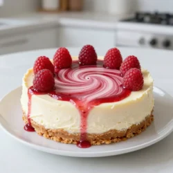 - 1 &frac12; cups graham cracker crumbs - &frac12; cup unsalted butter, melted - 1 cup fresh raspberries (plus extra for garnish) - 2 tablespoons sugar (for raspberries) - 16 oz cream cheese, softened - 1 cup sugar - 3 large eggs - 1 teaspoon vanilla extract - 2 tablespoons all-purpose flour - &frac12; cup sour cream The ingredients for raspberry swirl cheesecake are simple yet flavorful. You need graham cracker crumbs for the crust. The butter helps bind them together. Fresh raspberries add a bright, tart flavor. Sugar sweetens both the raspberries and the cheesecake itself. Cream cheese gives the cheesecake its rich texture. Eggs help set the filling. Vanilla extract enhances the flavors. All-purpose flour adds structure, while sour cream keeps it creamy. - For gluten-free options, use gluten-free graham crackers for the crust. - If you want to cut sugar, try using honey or maple syrup. - For a dairy-free version, opt for vegan cream cheese and coconut yogurt. These substitutions let you enjoy this cheesecake, no matter your diet. Use gluten-free crackers if you need to avoid gluten. Choose natural sweeteners if you prefer less refined sugar. Dairy-free options ensure everyone can enjoy this dessert. {{ingredient_image_1}} To make the raspberry swirl, start with fresh raspberries. Place them in a small saucepan over medium heat. Add 2 tablespoons of sugar. Cook this mixture gently for about 5-7 minutes. You want the raspberries to break down and form a thick sauce. Once ready, remove it from the heat and let it cool slightly. This cooling helps keep the flavor fresh when you add it to the cheesecake. First, preheat your oven to 325&deg;F (160&deg;C). In a mixing bowl, combine 1 &frac12; cups of graham cracker crumbs and &frac12; cup of melted unsalted butter. Mix well until the crumbs are fully coated. Next, press the mixture firmly into the bottom of a 9-inch springform pan. Bake this crust for 10 minutes. After baking, let it cool before adding the cheesecake filling. In a large bowl, take 16 oz of softened cream cheese. Beat it with a hand mixer until smooth. Gradually add in 1 cup of sugar, mixing until well combined. Then, add 3 large eggs, one at a time. Mix well after each egg. Next, add 1 teaspoon of vanilla extract and &frac12; cup of sour cream. Mix until fully combined. Finally, sprinkle in 2 tablespoons of flour and mix carefully. Be sure not to overmix, as this can make the cheesecake dense. Now it's time to combine the cheesecake batter with your raspberry sauce. Pour half of the cheesecake batter over the cooled crust. Drizzle half of the raspberry sauce over this layer. Use a knife to swirl the sauce gently into the batter. Repeat this step with the remaining batter and raspberry sauce. This layering creates a beautiful swirl pattern on top. Bake the cheesecake in your preheated oven for 55-60 minutes. The center should look slightly set but have a slight jiggle. Once done, turn off the oven and crack the door slightly. Let the cheesecake cool inside for about 1 hour. This helps prevent cracking as it cools down. After the cheesecake cools, remove it from the oven. Let it cool to room temperature. Once it&rsquo;s cool, cover it with plastic wrap. Refrigerate for at least 4 hours or overnight for the best flavor. When ready to serve, garnish the top with fresh raspberries. Slice and enjoy the delightful mix of creaminess and tangy raspberry flavor! To avoid cracks on your cheesecake, cool it slowly. After baking, turn off the oven. Crack the door open and let it cool for about an hour. This step helps prevent sudden temperature changes that cause cracks. Using room temperature ingredients is key for a smooth filling. When your cream cheese is warm, it mixes better. Eggs should also be at room temperature. This creates a creamy texture without lumps. One common mistake is overmixing the batter. Mix just until combined, especially after adding eggs. Overmixing can introduce air, leading to cracks during baking. Another issue is incorrect baking times. Each oven is different. Start checking your cheesecake at 55 minutes. The center should look set but still jiggle slightly. For the best results, use a 9-inch springform pan. This allows you to remove the cheesecake easily after baking. Make sure your pan has a tight seal to prevent leaks. Essential kitchen gadgets include a hand mixer for smooth batter. A rubber spatula helps in folding in raspberry sauce without overmixing. A knife or skewer is great for creating those beautiful swirls! Pro Tips Use Room Temperature Ingredients: Ensure that your cream cheese, eggs, and sour cream are at room temperature before mixing. This helps achieve a smoother batter and prevents lumps. Prevent Cracking: Cooling the cheesecake gradually in the oven after baking can help prevent cracks. Avoid sudden temperature changes, which can cause the surface to crack. Swirl Gently: When adding the raspberry sauce, use a skewer or a knife to gently swirl it into the batter. Be careful not to over-mix, as you want to maintain a beautiful swirl pattern. Garnish for Presentation: For an elegant touch, garnish the cheesecake with additional fresh raspberries and a dusting of powdered sugar just before serving. This adds visual appeal and enhances the flavor. {{image_2}} You can swap raspberries for other fruits. Strawberries work great. Just mash them like raspberries. Blueberries also add a nice touch. You can even make a mixed berry version. Combine raspberries, strawberries, and blueberries for a fruity delight. The colors will pop and the taste will be amazing! Want to get fancy? Try adding chocolate or caramel to your cheesecake. Drizzle some melted chocolate on top before serving. For caramel, mix it into the batter. You can also use flavored extracts. Almond or lemon extracts can add a unique twist to your cheesecake. Just be careful not to add too much. A teaspoon usually does the trick! If you follow a vegan diet, you can still enjoy this cheesecake. Use vegan cream cheese and a nut-based crust instead of graham crackers. For a keto-friendly version, swap sugar for a low-carb sweetener. Also, use almond flour instead of graham cracker crumbs. These options keep the taste while fitting your diet. Enjoy your cheesecake without worry! To keep your raspberry swirl cheesecake fresh, refrigerate it right after it cools. Wrap it tightly in plastic wrap. This helps prevent it from drying out. Place the cheesecake in an airtight container for extra protection. If you want to store it for a long time, freezing is a great option. Slice the cheesecake first, then wrap each piece in plastic wrap. After that, place the wrapped slices in a freezer bag. This way, you can enjoy a slice anytime! In the fridge, your cheesecake will last about 4 to 5 days. If you freeze it, it can last up to 2 months. Always check for signs of spoilage. If you see any mold or if it smells off, it&rsquo;s best to throw it away. When cheesecake goes bad, it can become dry or change color. You don&rsquo;t really need to reheat cheesecake. It&rsquo;s best served chilled. If you want to bring it to room temperature, let it sit out for about 30 minutes. This helps enhance the flavors. Avoid using a microwave as it can change the texture. Enjoy your cheesecake as it is, cold and creamy! You can skip baking by using a no-bake method. For the crust, use crushed graham crackers mixed with melted butter. Press this mixture into your pan. For the filling, beat cream cheese with sugar until smooth. Add sour cream and vanilla extract for flavor. Mix until smooth. Then, fold in your raspberry sauce. Pour this into the crust and chill it in the fridge for at least four hours. This gives you a creamy cheesecake without baking! Yes, you can use frozen raspberries! They work well, but you may need to adjust the recipe. Thaw the raspberries first and drain excess liquid. Cook them just like fresh raspberries to make the sauce. The cooking time may be a bit longer since they are frozen. Keep an eye on the sauce to ensure it thickens nicely. To cut cheesecake neatly, use a sharp knife. Dip the knife in hot water and wipe it dry before each cut. This helps create cleaner slices. You can also use a cake wire or a thin spatula for precise cutting. Always cut straight down and avoid sawing back and forth. Yes, you can! While graham crackers are classic, you can try other crust options. Use crushed cookies like Oreos or vanilla wafers for a different flavor. You can even make a nut crust using ground almonds or pecans for a gluten-free option. Just make sure to mix with butter for the right texture! To check if your cheesecake is done, look for a slight jiggle in the center. The edges should be set, but the middle can still wobble a bit. You can also insert a toothpick. If it comes out clean or with just a few crumbs, it&rsquo;s ready. Let it cool in the oven with the door slightly open to prevent cracks. This blog post covered how to make a delicious raspberry swirl cheesecake. I explained the ingredients, including possible substitutes for special diets. You learned step-by-step how to prepare, bake, and cool your cheesecake to perfection. I shared helpful tips to avoid common mistakes and introduced fun variations to try. Remember, storage matters to keep your cheesecake fresh. With these insights, you are now ready to impress with your cheesecake skills. Enjoy making this treat and share it with loved ones!