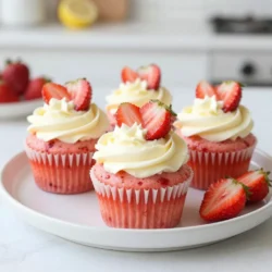 - 1 &frac12; cups all-purpose flour - 1 teaspoon baking powder - &frac12; teaspoon baking soda - &frac12; teaspoon salt - &frac12; cup unsalted butter, softened - 1 cup granulated sugar - 2 large eggs - 1 teaspoon vanilla extract - &frac12; cup buttermilk - Zest of 1 lemon - 1 tablespoon freshly squeezed lemon juice - 1 cup fresh strawberries, pureed - 1 cup unsalted butter, softened - 4 cups powdered sugar - 2 tablespoons heavy cream - 1 tablespoon freshly squeezed lemon juice - &frac12; cup fresh strawberries, finely chopped When baking, I always ensure I have the right ingredients. For these cupcakes, I gather all the dry and wet items first. This keeps everything organized and makes the process smooth. The dry mix includes all-purpose flour, baking powder, baking soda, and salt. These ingredients form the base of the cupcakes. The baking powder and soda help them rise. Next, I focus on the wet ingredients. I cream the softened butter and sugar until light. Then I add the eggs, vanilla, buttermilk, lemon zest, and lemon juice. Each adds a special flavor to the mix. The fresh strawberries are key. I puree them for a bright, sweet taste. For the frosting, I use softened butter and powdered sugar. These create a fluffy texture. Adding heavy cream and lemon juice enhances flavor. Finally, I mix in finely chopped strawberries for extra sweetness. Optional garnishes like strawberry slices or lemon zest can make the cupcakes look even prettier. These small touches add freshness and color. With these ingredients ready, you will create delightful strawberry lemonade cupcakes! {{ingredient_image_1}} Preheat your oven to 350&deg;F (175&deg;C). Line your cupcake pan with cupcake liners. This will help the cupcakes come out easily. In a large bowl, cream &frac12; cup of softened butter with 1 cup of granulated sugar. Mix this for about 3-4 minutes until it's light and fluffy. Next, add 2 large eggs one at a time. Make sure to mix well after each egg. Now, stir in 1 teaspoon of vanilla extract and the zest of 1 lemon. This adds a bright flavor to your batter. In another bowl, whisk together 1 &frac12; cups of all-purpose flour, 1 teaspoon of baking powder, &frac12; teaspoon of baking soda, and &frac12; teaspoon of salt. This is your dry mix. Gradually add this dry mix to your wet mixture. Alternate this with &frac12; cup of buttermilk and 1 tablespoon of freshly squeezed lemon juice. Mix until just combined. Now, gently fold in 1 cup of fresh strawberry puree. This will give your batter a lovely pink color and sweet taste. Divide the batter evenly among the cupcake liners. Fill each liner about 2/3 full. Bake them in your preheated oven for 18-20 minutes. To check if they are done, insert a toothpick in the center. If it comes out clean, they are ready. Let the cupcakes cool in the pan for 5 minutes. After that, transfer them to a wire rack to cool completely. This cooling step is important before you add the frosting. To ensure your strawberry lemonade cupcakes rise properly, use fresh ingredients. Make sure your baking powder and baking soda are not expired. This helps the cupcakes rise and stay fluffy. When mixing, do not overmix the batter. This will keep your cupcakes light. To check for doneness, insert a toothpick into the center of a cupcake. If it comes out clean, they are ready. If it has batter on it, bake for a few more minutes. Achieving the perfect frosting consistency is key. Start with softened butter for easy mixing. Gradually add powdered sugar, mixing on low. After that, add lemon juice and heavy cream. Beat until fluffy and smooth. When piping frosting, use a piping bag with your favorite tip. Start from the outside edge of the cupcake and work your way in. This creates a beautiful swirl. You can also use a spatula for a more rustic look. For garnishing cupcakes, add a fresh strawberry slice on top. You can also sprinkle some lemon zest for a pop of color. This adds a nice touch and makes them look appealing. When serving, place the cupcakes on a pretty plate. You can arrange them in a circle for a fun display. Consider adding a few extra strawberries around the cupcakes for a festive look. Pro Tips Use Fresh Ingredients: Always opt for fresh strawberries and lemons to enhance the flavor of your cupcakes. Do Not Overmix: When combining the wet and dry ingredients, mix just until incorporated to keep your cupcakes light and fluffy. Cool Completely: Ensure your cupcakes are fully cooled before frosting to prevent the frosting from melting. Experiment with Frosting: Feel free to add a hint of lemon zest or additional strawberry puree to the frosting for an extra flavor boost. {{image_2}} Vegan strawberry lemonade cupcakes You can easily make vegan strawberry lemonade cupcakes. Replace eggs with flaxseed meal or applesauce. Use coconut or almond milk instead of buttermilk. For butter, choose a vegan option like coconut oil. This way, everyone can enjoy these tasty treats! Gluten-free options for the recipe To make gluten-free cupcakes, swap all-purpose flour for a gluten-free blend. Look for a mix that includes xanthan gum. This will help the cupcakes rise and stay moist. Just be sure to check labels for any hidden gluten in your other ingredients. Adding different fruits like raspberries or blueberries Want to mix it up? Try adding raspberries or blueberries to the batter. These fruits bring a new twist to the flavor. Just make sure to chop them finely and fold them gently into the batter. This keeps the cupcakes light and fluffy. Alternative frosting flavors You can also change up the frosting. Try adding lime juice for a zesty kick. Or mix in a bit of orange zest for a fresh twist. These small changes can make your cupcakes stand out at any gathering. Making mini cupcakes instead If you want bite-sized treats, make mini cupcakes! Just fill the liners less than you would for regular cupcakes. Bake for about 10-12 minutes instead of 18-20 minutes. They are perfect for parties or as a sweet snack! Creative serving ideas for parties For a fun twist, serve your cupcakes on a tiered stand. Add colorful decorations like fresh strawberries or lemon slices on top. This makes your treats not only tasty but also beautiful to look at! To keep your strawberry lemonade cupcakes fresh, store them in an airtight container. This method helps seal in moisture. If you have frosting on them, keep them at room temperature for up to two days. For longer storage, place the cupcakes in the fridge. Remember to let them return to room temp before serving. This way, the flavors stay bright and yummy. You can freeze these cupcakes for later enjoyment. First, let them cool completely. Then, wrap each cupcake tightly in plastic wrap. Place them in a freezer-safe bag or container. They can last up to three months in the freezer. If you want to freeze the frosting, store it separately in a sealed container. To thaw, just take the cupcakes out and leave them at room temperature for about an hour. If you froze the frosting, let it sit out for 30 minutes. Then, re-whip it for the best taste and texture. Enjoy your delightful treats any time! Can I use frozen strawberries? Yes, you can use frozen strawberries. Just thaw and puree them. Drain any extra liquid. This keeps the cupcakes moist and flavorful. How can I make these cupcakes without eggs? You can replace eggs with applesauce or a flaxseed mixture. Use 1/4 cup applesauce for each egg. For flaxseed, mix 1 tablespoon ground flax with 2.5 tablespoons water. Let it sit until gel-like. What to do if cupcakes are too dense? If your cupcakes are too dense, check your baking powder and baking soda. They should be fresh. Also, make sure you didn&rsquo;t overmix the batter. Mix until just combined. How to fix frosting that is too runny? If your frosting is runny, add more powdered sugar. Start with a little at a time. Beat it well until it thickens. You can also chill it for a short time. What flavors pair well with strawberry lemonade cupcakes? These cupcakes go well with lemon, mint, and vanilla. You can also try pairing them with whipped cream or fresh fruit. They add a nice touch. Ideas for serving at events or gatherings Serve these cupcakes on a colorful platter for a bright look. Add fresh strawberries or lemon slices on top. You can also offer drinks like lemonade or iced tea alongside. In this article, we explored the tasty world of strawberry lemonade cupcakes. We covered essential ingredients, from flour and sugar to fresh strawberries. I shared step-by-step instructions to make the batter and bake your cupcakes perfectly. We also tackled frosting techniques and offered tips for presentation. You can even try different variations to fit dietary needs. Remember, baking is fun! Enjoy the process, experiment, and share your delicious results. Happy baking!