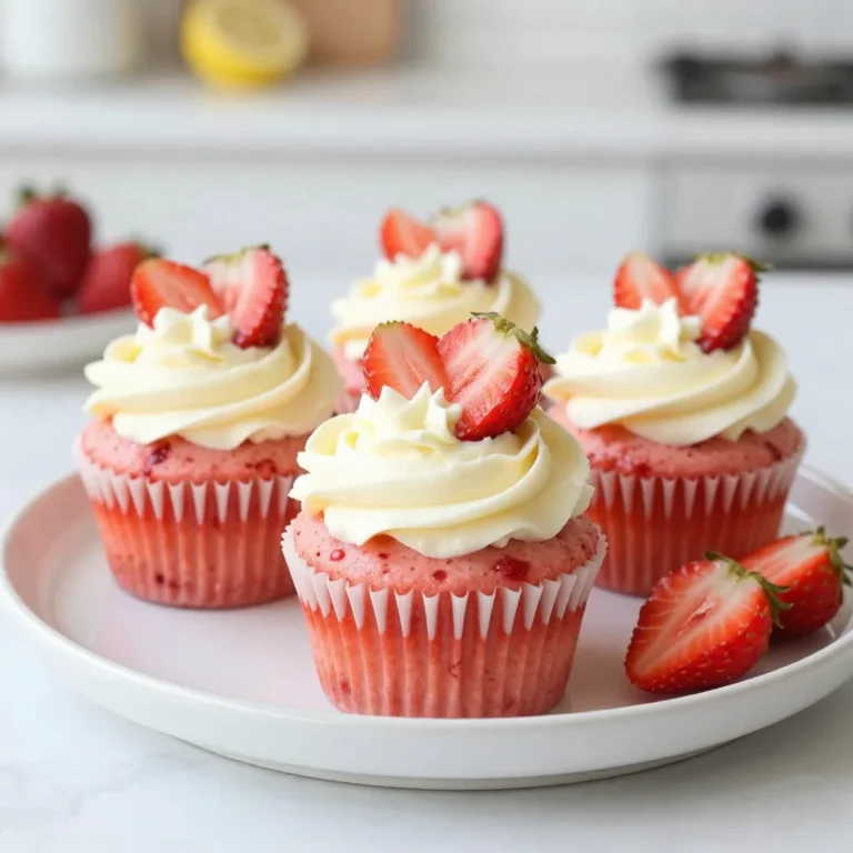 - 1 ½ cups all-purpose flour - 1 teaspoon baking powder - ½ teaspoon baking soda - ½ teaspoon salt - ½ cup unsalted butter, softened - 1 cup granulated sugar - 2 large eggs - 1 teaspoon vanilla extract - ½ cup buttermilk - Zest of 1 lemon - 1 tablespoon freshly squeezed lemon juice - 1 cup fresh strawberries, pureed - 1 cup unsalted butter, softened - 4 cups powdered sugar - 2 tablespoons heavy cream - 1 tablespoon freshly squeezed lemon juice - ½ cup fresh strawberries, finely chopped When baking, I always ensure I have the right ingredients. For these cupcakes, I gather all the dry and wet items first. This keeps everything organized and makes the process smooth. The dry mix includes all-purpose flour, baking powder, baking soda, and salt. These ingredients form the base of the cupcakes. The baking powder and soda help them rise. Next, I focus on the wet ingredients. I cream the softened butter and sugar until light. Then I add the eggs, vanilla, buttermilk, lemon zest, and lemon juice. Each adds a special flavor to the mix. The fresh strawberries are key. I puree them for a bright, sweet taste. For the frosting, I use softened butter and powdered sugar. These create a fluffy texture. Adding heavy cream and lemon juice enhances flavor. Finally, I mix in finely chopped strawberries for extra sweetness. Optional garnishes like strawberry slices or lemon zest can make the cupcakes look even prettier. These small touches add freshness and color. With these ingredients ready, you will create delightful strawberry lemonade cupcakes! {{ingredient_image_1}} Preheat your oven to 350°F (175°C). Line your cupcake pan with cupcake liners. This will help the cupcakes come out easily. In a large bowl, cream ½ cup of softened butter with 1 cup of granulated sugar. Mix this for about 3-4 minutes until it's light and fluffy. Next, add 2 large eggs one at a time. Make sure to mix well after each egg. Now, stir in 1 teaspoon of vanilla extract and the zest of 1 lemon. This adds a bright flavor to your batter. In another bowl, whisk together 1 ½ cups of all-purpose flour, 1 teaspoon of baking powder, ½ teaspoon of baking soda, and ½ teaspoon of salt. This is your dry mix. Gradually add this dry mix to your wet mixture. Alternate this with ½ cup of buttermilk and 1 tablespoon of freshly squeezed lemon juice. Mix until just combined. Now, gently fold in 1 cup of fresh strawberry puree. This will give your batter a lovely pink color and sweet taste. Divide the batter evenly among the cupcake liners. Fill each liner about 2/3 full. Bake them in your preheated oven for 18-20 minutes. To check if they are done, insert a toothpick in the center. If it comes out clean, they are ready. Let the cupcakes cool in the pan for 5 minutes. After that, transfer them to a wire rack to cool completely. This cooling step is important before you add the frosting. To ensure your strawberry lemonade cupcakes rise properly, use fresh ingredients. Make sure your baking powder and baking soda are not expired. This helps the cupcakes rise and stay fluffy. When mixing, do not overmix the batter. This will keep your cupcakes light. To check for doneness, insert a toothpick into the center of a cupcake. If it comes out clean, they are ready. If it has batter on it, bake for a few more minutes. Achieving the perfect frosting consistency is key. Start with softened butter for easy mixing. Gradually add powdered sugar, mixing on low. After that, add lemon juice and heavy cream. Beat until fluffy and smooth. When piping frosting, use a piping bag with your favorite tip. Start from the outside edge of the cupcake and work your way in. This creates a beautiful swirl. You can also use a spatula for a more rustic look. For garnishing cupcakes, add a fresh strawberry slice on top. You can also sprinkle some lemon zest for a pop of color. This adds a nice touch and makes them look appealing. When serving, place the cupcakes on a pretty plate. You can arrange them in a circle for a fun display. Consider adding a few extra strawberries around the cupcakes for a festive look. Pro Tips Use Fresh Ingredients: Always opt for fresh strawberries and lemons to enhance the flavor of your cupcakes. Do Not Overmix: When combining the wet and dry ingredients, mix just until incorporated to keep your cupcakes light and fluffy. Cool Completely: Ensure your cupcakes are fully cooled before frosting to prevent the frosting from melting. Experiment with Frosting: Feel free to add a hint of lemon zest or additional strawberry puree to the frosting for an extra flavor boost. {{image_2}} Vegan strawberry lemonade cupcakes You can easily make vegan strawberry lemonade cupcakes. Replace eggs with flaxseed meal or applesauce. Use coconut or almond milk instead of buttermilk. For butter, choose a vegan option like coconut oil. This way, everyone can enjoy these tasty treats! Gluten-free options for the recipe To make gluten-free cupcakes, swap all-purpose flour for a gluten-free blend. Look for a mix that includes xanthan gum. This will help the cupcakes rise and stay moist. Just be sure to check labels for any hidden gluten in your other ingredients. Adding different fruits like raspberries or blueberries Want to mix it up? Try adding raspberries or blueberries to the batter. These fruits bring a new twist to the flavor. Just make sure to chop them finely and fold them gently into the batter. This keeps the cupcakes light and fluffy. Alternative frosting flavors You can also change up the frosting. Try adding lime juice for a zesty kick. Or mix in a bit of orange zest for a fresh twist. These small changes can make your cupcakes stand out at any gathering. Making mini cupcakes instead If you want bite-sized treats, make mini cupcakes! Just fill the liners less than you would for regular cupcakes. Bake for about 10-12 minutes instead of 18-20 minutes. They are perfect for parties or as a sweet snack! Creative serving ideas for parties For a fun twist, serve your cupcakes on a tiered stand. Add colorful decorations like fresh strawberries or lemon slices on top. This makes your treats not only tasty but also beautiful to look at! To keep your strawberry lemonade cupcakes fresh, store them in an airtight container. This method helps seal in moisture. If you have frosting on them, keep them at room temperature for up to two days. For longer storage, place the cupcakes in the fridge. Remember to let them return to room temp before serving. This way, the flavors stay bright and yummy. You can freeze these cupcakes for later enjoyment. First, let them cool completely. Then, wrap each cupcake tightly in plastic wrap. Place them in a freezer-safe bag or container. They can last up to three months in the freezer. If you want to freeze the frosting, store it separately in a sealed container. To thaw, just take the cupcakes out and leave them at room temperature for about an hour. If you froze the frosting, let it sit out for 30 minutes. Then, re-whip it for the best taste and texture. Enjoy your delightful treats any time! Can I use frozen strawberries? Yes, you can use frozen strawberries. Just thaw and puree them. Drain any extra liquid. This keeps the cupcakes moist and flavorful. How can I make these cupcakes without eggs? You can replace eggs with applesauce or a flaxseed mixture. Use 1/4 cup applesauce for each egg. For flaxseed, mix 1 tablespoon ground flax with 2.5 tablespoons water. Let it sit until gel-like. What to do if cupcakes are too dense? If your cupcakes are too dense, check your baking powder and baking soda. They should be fresh. Also, make sure you didn’t overmix the batter. Mix until just combined. How to fix frosting that is too runny? If your frosting is runny, add more powdered sugar. Start with a little at a time. Beat it well until it thickens. You can also chill it for a short time. What flavors pair well with strawberry lemonade cupcakes? These cupcakes go well with lemon, mint, and vanilla. You can also try pairing them with whipped cream or fresh fruit. They add a nice touch. Ideas for serving at events or gatherings Serve these cupcakes on a colorful platter for a bright look. Add fresh strawberries or lemon slices on top. You can also offer drinks like lemonade or iced tea alongside. In this article, we explored the tasty world of strawberry lemonade cupcakes. We covered essential ingredients, from flour and sugar to fresh strawberries. I shared step-by-step instructions to make the batter and bake your cupcakes perfectly. We also tackled frosting techniques and offered tips for presentation. You can even try different variations to fit dietary needs. Remember, baking is fun! Enjoy the process, experiment, and share your delicious results. Happy baking!